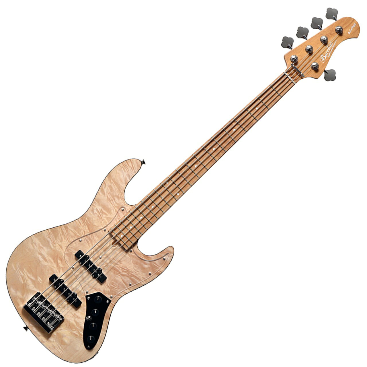 Headway、Seventy Sevenにて評価をいただいているJapan Tune-up series（通称『JTシリーズ』）が、ついにBacchusでも始動。 アジア工場で組み上げたギターを国内工房にて職人達が文字通り"チューンナップ"させることにより、より使いやすく、洗練したギターへと昇華させたコストパフォーマンスに優れたシリーズです。 上位機種ハンドメイドシリーズWOODLINEの演奏性を継承したコストパフォーマンスモデル。 ディンキーシェイプのボディはオーソドックスなJBスタイルながらシャープなシルエットで人気です。 キルトメイプルトップを採用した豪華なルックスにナトーボディ、ローステッドメイプルネック＆指板。 フィニッシュにはつや消しのサテン仕上げを採用しています。 本モデルはアクティブ仕様で、Volume、Balancer、Treble、Bassのレイアウトとなっており、幅広い音作りが出来ます。 使い方としては、Balancerでフロントピックアップとリアピックアップの出力のバランスを決め、Treble、Bassの2バンドEQで音の太さや抜け感といった音のバランスを変え、Volumeで最終的な音の大きさをセッティングし、バンドアンサンブルの中でのベースの出音を手元で設定します。 また、ボリュームノブとバランサーの間にプリアンプのON/OFFスイッチも搭載されているため、足元などで音作りがしたい方でも問題なくご使用いただけます。 ローステッドメイプルとはメイプルを高温で加熱処理して材の中の水分や油分を揮発させることにより剛性を高めた材。ネックに使用されるとその効果は安定性だけでなくサウンドにも及び、豊かな生鳴りと経年変化したビンテージのようなこなれたトーンを生み出します。 さらに比重の高い真鍮（ブラス）製のオリジナルネックプレートを採用。従来品に比べて重量があり、密の詰まった中低音域にかけて広がるベース・トーンが特徴です。見えないところにもバッカスのこだわり有り！ですネ ギグバック付属 【セール特価品】 特価価格販売品につき使用上問題のない外観上のわずかなチョイキズ,汚れ等ははご容赦下さいませ。 プレイヤビリティに関する初期不具合の場合は修理、もしくはご返金にて対応させて頂きます。 セール対象商品につき新品交換は出来ません。 店頭及び他のサイトでも販売しています。買い物かごに入れても売り切れの場合がございます。 ご了承の上、ご注文ください。 Specification Body Top : Quilted Maple Body : Nyato Neck :Roasted Maple Fingerboard : Roasted Maple Nut : PPS Bridge : JB bridge w/ brass saddle Machineheads : Opengear Fret : Nickel Silver Pickup : Original JB set Preamp : Bacchus BBP2 Control : 1Vol, 1Bal, Treble, Bass, Preamp On / Off Switch Scale : 864mm(34inch) Fingerboard Radius : 400R Width at Nut : 45.0mm Finish : Open-pore String : D&rsquo;addario XL-165-5 &nbsp; &nbsp; JTシリーズの製品では全てプレイヤーがすぐに実践使用を開始できることをイメージし、長野県松本市にあるディバイザー専門部署において1台1台手間暇を惜しまず調整とセットアップを行っています。 2001年から始まったBacchusの上位ラインのHandmade Seriesのスピリットを受けつぎ、プレイヤーの皆様が安心してその身を預け、さらに上のパフォーマンスを生み出す楽器を送り出します。最大の特徴は、経験豊富な日本の職人の手によって行われる最終工程。ディバイザーが有する国内部署「WDG（Workshop Deviser Guitars）」にて、プレイアビリティに直結する部分を丁寧に仕上げます。 &nbsp;&nbsp;&nbsp; 演奏性が向上するナット加工・サドル調整 &nbsp;&nbsp;&nbsp; 正確なトーンを生み出すフレットの仕上げ処理 上記の作業に加えて、弾きやすさに直結する弦高調整や指板の最終仕上げなどもチューンナップの項目として徹底的に行います。新品のギター、ベースは何かと弾きづらさを抱えることが多いですが、JTシリーズではご購入いただいたその日からプレイヤーの音楽ライフを支えられるようこだわりを持ち続けています。