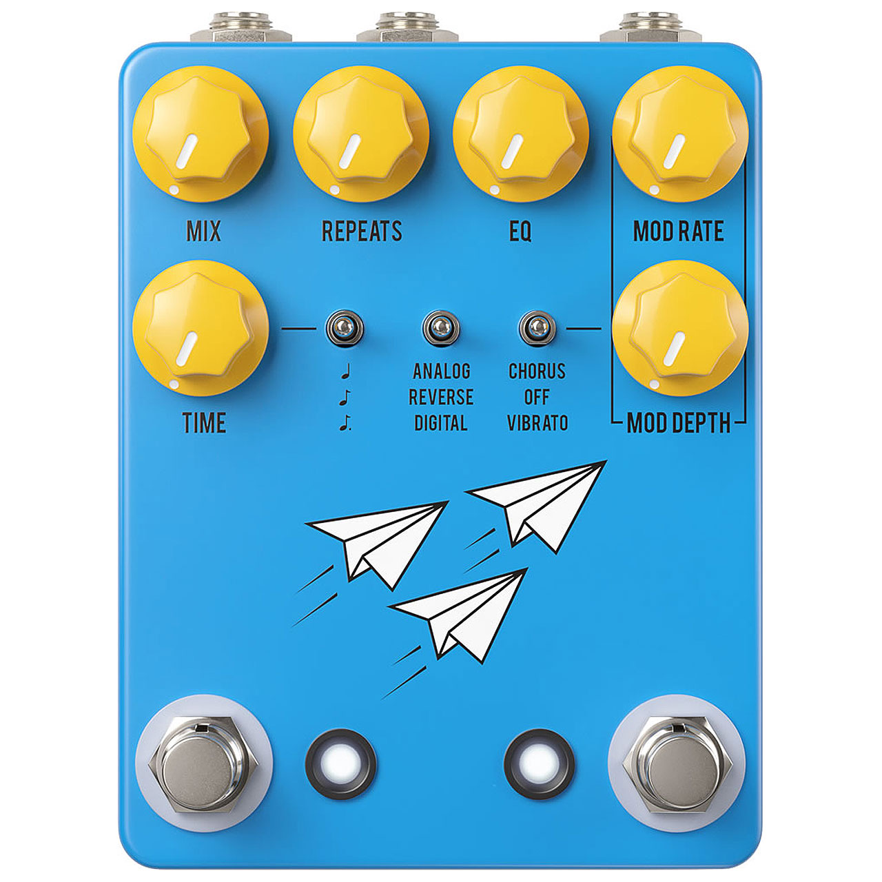 名機と言われるディレイにインスパイアされた3つのモードを搭載したディレイペダル JHS Pedals FLIGHT DELAY Blue &nbsp; JHS Pedals Flight Delayは、 「ディレイに必要なものは全て搭載し、必要でないものは一切搭載しない」という1つのゴールを目指して作られました。 複雑なエフェクターが溢れる中、私たちはその対極にある、最も必要なディレイ・タイプと重要な機能を兼ね備えた、 美しくシンプルなストンプボックスをお届けすることに尽力しました。 E HX Memory Man、Boss DD-5、Line 6 DL4 "リバース・モード "など、私のお気に入りのディレイに インスパイアされた3つのモード（アナログ、リバース、デジタル）を搭載したFlight Delayは、 どんなジャンルのプレイヤーにも馴染みやすく、刺激的で、汎用性があります。 欲しいサウンドを探すためにメニューを探したり、オプション画面を延々とスクロールしたり、 複雑なユーザー・インターフェースを必要とするディレイ・ペダルにうんざりしているなら、これ以上探す必要はありません。 ●往年の名機にインスパイアされたANALOG、DIGITAL、REVERSEの3モードを搭載。 ●CHORUS/OFF/VIBRATEの切り替えが可能なモジュレーションエフェクトを搭載。 ●サブディビジョン(4分/8分/付点8分)の切り替えが可能なタップテンポ機能を搭載。 ●TAP/EXPジャックにより、タップテンポやエクスプレッション・ペダルによるディレイタイムのコントロールが可能。 -SPEC- ■入出力端子：インプット、アウトプット、TAP/EXP ■コントロール：MIX、REPEAT、EQ、TONE、MOD RATE、MOD DEPTH ■スイッチ：ON/OFF、TAP TEMPO、MODE、MODULATION、SUBDIVISION ■電源：DC9V センターマイナス 他のサイトでも販売しています。買い物かごに入れても売り切れの場合がございますのであらかじめご了承下さいませ。