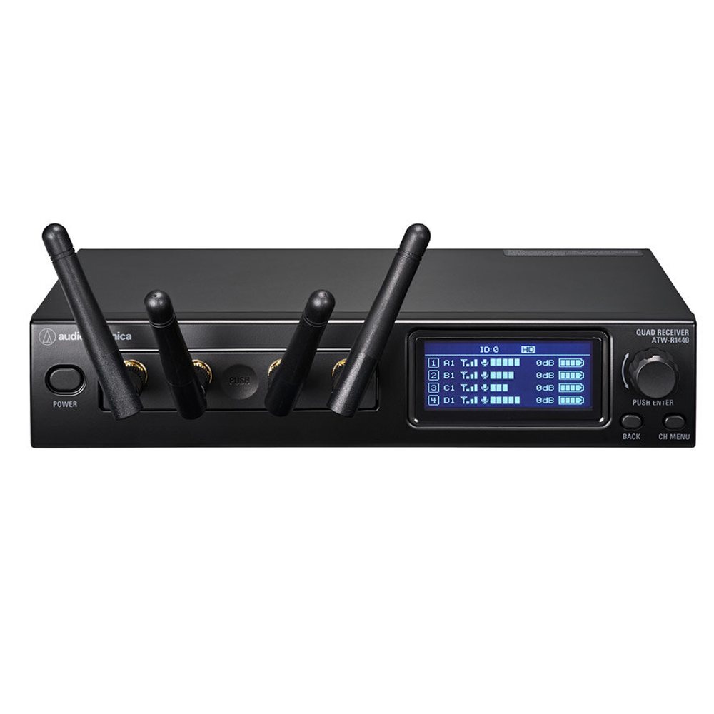《 4ch出力 レシーバー 》ATW-R1440 ◆ 4ch レシーバー ◆ Audio Technica ( オーディオテクニカ ) ATW-R1440&nbsp;/ 1Uハーフで4ch出力を実現する次世代レシーバー［ 商品説明 ］ ◆&nbsp;1Uハーフで4ch出力を実現する次世代レシーバー 1台のレシーバー1chに最大4台のトランスミッターを事前登録できます。 トランスミッターの電源ON/OFFだけでレシーバーと自動接続。 毎回ペアリングを行う必要がなく、スムーズなトランスミッターの持ち替えが可能です。 また 専用ソフトウェア Wireless Manager でも設定することができます。 ●1Uハーフで4チャンネル出力を実現 ●ネットワーク対応 ●マルチペアリングに対応 ●Ch4はMIX出力として使用可能 ●トランスミッターの設定はレシーバーからリモートコントロール可能 ●専用ソフトウェア Wireless Manager によるRFスキャン ●HDモードと標準モードの切り替えが可能 ●2.4GHz帯の中で最大20チャンネルの同時使用が可能 　レシーバーを5台接続することで、HDモードでは最大20チャンネルの同時使用が行えます。また、標準モードでは最大10チャンネルの同時使用が可能です。 ●誤動作を防止するオートロック機能に対応 ●Syslogの利用が可能 　障害発生時や受信レベル低下時に通信データを出力できるため、電波環境の調査や安定運用のサポートに活用できます。 ●ラックマウントアングル付属 　ラックマウントアダプターはレシーバー2台を連結するジョイントプレートとして使用できます。 ●レシーバーユニットは外部設置可能で幅広い用途に対応 　室内の天井や壁、さらに別の部屋へ展開できるなど場所を選ばず設置可能。レイアウトの柔軟性を高め、さらに安定した音声通信を実現します。 　＊レシーバーユニットに接続するLANケーブルはCat.5のストレートタイプを使用し、長さは100m以下にしてください。 ●使用周波数をコーディネートするリンク接続 　リンク接続で最大5台までレシーバーを接続可能。レシーバー間の通信フレームの同期を取り、多チャンネル運用時の安定を確保します。 　＊ボディパックトランスミッターにマイクロホン本体は付属しておりません。 ●専用ソフトウェア Wireless Manager でトータル管理が可能 &nbsp;［ システム仕様 ］ ◆ 通信周波数帯 2,402 〜 2,480MHz ◆ ダイナミックレンジ 120dB (A-weighted), typical ◆ 全高調波歪率 0.05%以下 ◆ 動作範囲 60m（干渉信号のない開けた環境の場合） ◆ システム周波数特性 20 〜 20,000Hz（取り付けるマイクロホンにより異なります） ◆ 遅延 Standard : 2.8ms / HD mode : 6.7ms ◆ オーディオサンプリング周波数 Standard : 24bit/48kHz / HD mode : 24bit/48kHz ◆ 暗号化方式 AES128 ◆ 最大同時使用 Standard : 10チャンネル / HD mode : 20チャンネル（地域や環境によって異なります）［ レシーバー ］ オーディオ出力レベル LINE最大: +22dBu（+20dBV） LINEユニティ: -20dBu（-22dBV） MIC最大: -12dBu（-10dBV） MICユニティ: -50dBu（-52dBV） 消費電力 3.7W 電源 DC12V 0.5A（ACアダプター） 動作温度範囲 0〜+40&ordm;C 外形寸法(突起部除く) 209.8mm&times;165.6mm&times;42.5mm（W&times;D&times;H） 質量 740g 付属品 ACアダプター、ACアダプター用刃先 ラックマウントアダプター（短）、ラックマウントアダプター（長） 固定用ねじ&times;5、連結ケーブル（30cm）、ゴム脚&times;4 &nbsp;　