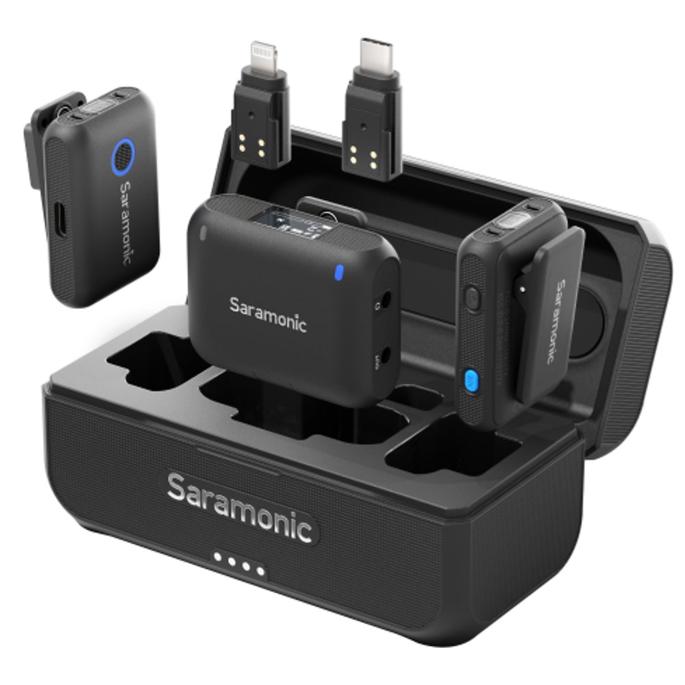 《 BLINK500 B2+ ◆ ワイヤレスマイクシステム 4-in-1 》 ◆ Saramonic ( サラモニック ) BLINK500 B2+ ◆&nbsp;送信機2台・受信機1台・充電兼用収納ボックス付属［ 商品説明 ］ Blink500B2+はコンパクトな持ち運び可能な2.4GHzワイヤレスマイクシステムです。 極めて高いノイズ軽減機能が搭載されており、騒音の影響がある環境でも十分に対応可能です。 ライブ配信やVlog撮影、ニュースレポートなど様々なシーンに適しています。 周囲から不要なノイズを除去できる便利なローカットフィルターが装備されており、室内外でも心地よくご使用いただけます。 軽くて小型なトランスミッターは高性能の無指向性マイクが内蔵されており、角度に縛らずに360度全方向から収音可能です。 レシーバーは3.5mmオーディオ出力端子以外にもレシーバーに直接取り付け可能なUSB-C／iOS Lightning両種類の変換アダプタを付属。 カメラ、ミキサー、スマホ、タブレット、パソコンなど各種の録音機材等多彩なデバイスに接続できます。 アダプタを装着する際はレシーバーのUSB-C端子を通じて、スマホに給電しながらレコーディングを続けることができます。 &nbsp;＜特徴＞ ・ 最大約150メートルのワイヤレス伝達距離 ・ ワンクリックでノイズ除去可能、48kHzのハイレゾ音質収音を実現 ・ 20-20,000Hz周波数特性、高品質な音声を忠実に再現 ・ ローカットフィルター（75Hz/150Hz）にて環境ノイズを低減 ・ 超長持続時間、トランスミッターは約20時間、レシーバーは約16時間駆動可能 ・ マイクの内側にポップフィルターが内蔵されており、ウィンドジャマーなしでも運用可能 ・ 背面クリップ、またはマグネット着脱式で素早く装着可能 ・ 3.5?&Phi;ヘッドホン出力端子装備。音声を簡単にリアルタイムモニタリング可能 ・ レシーバーには直感的な操作が可能なOLEDディスプレイ搭載 ・ モノラル／ステレオモード選択可能 ・ 3.5?TRSアナログ出力、USB-C及びiOS Lightningデジタル出力が可能でカメラ、スマホ、パソコン等のデバイスへ簡単に接続できます ・ 携帯に便利な収納兼充電ボックスが付属 &nbsp;＜同梱品＞ ・トランスミッター　&times;2個 ・レシーバー　&times;1個 ・充電ボックス　&times;1個 ・USB-C変換アダプタ　&times;1個 ・MFi認定Lightning変換アダプタ　&times;1個 ・USB-A＝USB-C充電ケーブル　&times;1本 ・3.5mmTRS＝3.5mmTRSスマホ接続用ケーブル　&times;　1本 ・3.5mmTRS＝3.5mmTRRSカメラ接続用ケーブル　&times;　1本 ・内蔵マイク用ウィンドジャマー　&times;　2個 ・マグネット　&times;2個 ・収納ポーチ　&times;1個 &nbsp; 送信機の仕様 通信方式 2.4GHz digital frequency 変調方式 GFSK 指向性 無指向性 動作範囲 最大約150mメートル（見通し） RF送信出力 ＜10dBm 周波数特性 20Hz〜20kHz 基準オーディオ入力レベル -30-42dBV（MIC input, 0dB gain） サンプリング／ビットレート 48kHz/24bit 感度 -32dB&plusmn;3dB(1V/Pa) 音声S/N &gt; 80dB 音声歪率 ＜0.10% オーディオ入力 内蔵マイク 充電方式 内蔵リチウム蓄電池／充電端子／USB-C充電ポート（DC 5V） 電池容量 190mAh 動作時間 約20時間 充電時間 約2時間 質量 約23g 外観寸法 45?&times;31.6?&times;13? 動作温度 0℃ 〜 +50℃ 保管温度 -10℃ 〜 +50℃ 受信機の仕様 ディスプレイ OLED 通信方式 2.4GHz digital frequency 変調方式 GFSK 周波数特性 20Hz〜20kHz サンプリング／ビットレート 48kHz/24bit 音声S/N &gt; 80dB 音声歪率 ＜0.10% オーディオ出力 3.5?&Phi;TRS出力／MFi認証済みlightningアダプタ／USB-C充電ポート モニター端子 3.5?&Phi;TRSヘッドホンモニター出力 充電方式 内蔵リチウム蓄電池／充電端子／USB-C充電ポート（DC 5V） 電池容量 400mAh 動作時間 約16時間 充電時間 約2時間 質量 約30g 外観寸法 49.5?&times;37.5?&times;18.8? 動作温度 0℃ 〜 +50℃ 保管温度 -10℃ 〜 +50℃ 充電ボックス 電池容量 1250mAh 充電時間 約2時間 給電方式 USB-C充電端子（DC 5V）　/ 電源アダプター別売 送受信機への充電可能数 満充電1回分（2*TX+1*RX） 重量 約140g 外観寸法 118.5?&times;56.2?&times;62? 動作温度 0℃ 〜 +50℃ 保管温度 -10℃ 〜 +50℃ EAN 6974700654686 &nbsp;　