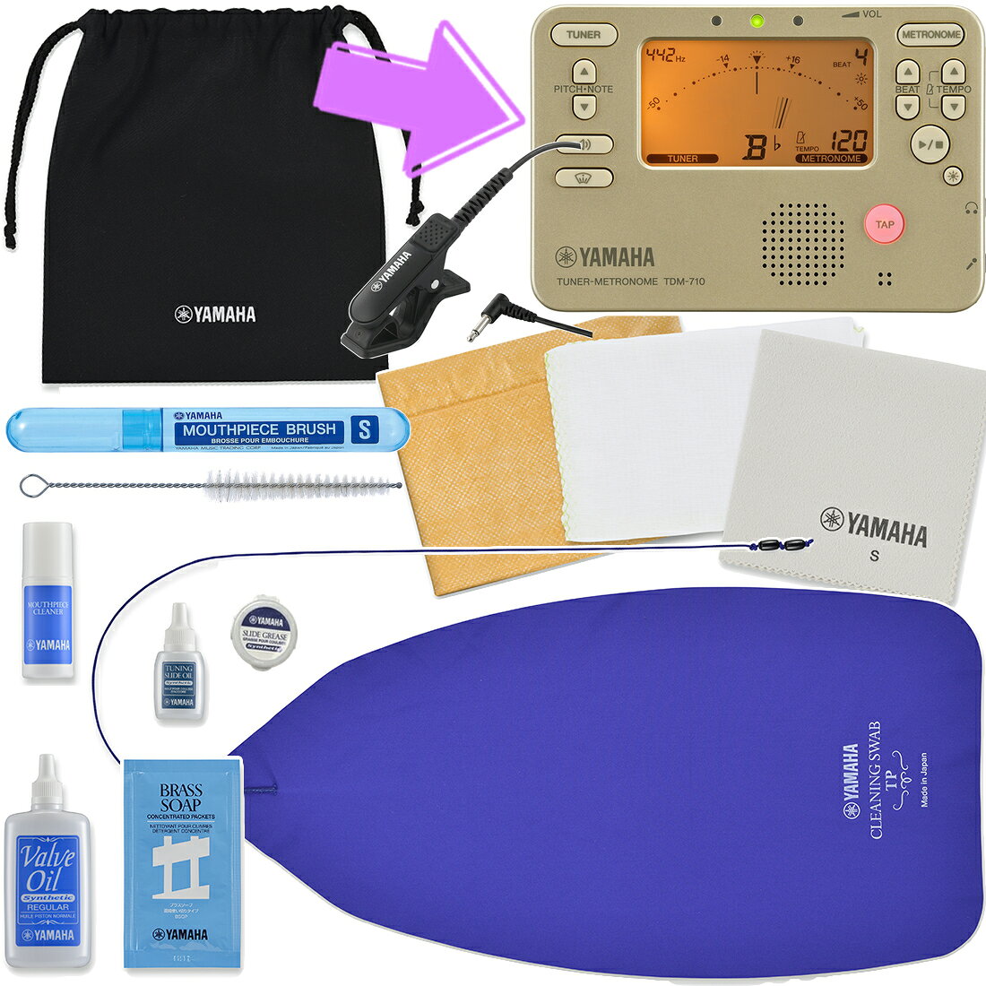 【メール便出荷品】 YAMAHA ヤマハ トランペット お手入れセット KOSTP6 チューナーメトロノーム TDM-710GL チューナーマイク TM-40BK Trumpet セット F 北海道 沖縄 離島不可
