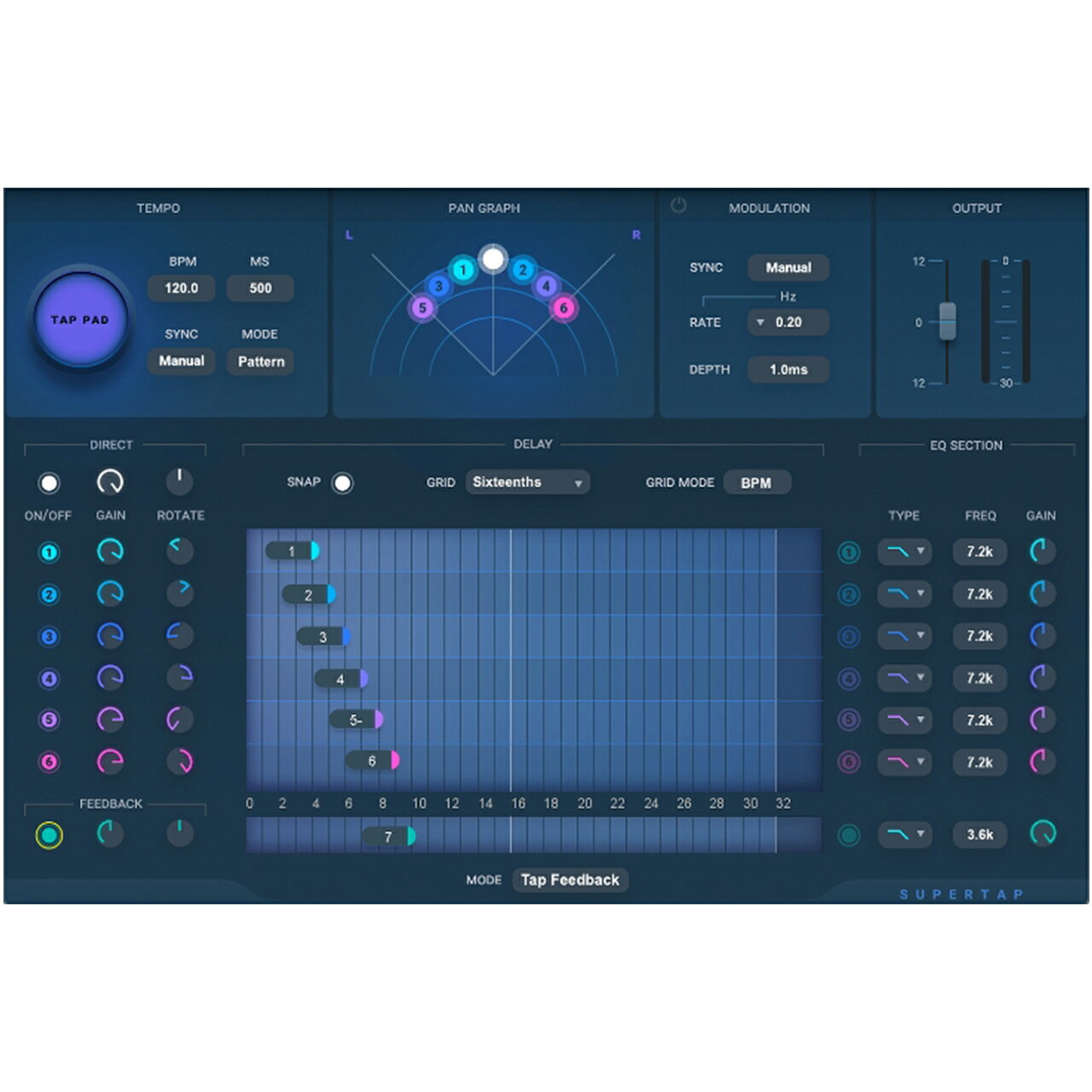 SuperTap プラグインエフェクト DAW DTM マルチに使える6ボイスディレイ 商品概要 SuperTapは最大6秒までのモノ／ステレオディレイが可能な6ボイスタップディレイと、2ボイスタップディレイの2つのプラグインで構成された多用途ディレイ＆エコーエフェクトプラグインです。 特徴 2-Tap・6-Tapコンポーネント 最大6秒のディレイタイム 各タップごとに独立したEQフィルター、ゲイン、ローテーション、正確なタイムコントロール モジュレーションとフィードバックモードを内蔵 テンポタッピングまたはパターンスイッチを行うTap-Pad 空間定位を行うベクターディスプレイ Mono、Mono-to-Stereo、Stereoコンポーネント &nbsp; Wavesの名作イコライザーQ10のインターフェイスを踏襲し、フィルタ、パン、レベル、正確なディレイタイムをボイス毎に独立して設定可能です。 LFOモジュレーションと2種類のフィードバックは音作りの幅を広げます。 &nbsp; Waves独自のフィードバック・パンニング・コントロールによりステレオイメージ全体を自在にコントロールすることが出来ます。 &nbsp; また、タップパッドを使用したテンポやディレイパターンの設定、音符もしくは秒数（ms）でのディレイタイムの設定も可能です（最大6秒ディレイ＋モジュレーションを実現）。 加えて、Ampex440のテープディレイ・エミュレートを含む秀逸なファクトリープリセットが豊富に用意されています。 &nbsp; クラシックなアナログテープのディレイから着想された幅広いモジュレーション、パニングそしてフィルターオプション、ホストのテンポやタップでの同期も可能です。 SuperTapのかつてない操作性で、多彩なグルーブに追従するディレイ・サウンドが手に入ります。 ※ 最新の動作環境はメーカーサイトをご確認ください。 ※上記製品仕様は2026年02月時点のものです。 随時更新するよう努めてはおりますが、最新状況は常に変動するため合わせてメーカーでもご確認下さい。