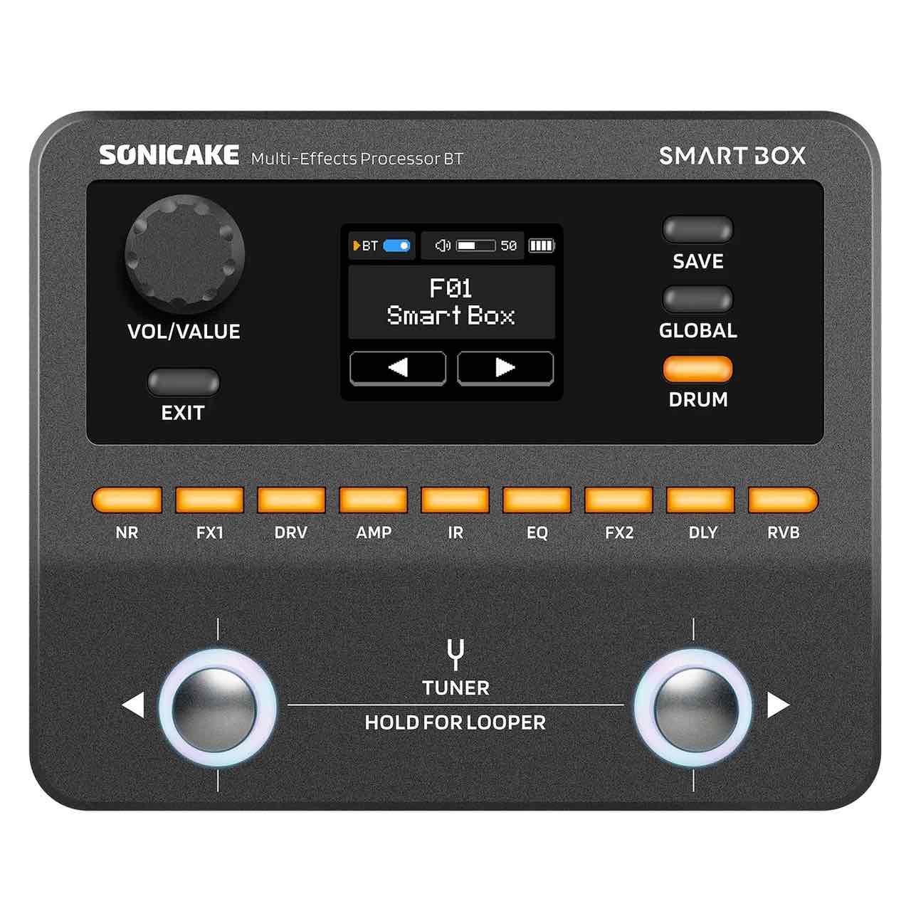 9つの完全カスタマイズ可能なモジュールで130以上の高品質エフェクトを使用可能 Sonicake&nbsp;SMARTBOX QME-20 &nbsp;プロフェッショナル マルチエフェクト プロセッサー コンパクトでパワフルなマルチエフェクトプロセッサー、SMART BOXの登場。 プロ品質のサウンドと持ち運びの便利さを両立させたこのデバイスは、自宅練習、スタジオ録音、ライブパフォーマンスまで、あらゆる場面でスタジオクオリティの音色を提供します。堅牢でペダルボードに収まりやすいデザインも魅力です。 &nbsp;高度なトーンカスタマイズ 先進のホワイトボックスデジタルモデリング技術を搭載し、9つの完全カスタマイズ可能なモジュールで130以上の高品質エフェクトを使用可能。 アンプやキャビネット、ディレイ、リバーブ、モジュレーションまで、あらゆる音作りを思いのままにコントロールできます。また、NAMやキャビネットIRファイルにも対応し、伝説的なギター、ベースの音色を忠実に再現することも可能です。 &nbsp;スマート接続＆コントロール Win/Mac用「Sonicake Manager」とモバイルアプリ「SONICLINK」を使えば、プリセット管理やIR/NAMファイルのアップロードなど、より詳細な編集も簡単に行えます。 プリセット管理、IR/NAMアップロードが可能。USBオーディオインターフェイス機能を備え、ループバックやリアンプにも対応。 &nbsp;ステージ対応パフォーマンス機能 ステージでの使用も考慮されており、20秒ルーパー、正確なチューナー、メトロノーム、100種類のドラムリズムを搭載。耐久性のある金属製フットスイッチはマルチカラーLEDリング付きで、エフェクト切替やタップテンポ操作を確実かつ直感的に行えます。 &nbsp;多用途I/O＆電源オプション ステレオ出力、ヘッドホンジャック、USBオーディオインターフェイス機能（ループバック・リアンプ対応）、有線・ワイヤレスMIDI対応と、多彩で強力な接続性も完備。9VアダプターまたはUSB給電が可能で、内蔵2000mAhバッテリーにより最大4時間のコードレス演奏も楽しめます。 ・内蔵バッテリー：2000 mAh（最大約4時間の使用可能時間） ・電源：DC 9V または USB-C ・サイズ：135&times;114&times;51 mm ・重量：378 g &nbsp; 他のサイトでも販売しています。買い物かごに入れても売り切れの場合がございますのであらかじめご了承下さいませ。