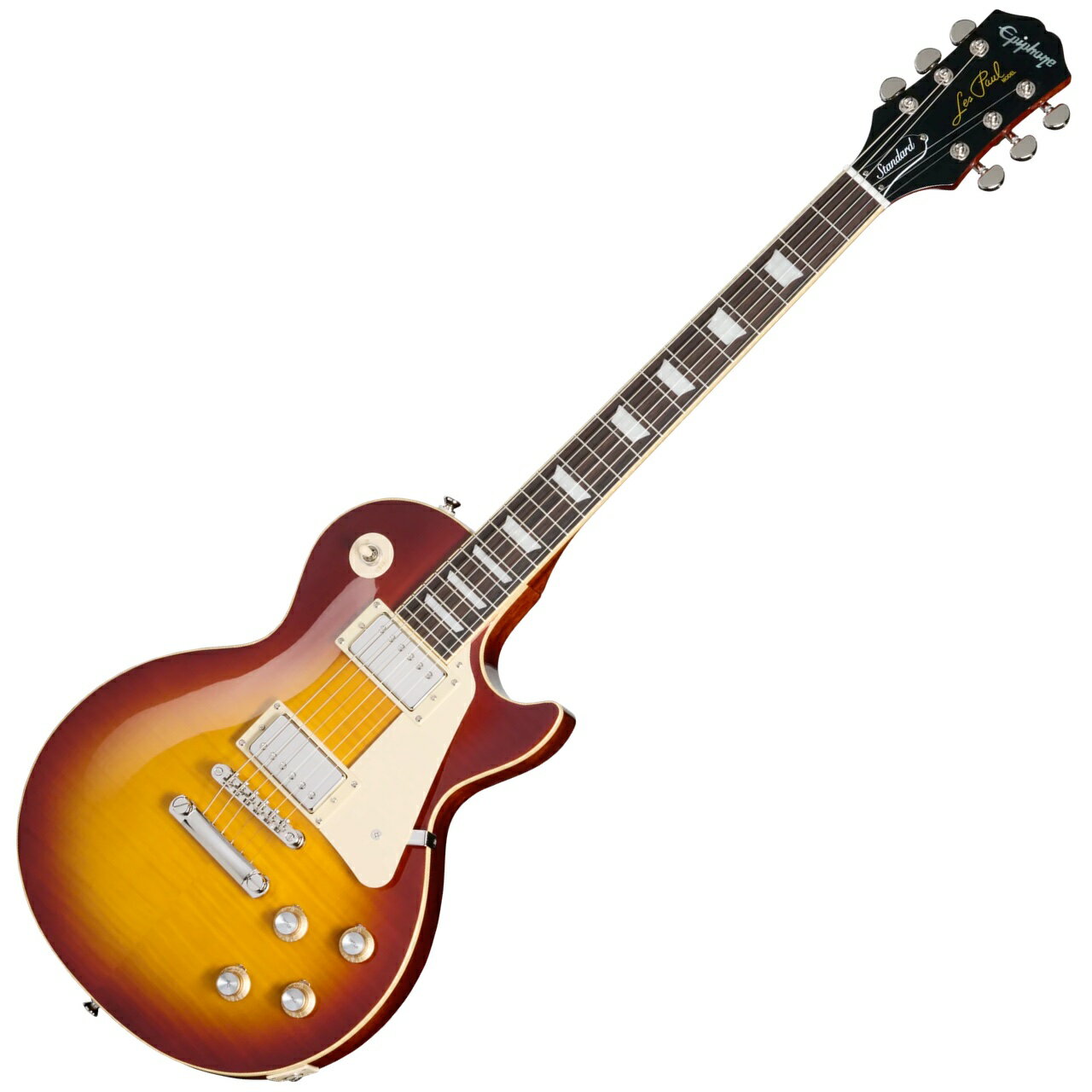 エピフォンとレス・ポール氏（偉大なギタリスト〜ミュージシャンであり発明家！！）の長い友情関係は1940年にまで遡ります。若きレス・ポール氏は、当時マンハッタンにあったエピフォン工房で夜な夜な試作を重ね、世界初のソリッドボディ・エレクトリックギターのひとつと言われる"the Log"を作り上げました。そして"the Log&rdquo;での成果が後々、今日も多くのギタープレイヤーにとって最上のエレクトリックギターとして垂涎の的である、レスポール・モデルの開発・誕生へと反映されていったのです。 &ldquo;Inspired by Gibson&rdquo;コレクションから新たにリリースされたエピフォン・レスポール・スタンダード 60sは、60年代初頭のレスポールを想起させるサウンド・ルックス・フィーリングを現代に蘇らせています。 ボディ・トップにはメイプルが貼られ、杢目を際立たせるトランスルーセント系カラーにはAAA グレードのフレイム・メイプル化粧板がトップにあしらわれ、往年の&rdquo;フレイム・トップ&rdquo;の外観を醸し出しています。ローズウッド指板上ではパーロイド素材のディッシュ・インレイが施され、ミディアム・ジャンボ・フレットを採用。60s SlimTaperプロファイルのネックシェイプはスムーズな演奏性に寄与し、ヘッド部に装着されたGrover RotomaticチューナーとGraph Techナットは安定したチューニングをもたらします。エピフォンの定評ある2基のProbuckerピックアップを採用し、ネック・ポジションにはProbucker 2を、ブリッジ・ポジションには出力が高めに調整されたProbucker 3を搭載。それぞれのピックアップは一対となるCTSボリューム＆トーン・コントロールに接続されています。 魅力的で多様なカラー・バリエーションをラインアップし、プレミアム・ギグバッグが付属となります。お求めやすい価格で手軽に真のレスポール・サウンドを奏でられるギター、それがエピフォン・レスポール・スタンダード60sです。 画像はメーカー画像です。お届けの商品とは仕様や木目・色合いが異る場合があります。 他のサイトでも販売しています。買い物かごに入れても売り切れの場合がございますのであらかじめご了承下さいませ。 NECK&nbsp; &nbsp; Material&nbsp; &nbsp; Mahogany Profile&nbsp; &nbsp; 50s Rounded Medium C Scale Length&nbsp; &nbsp; 24.75" Fingerboard Material Rosewoodl Fingerboard Radius&nbsp; &nbsp; 12" Number Of Frets&nbsp; &nbsp; 22 Frets&nbsp; &nbsp; Medium Jumbo Nut Material&nbsp; &nbsp; Graph Tech Nut Width&nbsp; &nbsp; 1.693" Inlays&nbsp; &nbsp; Pearloid Trapezoid Joint&nbsp; &nbsp; Glued In, Set Neck BODY Body Material&nbsp; &nbsp; Okoume (Gaboon Mahogany) or Sapelli (Sapelli Mahogany) Top&nbsp; &nbsp;Maple; with AAA Flame Maple Veneer on Translucent Finishes Finish&nbsp; &nbsp; Gloss Bridge&nbsp; &nbsp; Epiphone LockTone Tune-O-Matic Tailpiece&nbsp; &nbsp; Epiphone LockTone Stop Bar Tuning Machines&nbsp; &nbsp; Grover Rotomatic with Kidney Button TrussRod&nbsp; &nbsp; Adjustable ELECTRONICS&nbsp; Neck Pickup&nbsp; &nbsp; Epiphone ProBucker-2 Bridge Pickup&nbsp; &nbsp; Epiphone ProBucker-3 Controls&nbsp; &nbsp; 2- Volume, 2- Tone CTS pots, Pickup Selector&nbsp; &nbsp; 3-way Epiphone toggle &nbsp;