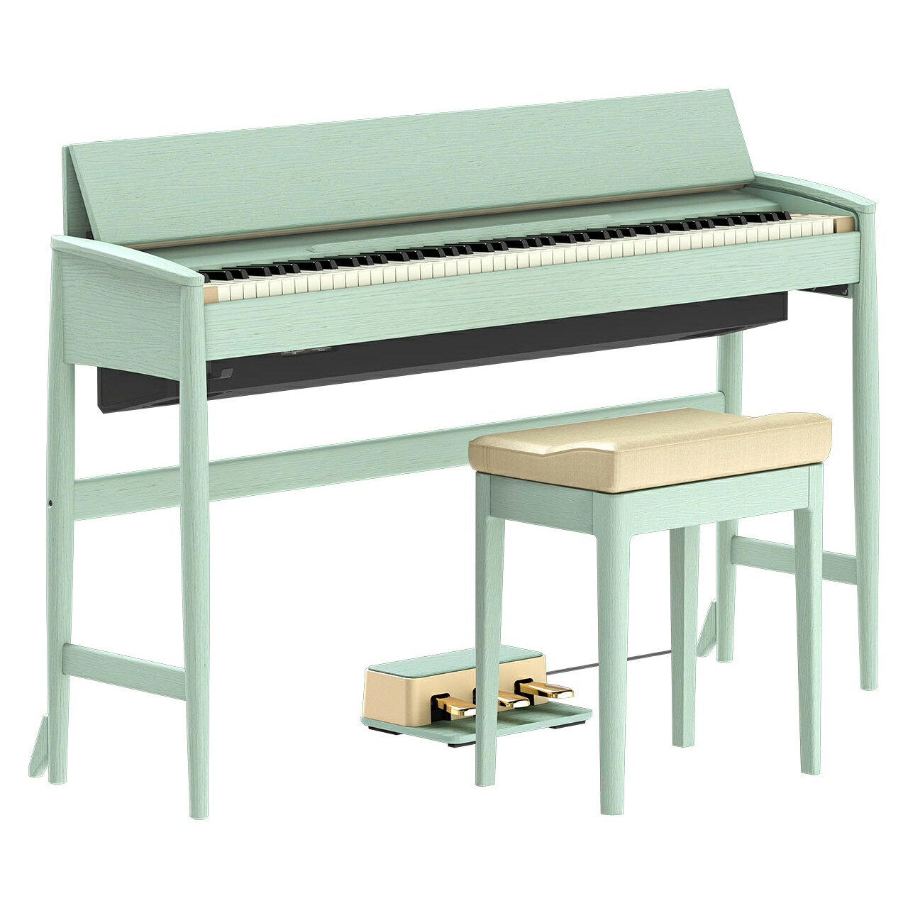 KIYOLA KF-20-KG セラドングリーン 電子ピアノ きよら カリモク 先進の響きと、天然木のぬくもり。 商品概要 KIYOLA（きよら）は、ローランドと1940年創業の日本最大手家具メーカー「カリモク家具」とのコラボレーションにより誕生しました。 KF-20は、豊かな音と柔らかなフォルムで住まいに美しく溶け込みます。 伝統技術に着想を得て仕上げられた天然木の滑らかで丸みのあるフォルムは、シンプルでありながらエレガントさも感じられる上質なスタイル。 4色のカラーバリエーションで、インテリアの主役となる存在感を放ちます。 karimoku - 美しく静かな佇まい カリモク家具は、その精緻な製造工程で広く知られています。 高度な機械加工に加え、最終工程では研磨・塗装・組み立てといった人の手による仕上げを組み合わせています。 日本の職人技 KF-20は、日本の職人技が生み出す静かな美しさを体現した電子ピアノです。 天然木の加工には、滑らかで丸みのある形状を生み出す「挽物（ひきもの）」の技術を応用。 手作業で組み立てられたキャビネットは、あたたかみがありながらも洗練された空間を生み出します。 個性豊かなカラー KF-20は、天然木オーク材の素材を活かした、ナチュラルな風合いで美しい木目が際立つ「ピュアオーク」、透明感のある白い塗装を施した「シアーホワイト」、そして独自の塗装技術で生まれた淡いグリーンの個性的な色合いが映える新たなカラー「セラドングリーン」の3色と、深みのある色合いと上品で艶やかな木目のウォールナット材の「ウォールナット」の4色展開。どのカラーも、天然木の自然な美しさと空間との調和を引き立てる豊かな質感をそなえています。 天然木の魅力 天然木に刻まれた木目や濃淡は一品一品が違った表情を見せ、時間とともに深みを増していく自然な色の変化を楽しめます。 思いのままの表現力 ローランドの先進的なピアノ・リアリティ・モデリング音源により、KF-20は見た目だけでなく音でも魅了します。 天然木のキャビネットに合わせて丁寧に調整されたあたたかみのある生きたピアノ音と、PHA-50ハイブリッド鍵盤と高精度のセンシングにより、グランドピアノのような弾き心地でさまざまな奏法を余すところなく表現します。 いつでもピアノを楽しめる KF-20は、KIYOLA専用設計のスピーカー・システムによる豊かな響きを楽しめるほか、ヘッドホンの使用にも対応。いつでも好きな時に、周囲を気にせず自由に演奏を楽しめます。 KIYOLAとの暮らしをより豊かに Bluetooth機能でスマートフォンやタブレットと連携すれば、KIYOLAとの暮らしがより豊かに。KIYOLAの高品位なスピーカーでお気に入りの曲を再生して音楽を楽しんだり、一緒に演奏することも。アプリ「Roland Piano App」を使えば、リモコン操作で内蔵曲の再生や音色などの設定変更、さらにはピアノ音色の微調整が可能。 内蔵曲の譜面表示などレッスンに役立つ機能も充実し、電子ピアノならではの楽しみ方が広がります。 座り心地にこだわった専用椅子 付属のKIYOLA専用椅子は、人間工学に基づき座り心地を徹底的に追求するカリモク家具のこだわりが詰まっています。座面には高密度ウレタンを使用し、ピアノ演奏時特有の浅掛けの姿勢でも体圧を分散し、体への負担を軽減。 深く掛けた時にも座骨を起こす形状を採用し、長時間の演奏も快適です。 ※上記製品仕様は2026年04月時点のものです。 随時更新するよう努めてはおりますが、最新状況は常に変動するため合わせてメーカーでもご確認下さい。