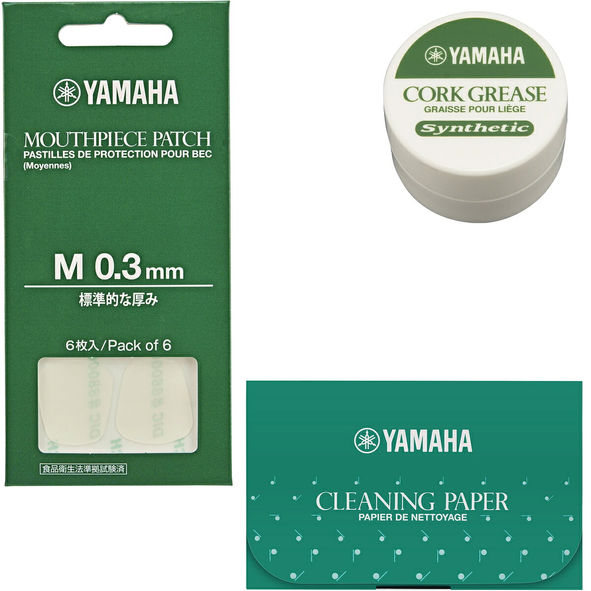 YAMAHA ヤマハ マウスピースパッチ Mサイズ MPPA3M3 ■木管楽器 ：B♭/Aクラリネット、アルトクラリネット、バスクラリネット、アルトサクソフォン、テナーサクソフォン、バリトンサクソフォン ■パッチ シールのようなものです。 ■厚さ：0.3mm ■6枚入り※パッケージなど細かい仕様が画像と異なる場合がございます。 &nbsp; クラリネット/サックス兼用演奏サポート用品。マウスピースに貼るシールのようなものでマウスピースパッチと言います。各楽器によってマウスピースのサイズや形が違いますが、こちらはクラリネットとサクソフォーン兼用の用品です。 パッチをシワにならないようにお手持ちのマウスピースに貼ると、演奏中に前歯がすべるのを防止します。初心者の方はとくに歯に負担がかかって口が痛くなってしまうこともよくありますよね。シールは0.3mmの厚みもあり、口の痛さも軽減されることでしょう。またアンブシュア(口のかたち)も安定することで、ピッチの安定、音色にも余裕が出るかもしれません。＜こんな方にもおすすめ＞ ・ 前歯が滑って力が入らない... ・ 下唇が痛いんです... ・ 唇のあたり具合になんだか違和感... ・ マウスピース、傷付けたくないな... ・ 人との貸し借り、ほんとは嫌かも... ・ ロングトーンが苦しくって仕方ない... &nbsp; YAMAHA CLEANING PAPER CP3　ヤマハ クリーニング ペーパー CP-3 ■楽器 管楽器 木管楽器 お手入れ用品 ■フルート、クラリネット全般、アルトサックス、テナーサックス、ソプラノサックスなどサクソフォン全般 他 ■70枚入り※画像と仕様が異なる場合がございます。 &nbsp;タンポやトーンホール（音孔）に溜まった水分、油分などを取るためのペーパーです。 これを怠ると、キイが正しく動作しないなどのトラブルが起こる可能性がございます。しっかり日頃メンテナンスをすることで、タンポの寿命を延ばします。 使い方は簡単で、タンポとトーンホールの間にはさみ、キイを軽く数回押してください。これで水分が取れていきますので、ペーパーの位置を変えて2〜3度繰り返りかえすことで綺麗に取り除きます。 ただのあぶらとり紙でも代用はきくような気がしますが、紙質がグレードアップし、吸水性が高く、濡れても破れにくく専用品はおすすめです。 やるからには水分がしっかり取れていないと意味がなくて、正直お手入れというのは「何かが起きる可能性」を予防するもので、お手入れをしている最中はなんだか実感のないもので、それが果たして効果があるのか不安になったり、お手入れを放棄してしまったりすることもあるでしょう。 ですが、起きてしまったらもう終わり、修理いきです。そうならないためにも日頃から楽器のお手入れはしっかり行いましょう。 こちらは水分を取り除くものですが、さらにその後にパウダーでコーティングする別売りのパウダーペーパーの併用使いが一般的です。水分と油分を綺麗に取り除いたつもりでもベタつきが発生することがあり、べたつくとキイのレスポンスが鈍くなります。べたついたタンポ、劣化したタンポはタンポ交換という修理になってしまいますのでご注意を。 取り出しやすいプルポップ式。 &nbsp; &nbsp; YAMAHA CORK GREASE CG4　ヤマハ コルクグリス CG4 ■管楽器用 お手入れ用品 ■楽器：木管楽器 ジョイント部のコルク部分 クラリネット、バスクラリネット、アルトサックス、ソプラノサックス、テナーサックス、バリトンサックス、オーボエ、ファゴットなど ■ジャータイプ ■容量 10g※細かい仕様が画像と異なる場合がございます。 コルクグリスはクラリネット、サックス類、オーボエなどには必須となるお手入れ用品です。スティックタイプより5g容量が多いです。 グリスには様々な種類があり、基本的には楽器の箇所に合ったグリスやオイルを使用するのが望ましいですが、種類やタイプによって粘度が変わりますので季節や保管状況によって使い易いものを選びましょう。 例えば、ジャータイプの方が少し柔らかめですので気温が低い冬用に。スティックタイプはジャータイプに比べて少し固めで溶けにくいので夏用に、と使いわけしても良いと思います。 管を組み立てる際にコルク部分に塗ることによって管の気密を保ち、動きをスムーズにします。グリス専用に新開発された、化学合成オイルを主成分に使用しています。常に塗りやすく、コルク表面へのなじみの良い、滑らかな嵌合を実現しました。 ジョイントのコルク表面に安定したグリス皮膜を形成します。　