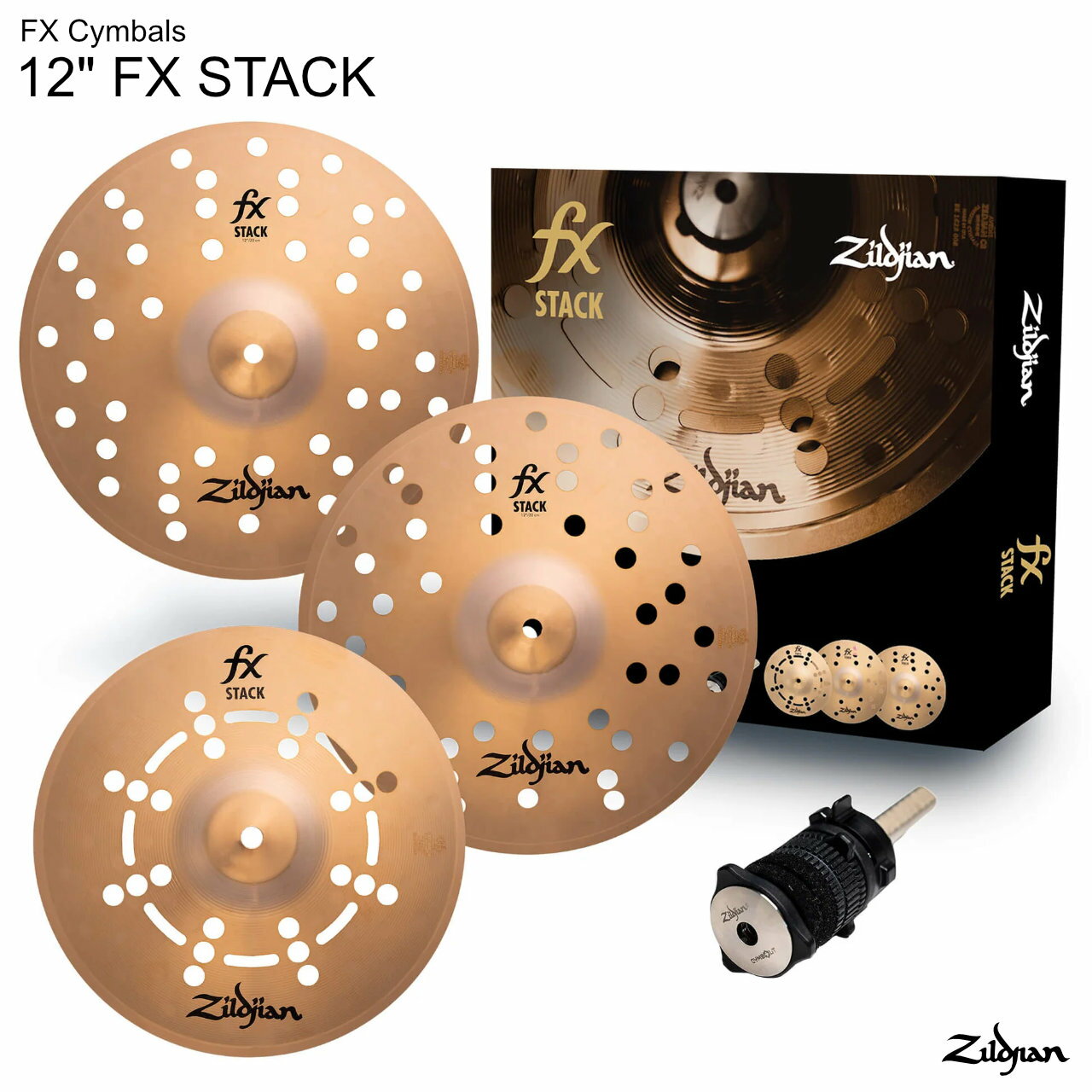 『EXPERIMENT WITH EFFECTS』 Zildjianのユニークで革新的なエフェクトシンバルシリーズ シリーズ：FX Cymbals ( FXシンバル ) 　　　　：STACK タイプ　：スタックシンバル サイズ　：12" 30.5cm ウェイト：Thin 備考　　：Zildjian Cymbolt(シンボルト) 付属&nbsp; &nbsp; FX Stacks FX Stacksは、ドラムセットやパーカッションの音域を瞬時に拡張できる3枚重ねのエフェクトシンバル。 2枚のFXスプラッシュとやや小さい1枚のシンバルで構成され、シンバルを任意の順番や好みの向きで組み立てたり、チャイナ、EFXなど他のシンバルと組み合わせてさらに可能性を広げることができます。 付属のZildjian Cymboltにより、ドラマーは簡単なテンション調整でスタックのアーティキュレーションを自分好みにカスタマイズできます。 好みの音色をダイヤルで設定でき、明るくきらめくウォッシュサウンドから、生々しく鋭く切れ味のあるサウンドまで、あらゆる音色を自在に操ることができます。 シンバルのスタックは、フュージョン、インダストリアル、トラップのようなヒップホップのサブジャンルを含む現代的なスタイルで特に人気がありますが、そのコンセプトは創造性とサウンドの探求を促すものであるため、特にFX Stacksが提供するカスタマイズのレベルではどのようなドラム・セットやパーカッションにも適用できます。 FX Stackは、8"、10"、12"、14"の各サイズがあり、シンプルにスタックとして演奏することも、異なるスタック・サイズを組み合わせて演奏することも、スプラッシュ、チャイナ、EFXなどと組み合わせて演奏することも可能です。想像力は無限です。 ・あらゆるセットアップに幅広いエフェクトサウンドを瞬時に追加 ・明るく派手なサウンドから、生々しく素早く切れ味のあるサウンドまで ・シンバルを任意の順番で重ねたり、伝統的なハイハットのセットアップにしたり、あるいは他のモデルと組み合わせることでFX Stackの可能性をさらに広げることが可能 ・合金をジルジャンIシリーズ・ブロンズにアップグレード ・クイック・リリース機能でシンバル・スタンドに簡単に取り付けられるZildjian Cymbolt?のテンションを調整することで、アーティキュレーションを変更可能 ・付属のZildjian Cymbolt?は、既存のシンバルスタンドのウィングナットやフェルトを取り外して使用 &nbsp; EXPERIMENT WITH EFFECTS Zildjianのユニークで革新的なエフェクトシンバルシリーズで、多様な効果とアクセントをお試しください。 荒々しいチャイナシンバルや、その他多様で特徴的なスタック可能なシンバルで、サウンドにアクセントやエキゾチックな色合いを加えることができます。 &nbsp;#Zildjian #FX &nbsp; ■上記製品仕様は2025年1月時点のものです。■ ※製品の仕様及びデザインは予告なく変更される場合があります。 ※多数のサイトに掲載しております。ご注文のタイミングによりご用意できない場合がございます。あらかじめご了承くださいませ。 随時更新するよう努めてはおりますが、最新状況は常に変動するため合わせてメーカーでもご確認下さい。 &nbsp;　