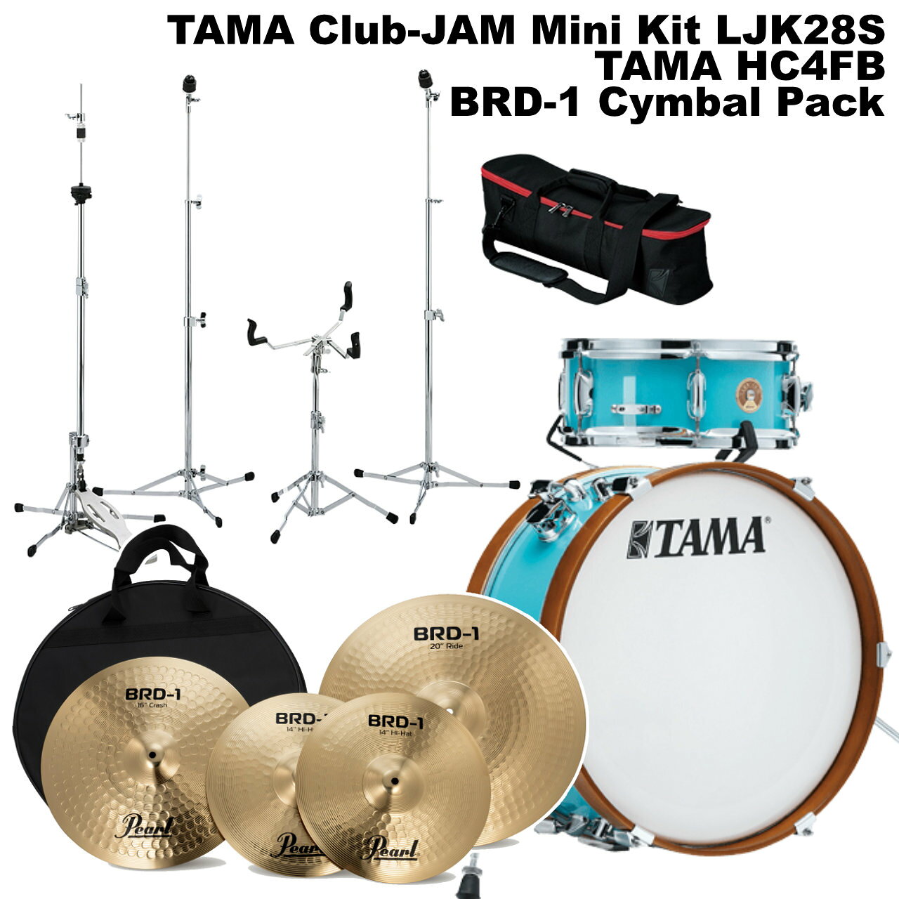 Club-JAM Mini Kit 18BD/12SD　シンバル スタンドセット 「ドラムを演奏する上での最小単位」をコンセプトに生まれたClub-JAM Mini。 バスドラムとスネアドラムの二点で構成され、専用のドラムバッグ（別売り※1) 一つで運搬することができます。 シェルにはポプラシェルを採用しており、ちょっとしたギグやストリート・ライブでも十分な響きが得られるパワフルなサウンドが特徴です。 また、バスドラムに直接マウントするシンバルホルダー(別売り※2)や、14"x7"のフロアタム、10"x7"のタムタム(別売り※3) を追加することも可能。 優れた運搬性と拡張性により、様々なシチュエーション・音楽ジャンルで演奏できます。 ※1 品番:DSS28LJ ※2 品番:CACLJ ※3 品番:LJKT10F14 &nbsp; &nbsp; 【LJK28S&nbsp;スペック】 LJK28S：シェルキット（Unicolor Wrap フィニッシュ） シェル　　　：ポプラ 9ply / 7.5mm バスドラム　：18" x 7" (6テンション / シンバルホルダーブラケット付き) スネアドラム：12" x 5" (6テンション) #TAMAドラムセット #小口径ドラムセット &nbsp; 【セット内容】 本体：LJK28Sシェルキット　　x1 スタンド：TAMA HC4FB　　x1 シンバル：Pearl BRD-1　　x1 ※その他ペダルやスローン、ケース等は含まれません。 &nbsp; &nbsp; ■上記製品仕様は2025年3月時点のものです。■ ※製品の仕様及びデザインは予告なく変更される場合があります。 ※多数のサイトに掲載しております。ご注文のタイミングによりご用意できない場合がございます。あらかじめご了承くださいませ。 随時更新するよう努めてはおりますが、最新状況は常に変動するため合わせてメーカーでもご確認下さい。 &nbsp;