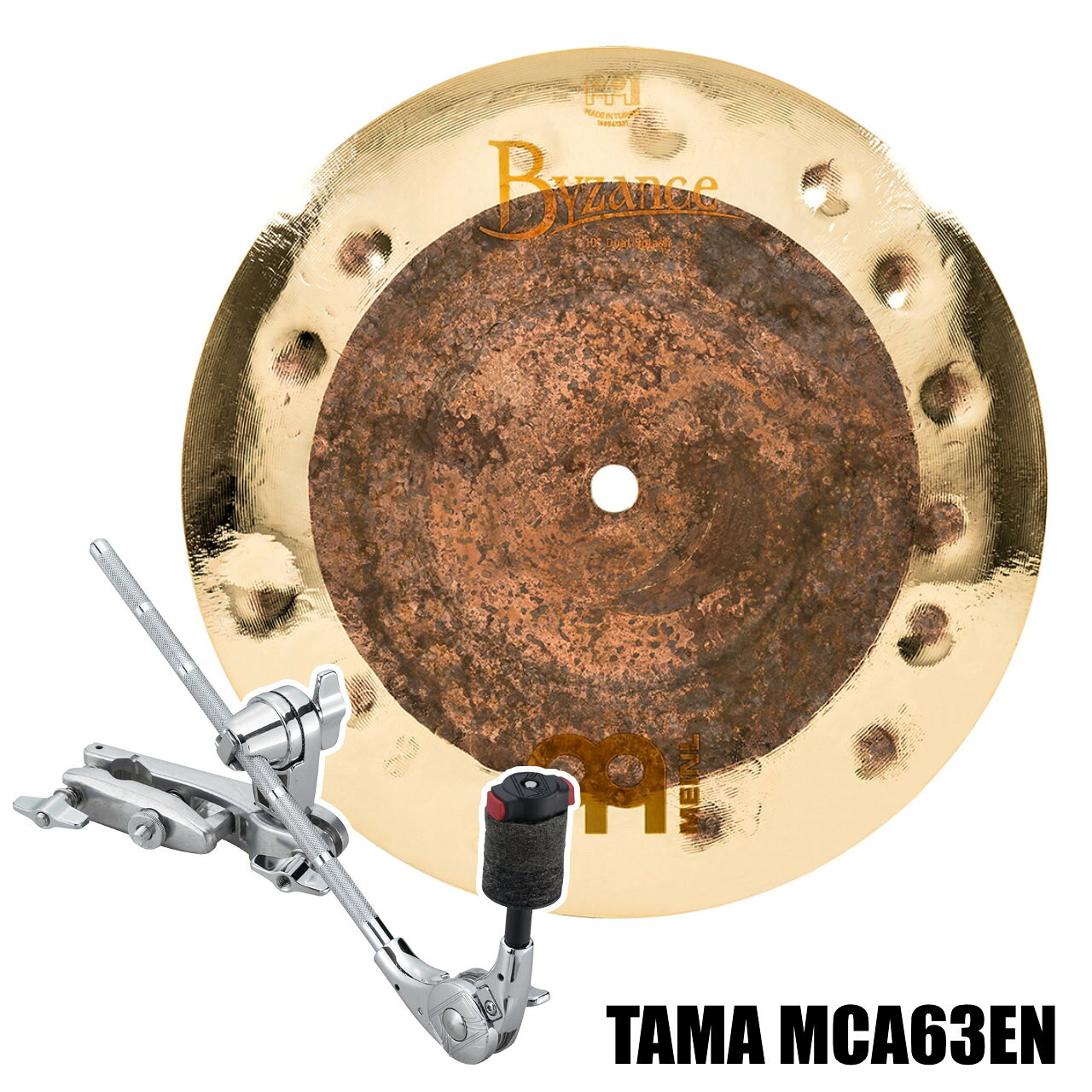シンバルと汎用性の高いシンバルアタッチメントのセット！ シンバルアタッチメント TAMA MCA63ENMC66とMCB30ENを組み合わせたシンバルアタッチメント。 パイプ 径 15.9mm 〜 28.6mm のスタンドに取り付けて、シンバルをセッティングできます。 先端部は8mm ネジで、Quick-set Cymbal Mate (QC8) が取り付けてあります。 &nbsp; &nbsp; 10" Byzance Dual Splash 2015年のリリースで爆発的なヒットを記録したExtra Dry Dualシリーズに、10"スプラッシュが新たにラインナップされました。 10"スプラッシュは非常に早いレスポンスでヒットした瞬間に一気に出力し素早く減衰します。 素晴らしいダークさとトラッシーなアクセントを合わせ持っています。 Timbre：Dark Character：Esoteric, Dry Pitch：Low-Mid Volume：Low Sustain：Short Weight：Thin Finish：Raw, Brilliant, Traditional Material：B20 Lathe：None, Narrow Blade &nbsp; &nbsp; 【セット内容】 シンバル　x1 TAMA MCA63EN x1 &nbsp; ■上記製品仕様は2026年7月時点のものです。■ ※製品の仕様及びデザインは予告なく変更される場合があります。 ※多数のサイトに掲載しております。ご注文のタイミングによりご用意できない場合がございます。あらかじめご了承くださいませ。 随時更新するよう努めてはおりますが、最新状況は常に変動するため合わせてメーカーでもご確認下さい。 &nbsp;