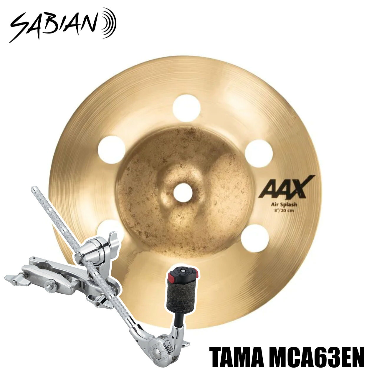 シンバルと汎用性の高いシンバルアタッチメントのセット！ シンバルアタッチメント TAMA MCA63ENMC66とMCB30ENを組み合わせたシンバルアタッチメント。 パイプ 径 15.9mm 〜 28.6mm のスタンドに取り付けて、シンバルをセッティングできます。 先端部は8mm ネジで、Quick-set Cymbal Mate (QC8) が取り付けてあります。 &nbsp; &nbsp; 大きいベルと小さめの6つのホールにより、パンチのあるキレ味に加え、パワーも抜群のスプラッシュ。&nbsp; AAX Modern&times; Bright B20 BRONZE ／CAST BRONZE 80%Copper + 20%Tin + Trace of Silver ブライトでクイックレスポンス。大きめの&ldquo;ハンドガイド&rdquo;マシンハンマリングと、浅く高密度のレイジング加工によって、いかなるボリュームでもシンバル本来の音色を失うことなく、不要な倍音をカットした、ピュアで明確なサウンドが持ち味。 &nbsp; 【サイズ】 8インチ &nbsp; 【ウェイト】 Extra Thin &nbsp; &nbsp; 【セット内容】 シンバル　x1 TAMA MCA63EN x1 &nbsp; ■上記製品仕様は2026年7月時点のものです。■ ※製品の仕様及びデザインは予告なく変更される場合があります。 ※多数のサイトに掲載しております。ご注文のタイミングによりご用意できない場合がございます。あらかじめご了承くださいませ。 随時更新するよう努めてはおりますが、最新状況は常に変動するため合わせてメーカーでもご確認下さい。 &nbsp; &nbsp;