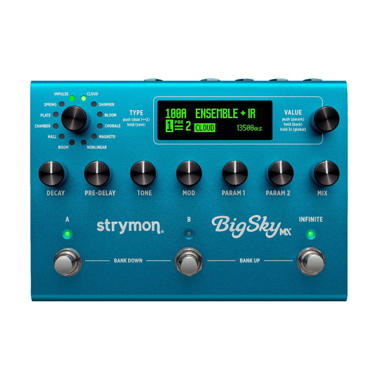 7種類の新開発リバーブ・アルゴリズム STRYMON&nbsp;BigSky MX リバーブ・エフェクター &nbsp; リバーブペダルの新たな頂点がここに到来しました。 BigSky MXは、3コア800MHz ARMプロセッサーによる強力な演算処理能力を生かした革新的なアルゴリズムデザインと、 完璧な音響クラフトマンとの出会いによって、驚くほど新しいレベルの豊かさと複雑さを備えた、ポジティブで崇高なリバーブを提供します。 それらは、新しく創造的な作品やエンドレスな演奏を刺激するサウンドです。 ・7種類の新開発リバーブ・アルゴリズム ・インパルスレスポンス技術によって実現した前例のないリバーブエフェクト ・超高音質設計：116dBのダイナミックレンジ ・32ビット浮動小数点演算プロセッシング ・ステレオ入出力 ・楽器およびラインレベル信号の入力レベルが選択可能 ・選択可能なトゥルーバイパス、または、バッファードバイパス ・最大300プリセットが保存可能 ・USB-C ジャック搭載 ・さらに磨かれた5種類の定番リバーブ・アルゴリズム ・2台のリバーブを同時に使用可能 ・3コア800MHz ARMプロセッサー採用 ・A/D &amp; D/A：24-bit/96kHz ・ディスクリート・クラス A JFETプリアンプ ・デジタル変換されないゼロレイテンシーのドライ信号用のアナログドライパス ・エクスプレッション・ペダル機能 ・フリーズまたはインフィニティ機能を切り替えるINFINITEスイッチ 入出力 入出力ステレオ In &amp; Out 入力インピーダンス1M Ohm 出力インピーダンス100 Ohm 最大入力レベル+10dBu バイパストゥルー・バイパス / アナログ・バッファード・バイパス ドライ・パスアナログ・ドライ・パス設計（原音はAD変換されません） エクスプレッションエクスプレッションペダル MIDIMIDI In &amp; Out USBUSB Type-C その他 入力電圧9VDC 2.1mm センターマイナス、500mA（※電源アダプターは別売） サイズ172mm（幅）&times;127mm（縦）&times;33mm / 48mm（高） 重量686g シャーシ軽量、堅牢なアルマイト処理アルミシャーシを採用 Made in USA　