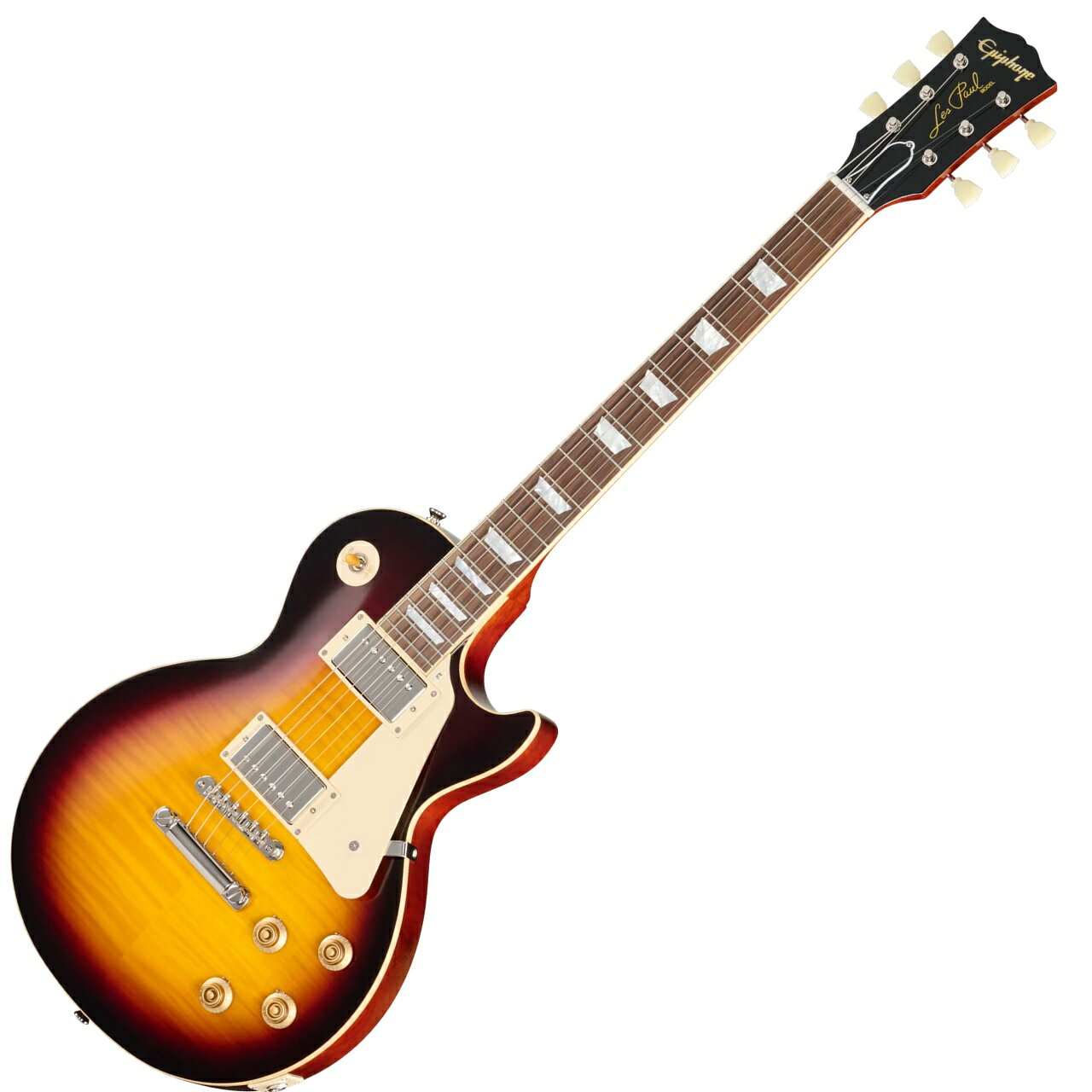 1959年製のGibson Les Paul Standardは、世界で最も人気があり、価値の高いヴィンテージ・ギターの一つです。Peter Green、Kirk Hammett、Joe Bonamassaなど、数多くの著名なプレイヤーに愛用されてきました。1960年モデルと仕様は近いものの、1959年ラウンデッド・ミディアムCネック・プロファイルを採用している点が特徴です。1960年モデルのスリムテーパー&trade;・ネックよりもやや厚みがあり、多くのプレイヤーに愛され続けています。 このたび、ギブソンカスタムショップとの緊密な連携により、1959 Les Paul Standard Reissueが登場します。貴重な1959年製Les Paul Standardのルックスと演奏性を忠実に再現しながら、手の届きやすい価格を実現したモデルです。 本モデルでは、ワンピース・マホガニー・ネック（ロング・ネック・テノン仕様）を採用し、豊かなサステインを実現。1959年ラウンデッド・ミディアムCネック・プロファイルを採用し、バインディングが施されたローズウッド指板を備えています。さらに、マザー・オブ・パールのトラペゾイド・インレイ、エイジド加工を施したEpiphoneロゴ、シルクスクリーン印刷されたゴールド色の「Les Paul Model」の文字が入ったギブソン・スタイルの&ldquo;オープンブック&rdquo;ヘッドストックを採用。サイドドットの位置やサイズも、1959年当時のLes Paul Standardと同じ仕様になっています。ジェニューイン・マホガニー材のボディにメイプル・トップが貼られ、トップには美しいAAAフレイムメイプル化粧板があしらわれています。 エレクトロニクスには、Gibson Custombucker humbucker（USA製、アルニコ3マグネット搭載）を2基搭載し、CTSポテンショメーター、Bumblebeeペーパーインオイル・キャパシター、Switchcraft製トグルスイッチ、1/4インチ・アウトプットジャックを採用。すべてハンドワイヤリングで配線されています。 フィニッシュには、深みのある風合いを演出するヴィンテージ・グロスを採用。ニッケル・ハードウェアとの組み合わせが、美しいヴィンテージの風格を演出します。チューナーには、Epiphone Deluxe &ldquo;シングルリング&rdquo; キーストン・ボタン・チューナーを搭載。 外張りがブラウン色で内張りがピンク色のヴィンテージスタイルのハードケースが付属します。 Body Material Mahogany Top Maple with AAA Flamed Maple Veneer Binding Single Ply Cream, Top and Fretboard Body Finish Vintage Gloss Neck Profile 1959 Rounded Medium C Scale Length 628.65 mm / 24.75 in Fingerboard Material Rosewood Fingerboard Radius 304.8 mm / 12 in Neck Material One Piece Mahogany Fret Count 22 Frets Medium Jumbo Nut Material Graph Tech Nut Width 43.0 mm / 1.692 in Inlays Mother-of-Pearl Trapezoid Joint Glued In, Set Neck; Long Tenon Bridge ABR-1 Tune-O-Matic Tailpiece Historical Aluminum Stop Bar Tuning Machines &nbsp;Epiphone Deluxe, Double Ring Keystone Button Pickguard Historic-style Cream, No Bevel Truss Rod Dual Action Truss Rod Cover 2-ply Black Bell; Blank, Wide White Control Knobs Gold Top Hat with Reflector and Nickel-plated Dial Pointer Neck Pickup Gibson Custombucker Bridge Pickup Gibson Custombucker Controls 2 Volume, 2 Tone; CTS Potentiometers, Bumblebee Paper in Oil Capacitors Pickup Selector Switchcraft 3-way Toggle Output Jack 1/4" Switchcraft Strings Gauge .010, .013, .017, .026, .036, .046 【 Epiphoneユーザー登録カード】 （いわゆる保証書ですが持っているだけでは有効になりませんのでご注意下さい。） 必要事項をご記入の上到着後15日以内に郵送下さい。ユーザー登録したご本人に限り、メーカー規定の保証が無期限で提供されます。