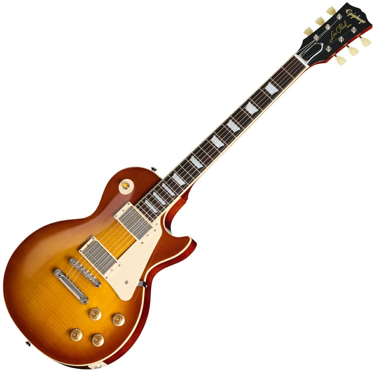 1959年製のGibson Les Paul Standardは、世界で最も人気があり、価値の高いヴィンテージ・ギターの一つです。Peter Green、Kirk Hammett、Joe Bonamassaなど、数多くの著名なプレイヤーに愛用されてきました。1960年モデルと仕様は近いものの、1959年ラウンデッド・ミディアムCネック・プロファイルを採用している点が特徴です。1960年モデルのスリムテーパー&trade;・ネックよりもやや厚みがあり、多くのプレイヤーに愛され続けています。 このたび、ギブソンカスタムショップとの緊密な連携により、1959 Les Paul Standard Reissueが登場します。貴重な1959年製Les Paul Standardのルックスと演奏性を忠実に再現しながら、手の届きやすい価格を実現したモデルです。 本モデルでは、ワンピース・マホガニー・ネック（ロング・ネック・テノン仕様）を採用し、豊かなサステインを実現。1959年ラウンデッド・ミディアムCネック・プロファイルを採用し、バインディングが施されたローズウッド指板を備えています。さらに、マザー・オブ・パールのトラペゾイド・インレイ、エイジド加工を施したEpiphoneロゴ、シルクスクリーン印刷されたゴールド色の「Les Paul Model」の文字が入ったギブソン・スタイルの&ldquo;オープンブック&rdquo;ヘッドストックを採用。サイドドットの位置やサイズも、1959年当時のLes Paul Standardと同じ仕様になっています。ジェニューイン・マホガニー材のボディにメイプル・トップが貼られ、トップには美しいAAAフレイムメイプル化粧板があしらわれています。 エレクトロニクスには、Gibson Custombucker humbucker（USA製、アルニコ3マグネット搭載）を2基搭載し、CTSポテンショメーター、Bumblebeeペーパーインオイル・キャパシター、Switchcraft製トグルスイッチ、1/4インチ・アウトプットジャックを採用。すべてハンドワイヤリングで配線されています。 フィニッシュには、深みのある風合いを演出するヴィンテージ・グロスを採用。ニッケル・ハードウェアとの組み合わせが、美しいヴィンテージの風格を演出します。チューナーには、Epiphone Deluxe &ldquo;シングルリング&rdquo; キーストン・ボタン・チューナーを搭載。 外張りがブラウン色で内張りがピンク色のヴィンテージスタイルのハードケースが付属します。 Body Material Mahogany Top Maple with AAA Flamed Maple Veneer Binding Single Ply Cream, Top and Fretboard Body Finish Vintage Gloss Neck Profile 1959 Rounded Medium C Scale Length 628.65 mm / 24.75 in Fingerboard Material Rosewood Fingerboard Radius 304.8 mm / 12 in Neck Material One Piece Mahogany Fret Count 22 Frets Medium Jumbo Nut Material Graph Tech Nut Width 43.0 mm / 1.692 in Inlays Mother-of-Pearl Trapezoid Joint Glued In, Set Neck; Long Tenon Bridge ABR-1 Tune-O-Matic Tailpiece Historical Aluminum Stop Bar Tuning Machines &nbsp;Epiphone Deluxe, Double Ring Keystone Button Pickguard Historic-style Cream, No Bevel Truss Rod Dual Action Truss Rod Cover 2-ply Black Bell; Blank, Wide White Control Knobs Gold Top Hat with Reflector and Nickel-plated Dial Pointer Neck Pickup Gibson Custombucker Bridge Pickup Gibson Custombucker Controls 2 Volume, 2 Tone; CTS Potentiometers, Bumblebee Paper in Oil Capacitors Pickup Selector Switchcraft 3-way Toggle Output Jack 1/4" Switchcraft Strings Gauge .010, .013, .017, .026, .036, .046 【 Epiphoneユーザー登録カード】 （いわゆる保証書ですが持っているだけでは有効になりませんのでご注意下さい。） 必要事項をご記入の上到着後15日以内に郵送下さい。ユーザー登録したご本人に限り、メーカー規定の保証が無期限で提供されます。