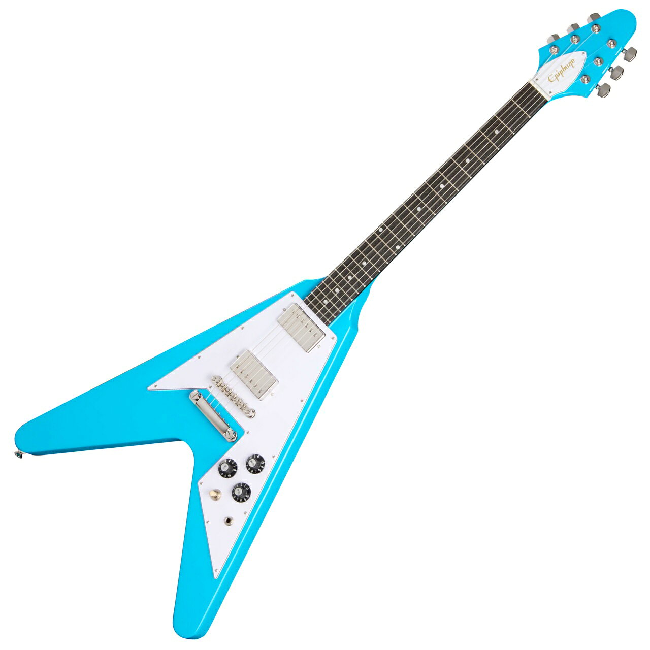 ハードロック系ギタリストに人気のギブソン70sフライングVを再現、エピフォンならではのコスパ抜群の仕上がりです。 変形スタイルの代表的モデルですが今では貫禄さえ感じさせるクラシックなルックスです。 全体的に大きめなサイズではありますが割と軽量なことも人気の秘密。エピフォンプロバッカーピックアップ搭載でパンチのあるロックなサウンドが味わえます。 座って弾くには少々不安定ですが股に挟んで弾くあの人スタイルがやっぱりステージ映えします！ 意表をついたマウイブルーカラー、ポップでロック、そして個性的な一本をお探しのあなたに。 そして一本限りのお買い得プライスもお見逃し無く ソフトケース付属 【セール特価品】 特価価格販売品につき使用上問題のない外観上のわずかなチョイキズ,汚れ等ははご容赦下さいませ。 プレイヤビリティに関する初期不具合の場合は修理、もしくはご返金にて対応させて頂きます。 セール対象商品につき新品交換は出来ません。 店頭及び他のサイトでも販売しています。買い物かごに入れても売り切れの場合がございます。 ご了承の上、ご注文ください。 Body Finish Gloss Body Material Mahogany Fingerboard Material Rosewood Fingerboard Radius 304.8mm / 12.0in Fret Count 22 Frets Medium Jumbo Inlays Pearloid Dot Joint Glued In, Set Neck Neck Material Mahogany Nut Material Graph Tech Nut Width 43.0mm&nbsp; 1.69in Profile Rounded C Scale Length 628.65mm 24.75in Bridge Pickup Epiphone T-Type PRO Humbucker Neck Pickup Epiphone T-Type PRO Humbucker Controls 2 Volume, Master Tone; CTS Potentiometers Output Jack Epiphone 1/4" Pickup Selector Epiphone 3-way Toggle Bridge LockTone Tune-O-Matic Tailpiece LockTone Stop Bar Truss Rod Dual Action Tuning Machines Grover Rotomatic with Spade Button Strings Gauge .010, .013, .017, .026, .036, .046