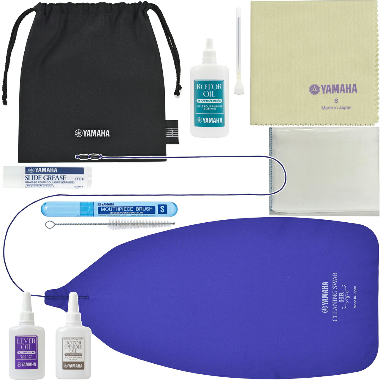 一部ヤマハ製品以外を含みます。 &nbsp; ホルン用 管楽器お手入れセット。　 吹奏楽入門者、初心者にはお手入れはどうすればいいか、何を買えばいいかすら難しいですよね。 ヤマハお手入れセットKOSHR5 KOSHR6はオイルの容量などが少なく、また定期的なお手入れをするお手入れ用品としてはまだ不十分でもあります。 楽器はどれもそれなりのメンテナンスが必要になりますが、管楽器はとても繊細で毎回の練習前、また練習後にもお手入れが必要になる楽器です。 &nbsp; とくにホルンはレバー固着の故障が大変多く、お手入れを行っているにも関わらずうまくできていないため気づかぬうちにサビが発生したりすることが多いです。 お手入れの不備で起こってしまう故障についてはメーカーの保証がきかないことが多いですので、高額な修理代がかかってしまうこともしばしば... 過度に磨いたりする必要はないですが、外観よりも内部のお掃除は大事な部分ですので、しっかりとお手入れ、お掃除をしましょう。 &nbsp; &nbsp; ホルン用 お手入れ用品 楽器 管楽器 メンテナンス お掃除 ヤマハ　クリーニングスワブ HR3 CLSHR3　1枚 ヤマハ　ローターオイル RO4　容量40ml　1本 ヤマハ　ローターオイル用ノズル RON&nbsp; 1個 ヤマハ　ロータースピンドルオイル RS05　容量20ml　1本 ヤマハ　レバーオイル LO4 ヤマハ　マウスピースブラシ MPBS2　1個 ヤマハ　スライドグリス SGK4　1個 ヤマハ　ポリシングクロスS PCS3 サイズ：260mm&times;260mm 1枚入り ギャラックス　ポリシングガーゼ　約 27&times;27cm 1枚 ヤマハ　巾着袋 &nbsp;※細かい仕様が画像と異なる場合がございます。 &nbsp;　