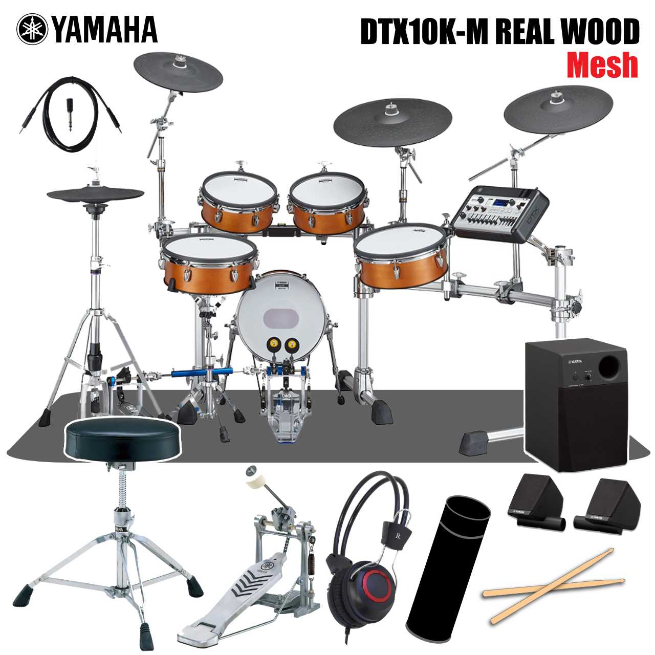 極上のサウンド、演奏性を備えたYAMAHAの新しいフラッグシップ電子ドラムが登場 YAMAHA初のメッシュヘッド搭載モデル 本物のドラムの美しさを放つ、DTX Drumsのフラッグシップモデル DTX10シリーズは、YAMAHA電子ドラムのフラグシップモデルとして機能性とアコースティックドラムの美しさを兼ね備えた電子ドラムです。 著名なスタジオで収録された本物のサウンドとアンビエンス。直感的にサウンドメイクができる操作性。ドラマーの想いを引き出す打感と表現力。そしてバーチ材シェルにドラムと同じ塗装を施すことにより生まれる、本物の美しさ。 ヤマハが長年のものづくりの中で培った技術と感性により、全く新しいDTX Drumsが誕生しました。 &nbsp; こちらはヤマハ初のメッシュヘッドを採用したモデルです。 &nbsp; 【 セット内容 】 本体 DTX10K-M REAL WOOD スローン YAMAHA DS840 シングルペダル YAMAHA FP7210Aセッティングマット( サイズ：140cm x 160cm / カーペットタイプ ) スティック ヘッドホン スティックケース　　x1 &nbsp; モニタースピーカー YAMAHA MS45DR ※画像はイメージです。 在庫状況によりセット品は同等品に変更になる場合がございます。 予めご了承くださいませ。 &nbsp; 【 DTX10K-M キット構成 】 モジュール：DTX-PROX　　x1 パッド &nbsp;&nbsp; &nbsp;スネア：XP125SD-M (12インチ) メッシュヘッド / 2ゾーン　　x1 タム：XP105T-M (10インチ) メッシュヘッド / 2ゾーン　　x2 フロアタム：XP125T-M (12インチ) メッシュヘッド / 2ゾーン　　x1 キック：KP128 (12インチ) メッシュヘッド / 3層クッション構造　　x1 ハイハット：RHH135 (13インチ) / 2ゾーン　　x1 クラッシュ1：PCY135 (13インチ) / 3ゾーン　　x1 クラッシュ2：PCY155 (15インチ) / 3ゾーン　　x1 ライド：PCY175 (17インチ) / 3ゾーン　　x1 &nbsp; 【ハードウェア】 ラックシステム　　　：RS10-HXR ハイハットスタンド　：HS740A スネアスタンド　　　：SS662 (12インチ用) サイズ　　　　　　　：1,100 mm x 1,600 mm (セッティング時/奥行x幅) 質量　　　　　　　　：42.1 kg &nbsp; DTX10K-M＜主な特徴＞ ●著名なスタジオで録音された本物のサウンドとアンビエンスを忠実に再現 ●自分だけのサウンドを創造できるAMBIENCE、COMP、EFFECTのKIT MODIFIERノブ ●直感的に、素早く、様々な設定を変更可能なLEDロータリーフェーダー ●静音性、耐久性、そして打感に優れ、高い反発力による心地よい演奏感を生むREMO社製2Plyメッシュ ●ヤマハドラム工場で成型され塗装された美しい木胴シェル ●スネアは打面に3つのセンサーを使用、ライドシンバルは打点検知機能を搭載 ●Individual Out端子やPAからの返しを入力できるAUX端子、スマートデバイスに直接オーディオデータを送受信可能なUSB端子 ●ハードウェア、ラックはプロユースのヤマハシステムハードウェアを採用 &nbsp; &nbsp; ■上記製品仕様は2022年5月時点のものです。■ ※製品の仕様及びデザインは予告なく変更される場合があります。 ※多数のサイトに掲載しております。ご注文のタイミングによりご用意できない場合がございます。あらかじめご了承くださいませ。 随時更新するよう努めてはおりますが、最新状況は常に変動するため合わせてメーカーでもご確認下さい。 &nbsp;