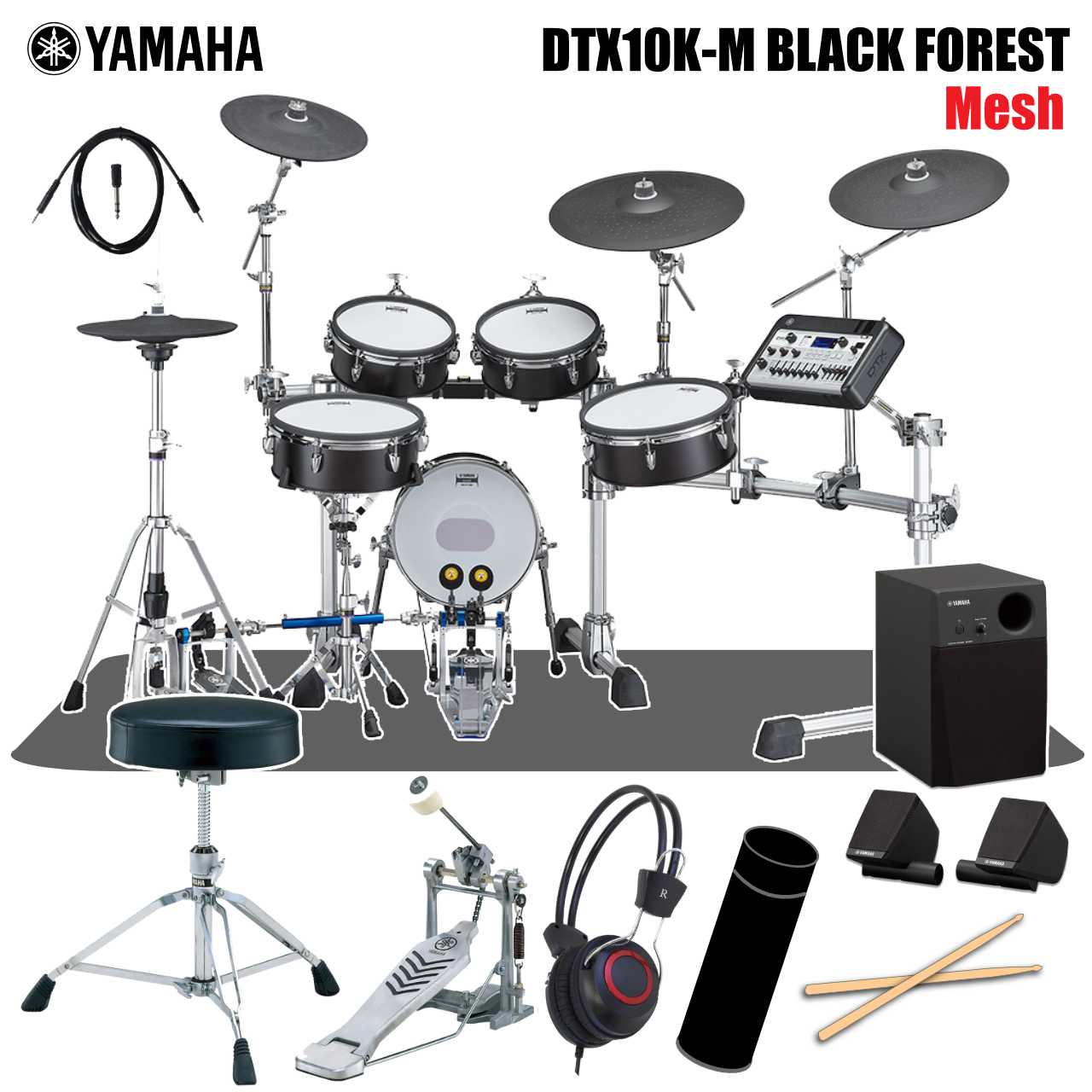 極上のサウンド、演奏性を備えたYAMAHAの新しいフラッグシップ電子ドラムが登場 YAMAHA初のメッシュヘッド搭載モデル 本物のドラムの美しさを放つ、DTX Drumsのフラッグシップモデル DTX10シリーズは、YAMAHA電子ドラムのフラグシップモデルとして機能性とアコースティックドラムの美しさを兼ね備えた電子ドラムです。 著名なスタジオで収録された本物のサウンドとアンビエンス。直感的にサウンドメイクができる操作性。ドラマーの想いを引き出す打感と表現力。そしてバーチ材シェルにドラムと同じ塗装を施すことにより生まれる、本物の美しさ。 ヤマハが長年のものづくりの中で培った技術と感性により、全く新しいDTX Drumsが誕生しました。 &nbsp; こちらはヤマハ初のメッシュヘッドを採用したモデルです。 &nbsp; 【 セット内容 】 本体 スローン YAMAHA DS840 シングルペダル YAMAHA FP7210A セッティングマット( サイズ：140cm x 160cm / カーペットタイプ ) スティック ヘッドホン スティックケース　　x1 モニタースピーカー YAMAHA MS45DR ※画像はイメージです。 在庫状況によりセット品は同等品に変更になる場合がございます。 予めご了承くださいませ。 &nbsp; &nbsp; 【 DTX10K-M キット構成 】 モジュール：DTX-PROX　　x1 パッド &nbsp;&nbsp; &nbsp;スネア：XP125SD-M (12インチ) メッシュヘッド / 2ゾーン　　x1 タム：XP105T-M (10インチ) メッシュヘッド / 2ゾーン　　x2 フロアタム：XP125T-M (12インチ) メッシュヘッド / 2ゾーン　　x1 キック：KP128 (12インチ) メッシュヘッド / 3層クッション構造　　x1 ハイハット：RHH135 (13インチ) / 2ゾーン　　x1 クラッシュ1：PCY135 (13インチ) / 3ゾーン　　x1 クラッシュ2：PCY155 (15インチ) / 3ゾーン　　x1 ライド：PCY175 (17インチ) / 3ゾーン　　x1 &nbsp; 【ハードウェア】 ラックシステム　　　：RS10-HXR ハイハットスタンド　：HS740A スネアスタンド　　　：SS662 (12インチ用) サイズ　　　　　　　：1,100 mm x 1,600 mm (セッティング時/奥行x幅) 質量　　　　　　　　：42.1 kg &nbsp; DTX10K-M＜主な特徴＞ ●著名なスタジオで録音された本物のサウンドとアンビエンスを忠実に再現 ●自分だけのサウンドを創造できるAMBIENCE、COMP、EFFECTのKIT MODIFIERノブ ●直感的に、素早く、様々な設定を変更可能なLEDロータリーフェーダー ●静音性、耐久性、そして打感に優れ、高い反発力による心地よい演奏感を生むREMO社製2Plyメッシュ ●ヤマハドラム工場で成型され塗装された美しい木胴シェル ●スネアは打面に3つのセンサーを使用、ライドシンバルは打点検知機能を搭載 ●Individual Out端子やPAからの返しを入力できるAUX端子、スマートデバイスに直接オーディオデータを送受信可能なUSB端子 ●ハードウェア、ラックはプロユースのヤマハシステムハードウェアを採用 &nbsp; &nbsp; &nbsp; ■上記製品仕様は2022年5月時点のものです。■ ※製品の仕様及びデザインは予告なく変更される場合があります。 ※多数のサイトに掲載しております。ご注文のタイミングによりご用意できない場合がございます。あらかじめご了承くださいませ。 随時更新するよう努めてはおりますが、最新状況は常に変動するため合わせてメーカーでもご確認下さい。 &nbsp;