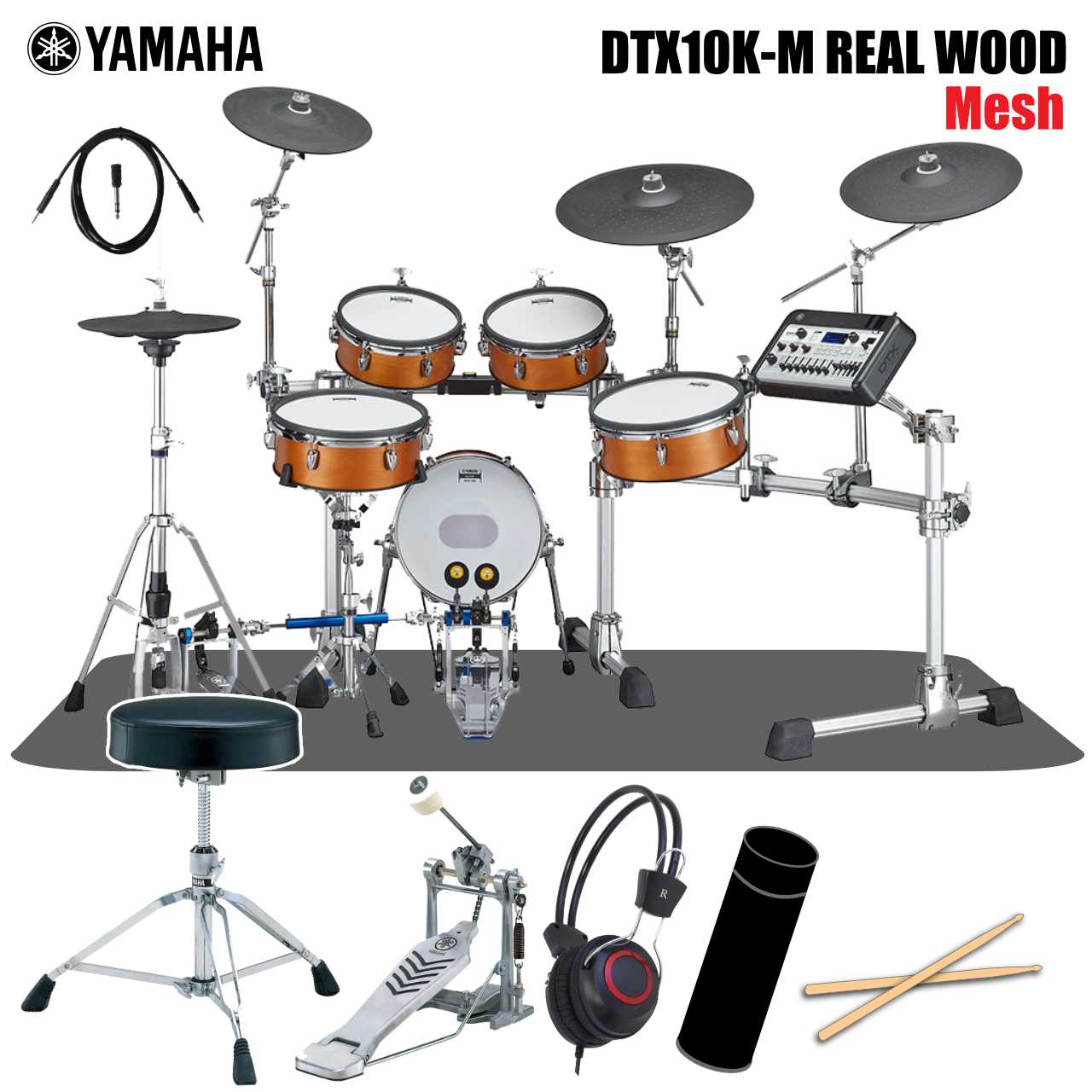 極上のサウンド、演奏性を備えたYAMAHAの新しいフラッグシップ電子ドラムが登場 YAMAHA初のメッシュヘッド搭載モデル 本物のドラムの美しさを放つ、DTX Drumsのフラッグシップモデル DTX10シリーズは、YAMAHA電子ドラムのフラグシップモデルとして機能性とアコースティックドラムの美しさを兼ね備えた電子ドラムです。 著名なスタジオで収録された本物のサウンドとアンビエンス。直感的にサウンドメイクができる操作性。ドラマーの想いを引き出す打感と表現力。そしてバーチ材シェルにドラムと同じ塗装を施すことにより生まれる、本物の美しさ。 ヤマハが長年のものづくりの中で培った技術と感性により、全く新しいDTX Drumsが誕生しました。 &nbsp; こちらはヤマハ初のメッシュヘッドを採用したモデルです。 &nbsp; 【 セット内容 】 本体 DTX10K-M REAL WOOD スローン YAMAHA DS840 シングルペダル YAMAHA FP7210Aセッティングマット( サイズ：140cm x 160cm / カーペットタイプ ) スティック ヘッドホン スティックケース　　x1 ※画像はイメージです。 在庫状況によりセット品は同等品に変更になる場合がございます。 予めご了承くださいませ。 &nbsp; 【 DTX10K-M キット構成 】 モジュール：DTX-PROX　　x1 パッド &nbsp;&nbsp; &nbsp;スネア：XP125SD-M (12インチ) メッシュヘッド / 2ゾーン　　x1 タム：XP105T-M (10インチ) メッシュヘッド / 2ゾーン　　x2 フロアタム：XP125T-M (12インチ) メッシュヘッド / 2ゾーン　　x1 キック：KP128 (12インチ) メッシュヘッド / 3層クッション構造　　x1 ハイハット：RHH135 (13インチ) / 2ゾーン　　x1 クラッシュ1：PCY135 (13インチ) / 3ゾーン　　x1 クラッシュ2：PCY155 (15インチ) / 3ゾーン　　x1 ライド：PCY175 (17インチ) / 3ゾーン　　x1 &nbsp; 【ハードウェア】 ラックシステム　　　：RS10-HXR ハイハットスタンド　：HS740A スネアスタンド　　　：SS662 (12インチ用) サイズ　　　　　　　：1,100 mm x 1,600 mm (セッティング時/奥行x幅) 質量　　　　　　　　：42.1 kg &nbsp; DTX10K-M＜主な特徴＞ ●著名なスタジオで録音された本物のサウンドとアンビエンスを忠実に再現 ●自分だけのサウンドを創造できるAMBIENCE、COMP、EFFECTのKIT MODIFIERノブ ●直感的に、素早く、様々な設定を変更可能なLEDロータリーフェーダー ●静音性、耐久性、そして打感に優れ、高い反発力による心地よい演奏感を生むREMO社製2Plyメッシュ ●ヤマハドラム工場で成型され塗装された美しい木胴シェル ●スネアは打面に3つのセンサーを使用、ライドシンバルは打点検知機能を搭載 ●Individual Out端子やPAからの返しを入力できるAUX端子、スマートデバイスに直接オーディオデータを送受信可能なUSB端子 ●ハードウェア、ラックはプロユースのヤマハシステムハードウェアを採用 &nbsp; &nbsp; ■上記製品仕様は2022年5月時点のものです。■ ※製品の仕様及びデザインは予告なく変更される場合があります。 ※多数のサイトに掲載しております。ご注文のタイミングによりご用意できない場合がございます。あらかじめご了承くださいませ。 随時更新するよう努めてはおりますが、最新状況は常に変動するため合わせてメーカーでもご確認下さい。 &nbsp;