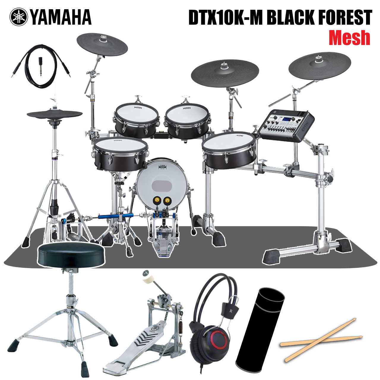 極上のサウンド、演奏性を備えたYAMAHAの新しいフラッグシップ電子ドラムが登場 YAMAHA初のメッシュヘッド搭載モデル 本物のドラムの美しさを放つ、DTX Drumsのフラッグシップモデル DTX10シリーズは、YAMAHA電子ドラムのフラグシップモデルとして機能性とアコースティックドラムの美しさを兼ね備えた電子ドラムです。 著名なスタジオで収録された本物のサウンドとアンビエンス。直感的にサウンドメイクができる操作性。ドラマーの想いを引き出す打感と表現力。そしてバーチ材シェルにドラムと同じ塗装を施すことにより生まれる、本物の美しさ。 ヤマハが長年のものづくりの中で培った技術と感性により、全く新しいDTX Drumsが誕生しました。 &nbsp; こちらはヤマハ初のメッシュヘッドを採用したモデルです。 &nbsp; 【 セット内容 】 本体 スローン YAMAHA DS840 シングルペダル YAMAHA FP7210A セッティングマット( サイズ：140cm x 160cm / カーペットタイプ ) スティック ヘッドホン スティックケース　　x1 ※画像はイメージです。 在庫状況によりセット品は同等品に変更になる場合がございます。 予めご了承くださいませ。 &nbsp; &nbsp; 【 DTX10K-M キット構成 】 モジュール：DTX-PROX　　x1 パッド &nbsp;&nbsp; &nbsp;スネア：XP125SD-M (12インチ) メッシュヘッド / 2ゾーン　　x1 タム：XP105T-M (10インチ) メッシュヘッド / 2ゾーン　　x2 フロアタム：XP125T-M (12インチ) メッシュヘッド / 2ゾーン　　x1 キック：KP128 (12インチ) メッシュヘッド / 3層クッション構造　　x1 ハイハット：RHH135 (13インチ) / 2ゾーン　　x1 クラッシュ1：PCY135 (13インチ) / 3ゾーン　　x1 クラッシュ2：PCY155 (15インチ) / 3ゾーン　　x1 ライド：PCY175 (17インチ) / 3ゾーン　　x1 &nbsp; 【ハードウェア】 ラックシステム　　　：RS10-HXR ハイハットスタンド　：HS740A スネアスタンド　　　：SS662 (12インチ用) サイズ　　　　　　　：1,100 mm x 1,600 mm (セッティング時/奥行x幅) 質量　　　　　　　　：42.1 kg &nbsp; DTX10K-M＜主な特徴＞ ●著名なスタジオで録音された本物のサウンドとアンビエンスを忠実に再現 ●自分だけのサウンドを創造できるAMBIENCE、COMP、EFFECTのKIT MODIFIERノブ ●直感的に、素早く、様々な設定を変更可能なLEDロータリーフェーダー ●静音性、耐久性、そして打感に優れ、高い反発力による心地よい演奏感を生むREMO社製2Plyメッシュ ●ヤマハドラム工場で成型され塗装された美しい木胴シェル ●スネアは打面に3つのセンサーを使用、ライドシンバルは打点検知機能を搭載 ●Individual Out端子やPAからの返しを入力できるAUX端子、スマートデバイスに直接オーディオデータを送受信可能なUSB端子 ●ハードウェア、ラックはプロユースのヤマハシステムハードウェアを採用 &nbsp; &nbsp; &nbsp; ■上記製品仕様は2022年5月時点のものです。■ ※製品の仕様及びデザインは予告なく変更される場合があります。 ※多数のサイトに掲載しております。ご注文のタイミングによりご用意できない場合がございます。あらかじめご了承くださいませ。 随時更新するよう努めてはおりますが、最新状況は常に変動するため合わせてメーカーでもご確認下さい。 &nbsp;