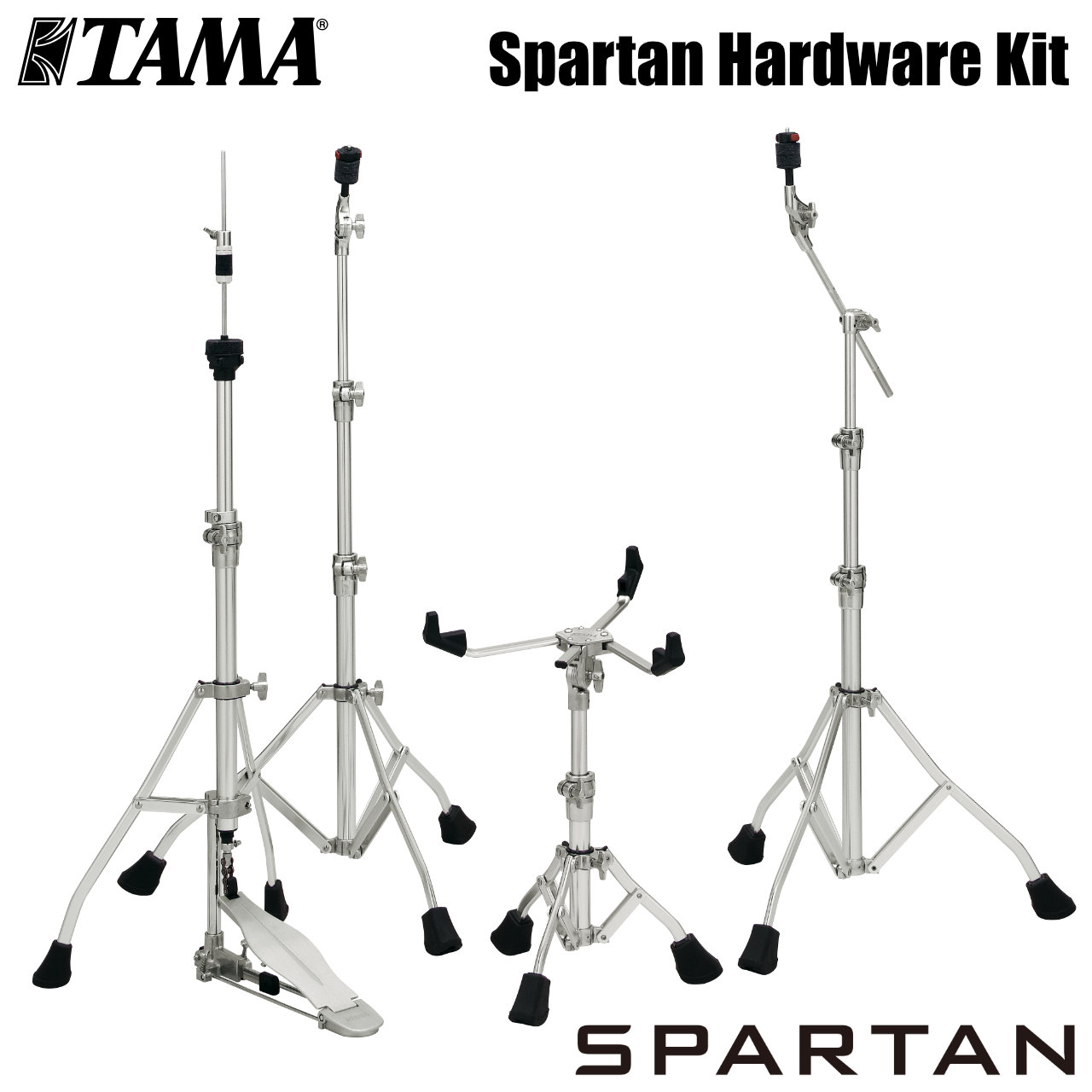 Spartan Hardware Kit ドラムをセットアップする時、腕にずっしりと感じるスタンドの重さ。セッティング中にスムーズに調整できない時の不安と焦り。 そして、それらによってプレイの前にしてすでに身体に生じるわずかな疲労感。どれも多くのドラマーが感じながらも、言葉として意識にのぼることの少ない小さな違和感。これらは気づかない内に、しかし確実にドラマーの集中力や表現力、そして演奏のクオリティを蝕んでいきます。 その違和感を解消することで、ドラマーが持つクリエイティビティを思う存分発揮してもらいたい。そんな願いを込めて我々が生み出した新しいスタンド、それがこのSpartan です。 Spartanの開発で我々が追求したのは単なる軽量化ではありません。 たとえば演奏中のウォークを防ぐAnti Walk Rubber Feet や、ブームアームの長さと角度を同時に調整できるDuo Lock Boom Tilter など、Spartan のために開発された画期的機構を搭載。 軽さを追い求めながらも、スピーディなセットアップを可能にする調整機能や、演奏中のプレイに集中できる安定性をも実現しています。 ドラマーのプレイアビリティを向上させるために、これまでの商品開発の中で培ってきた多彩な機構的アイデアを、ドラマーの負担を軽減するのに必要十分な軽量性の元に統合する。 これによって、まさに&ldquo;ドラマーにとってちょうどいい&rdquo;調和美を目指しました。 カタログスペックだけでは語ることのできない、しかしドラマーなら触れた瞬間に誰もが感じとるSpartan のポテンシャルは、これまでにない唯一無二のオリジナリティ。 プレイヤーの求めにそっと寄り添い、過酷な演奏環境にも揺らぐことなく、ドラマーの自由な演奏と創造性を可能にします。 &nbsp; &nbsp; 【商品内容】 HH75DS ハイハットスタンド　　x1 HC72S ストレートシンバルスタンド　　x1 HS70S スネアスタンド　　x1 HC73BS ブームシンバルスタンド　　x1 総重量: 7.6kg &nbsp; #TAMAハードウェアセット &nbsp; ■上記製品仕様は2026年9月時点のものです。■ ※製品の仕様及びデザインは予告なく変更される場合があります。 ※多数のサイトに掲載しております。ご注文のタイミングによりご用意できない場合がございます。あらかじめご了承くださいませ。 随時更新するよう努めてはおりますが、最新状況は常に変動するため合わせてメーカーでもご確認下さい。 &nbsp; &nbsp;