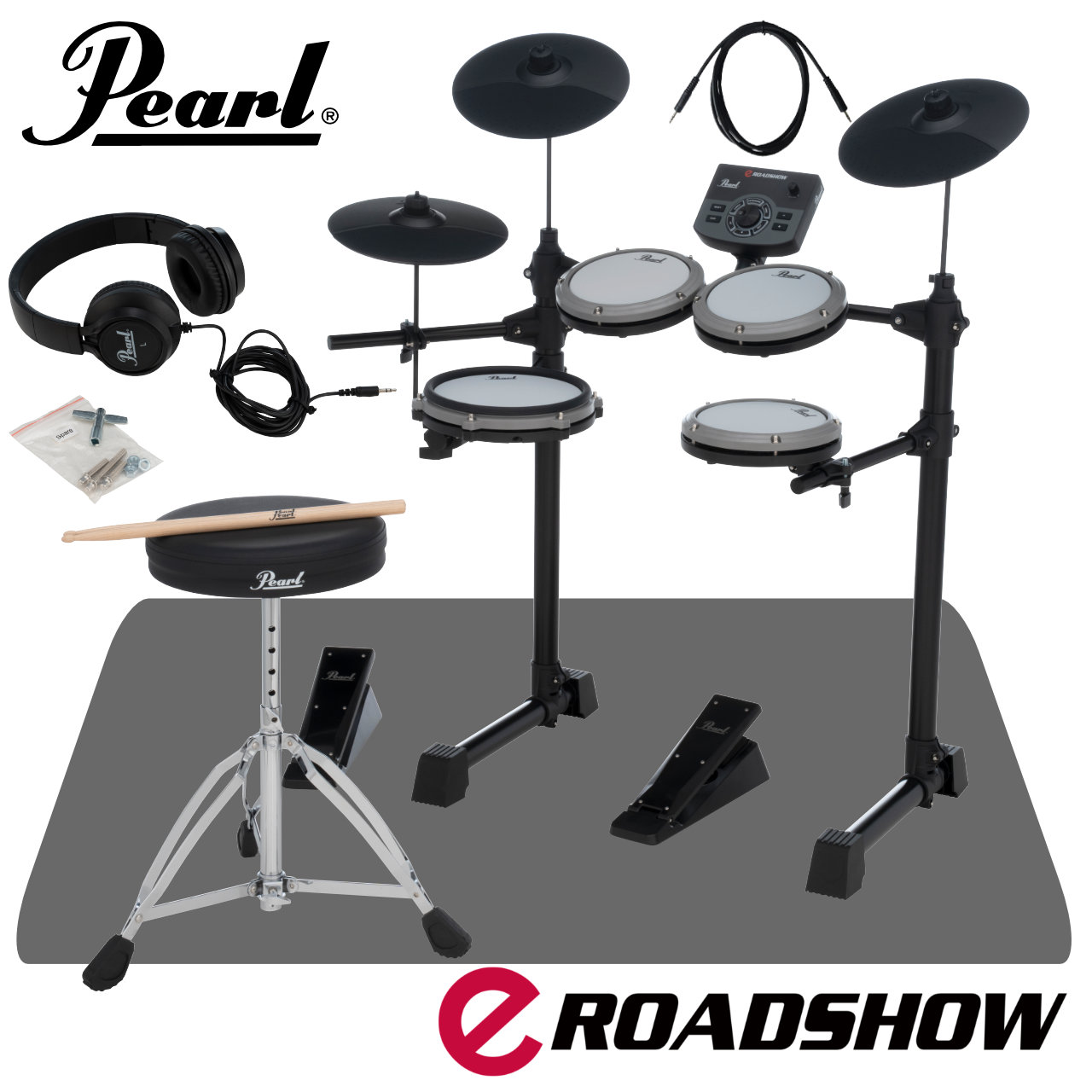 世界のパールが手がけるオールインワンタイプの電子ドラムが遂に登場！ eROADSHOW　ERS1000 eROADSHOWは、1946年の創業以来、多くのミュージシャンに愛されてきたパールドラムスが手掛ける、オールインワンタイプの電子ドラムです。 演奏を始めるために必要なものがすべてそろっているので、購入後すぐにドラムを楽しむことができます。 組み立ても分かりやすく、手頃な価格と静音性に配慮した設計で、自宅練習にもぴったりなエントリーモデルです。 150種類の内蔵ドラムサウンドと、パールドラムス監修の15種類のプリセットドラムキットを搭載。 毎日の練習をやさしくサポートし、無理なくステップアップできる機能も充実。 メトロノームやレコーディング機能に加え、オリジナルの10曲のプレイアロングトラックを内蔵しており、楽しみながらさまざまなスタイルのドラム演奏にチャレンジできます。 &nbsp; &nbsp; サウンドモジュール（音源）について eROADSHOWのサウンドモジュールは、初めての方でも簡単に使え、演奏に慣れてきた後も長く楽しめる柔軟性を備えています。 150種類の高品質ドラムサウンドと15種類のプリセットドラムキットを内蔵。 パールドラムス監修のキットも多数収録し、ロック、ファンク、メタルなど、幅広い音楽ジャンルに対応します。 メトロノームやレコーディング機能、10曲のプレイアロングソングなど、練習をサポートする機能も充実。 リズム感やテクニック、フィーリングを楽しみながら自然に身につけることができます。 スマートフォンや音楽プレーヤーをつなげば、お気に入りの曲に合わせて演奏できます。 USB/MIDI対応により、音楽ソフトウェアと接続してレッスンやレコーディングにも対応。 付属のヘッドホンを使えば、時間や場所を選ばず、周囲を気にせず練習できます。 &nbsp; &nbsp; サイズについて eRoadshowは、一般的な電子ドラムキットと比べて25%も小型化。限られたスペースにもすっきりと収まります。 リビング、寝室、狭いワンルームや子供部屋など、場所を選ばずコンパクトに収まり、部屋のレイアウトを変える必要もありません。 狭い空間でも、迫力のサウンドと本格的な打感を実現します。 &nbsp; &nbsp; おすすめポイント● 配線も迷わず簡単 すべてのケーブル接続部には明確なラベル表示があり、各パッドへ簡単かつ素早く接続できます。● お部屋にちょうどいいサイズ感。 コンパクトな設計で、限られたスペースでも快適に演奏できます。使わないときは折りたたんで、省スペースにすっきり収納できます。● セッティングも簡単 eRoadshowは数分で演奏をスタートできます！ 簡単なステップだけで箱から出してすぐに使用でき、追加の工具も必要ありません。 さらに、初心者にもわかりやすいセットアップ動画もご用意していますので、初めてドラムキットを組み立てる方でも迷わず進められます。● 安心のパールブランド eROADSHOWは、1946年の創業以来、多くのミュージシャンに愛されてきたパールドラムスが手掛ける、はじめてのオールインワンタイプ電子ドラムです。購入後すぐにドラムを楽しむことができます。● デュアルゾーン・スネアパッド スネアにはデュアルゾーンパッドを採用し、ヘッド(打面)とリム(縁)の両方を演奏できます。&nbsp; 叩く位置で音色が変わり、リムショットやクロススティックといった本格的なテクニックも再現可能。 その自然な演奏感覚はアコースティックドラムさながらです。● 高い反応性を持ち、耐久性に優れたラバーシンバルパッド ラバー製シンバルパッドは、自然でリアルな打感と素早く正確な反応。 騒音を抑えつつ、本物のアコースティックシンバルを叩いているかのような演奏感を実現します。● 15種類のプリセットドラムキット 150種類の内蔵ドラムサウンドと、パールドラムス監修の15種類のプリセットドラムキットを搭載。 プリセットキットには、ダブルバス（ツーバス）対応のものもあります。 メトロノームやレコーディング機能に加え、オリジナルの10曲のプレイアロングトラックを内蔵しており、楽しみながらさまざまなスタイルのドラム演奏にチャレンジできます。● Melodicsアプリでレッスン（英語版） eRoadshowのAUX IN端子にデバイスをつなげば、付属のヘッドホンでお気に入りの曲と一緒に演奏可能。 さらに、MelodicsアプリでeRoadshow専用の50レッスンが無料で体験でき、楽しみながらスキルアップを目指せます。 &nbsp; 【セット内容】 メッシュドラムパッド&times;4 ハイハットペダル バスドラムキックペダル ラバーシンバルパッド&times;3 ドラムスローン ブリッジラック ヘッドホン ドラムスティック サウンドモジュール（ERSMDL 1000 ） ※カートンサイズ（1 個口）：720 &times; 410 &times; 250 mm　3辺トータルサイズ 1,380mm &nbsp; 音源接続ケーブル 　　x1 ※MP3プレーヤーやスマートホンなどと音源を接続して音楽を流しながら演奏ができます。 ※スマートホンの種類によっては変換プラグが必要となる場合があります。 &nbsp; マット(120cm x 130cm カーペットタイプ)　x1 &nbsp; ■上記製品仕様は2026年8月時点のものです。■ ※製品の仕様及びデザインは予告なく変更される場合があります。 ※多数のサイトに掲載しております。ご注文のタイミングによりご用意できない場合がございます。あらかじめご了承くださいませ。 随時更新するよう努めてはおりますが、最新状況は常に変動するため合わせてメーカーでもご確認下さい。 &nbsp; &nbsp;