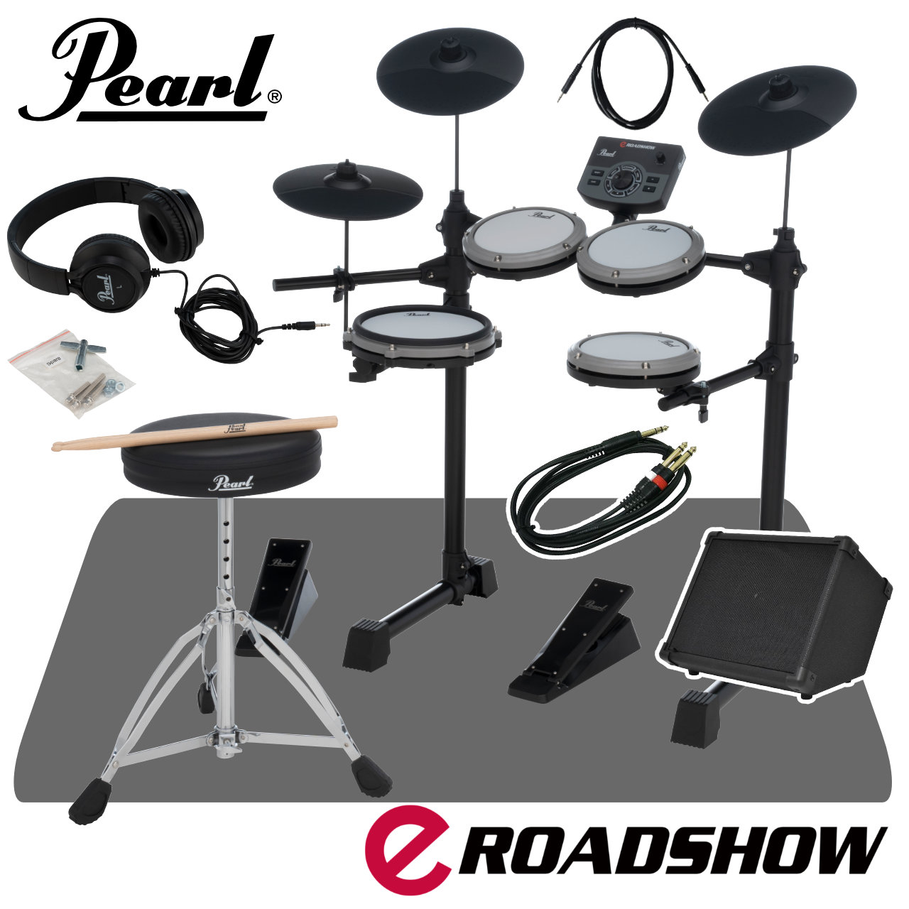 世界のパールが手がけるオールインワンタイプの電子ドラムが遂に登場！ eROADSHOW　ERS1000 eROADSHOWは、1946年の創業以来、多くのミュージシャンに愛されてきたパールドラムスが手掛ける、オールインワンタイプの電子ドラムです。 演奏を始めるために必要なものがすべてそろっているので、購入後すぐにドラムを楽しむことができます。 組み立ても分かりやすく、手頃な価格と静音性に配慮した設計で、自宅練習にもぴったりなエントリーモデルです。 150種類の内蔵ドラムサウンドと、パールドラムス監修の15種類のプリセットドラムキットを搭載。 毎日の練習をやさしくサポートし、無理なくステップアップできる機能も充実。 メトロノームやレコーディング機能に加え、オリジナルの10曲のプレイアロングトラックを内蔵しており、楽しみながらさまざまなスタイルのドラム演奏にチャレンジできます。 &nbsp; &nbsp; サウンドモジュール（音源）について eROADSHOWのサウンドモジュールは、初めての方でも簡単に使え、演奏に慣れてきた後も長く楽しめる柔軟性を備えています。 150種類の高品質ドラムサウンドと15種類のプリセットドラムキットを内蔵。 パールドラムス監修のキットも多数収録し、ロック、ファンク、メタルなど、幅広い音楽ジャンルに対応します。 メトロノームやレコーディング機能、10曲のプレイアロングソングなど、練習をサポートする機能も充実。 リズム感やテクニック、フィーリングを楽しみながら自然に身につけることができます。 スマートフォンや音楽プレーヤーをつなげば、お気に入りの曲に合わせて演奏できます。 USB/MIDI対応により、音楽ソフトウェアと接続してレッスンやレコーディングにも対応。 付属のヘッドホンを使えば、時間や場所を選ばず、周囲を気にせず練習できます。 &nbsp; &nbsp; サイズについて eRoadshowは、一般的な電子ドラムキットと比べて25%も小型化。限られたスペースにもすっきりと収まります。 リビング、寝室、狭いワンルームや子供部屋など、場所を選ばずコンパクトに収まり、部屋のレイアウトを変える必要もありません。 狭い空間でも、迫力のサウンドと本格的な打感を実現します。 &nbsp; &nbsp; おすすめポイント● 配線も迷わず簡単 すべてのケーブル接続部には明確なラベル表示があり、各パッドへ簡単かつ素早く接続できます。● お部屋にちょうどいいサイズ感。 コンパクトな設計で、限られたスペースでも快適に演奏できます。使わないときは折りたたんで、省スペースにすっきり収納できます。● セッティングも簡単 eRoadshowは数分で演奏をスタートできます！ 簡単なステップだけで箱から出してすぐに使用でき、追加の工具も必要ありません。 さらに、初心者にもわかりやすいセットアップ動画もご用意していますので、初めてドラムキットを組み立てる方でも迷わず進められます。● 安心のパールブランド eROADSHOWは、1946年の創業以来、多くのミュージシャンに愛されてきたパールドラムスが手掛ける、はじめてのオールインワンタイプ電子ドラムです。購入後すぐにドラムを楽しむことができます。● デュアルゾーン・スネアパッド スネアにはデュアルゾーンパッドを採用し、ヘッド(打面)とリム(縁)の両方を演奏できます。&nbsp; 叩く位置で音色が変わり、リムショットやクロススティックといった本格的なテクニックも再現可能。 その自然な演奏感覚はアコースティックドラムさながらです。● 高い反応性を持ち、耐久性に優れたラバーシンバルパッド ラバー製シンバルパッドは、自然でリアルな打感と素早く正確な反応。 騒音を抑えつつ、本物のアコースティックシンバルを叩いているかのような演奏感を実現します。● 15種類のプリセットドラムキット 150種類の内蔵ドラムサウンドと、パールドラムス監修の15種類のプリセットドラムキットを搭載。 プリセットキットには、ダブルバス（ツーバス）対応のものもあります。 メトロノームやレコーディング機能に加え、オリジナルの10曲のプレイアロングトラックを内蔵しており、楽しみながらさまざまなスタイルのドラム演奏にチャレンジできます。● Melodicsアプリでレッスン（英語版） eRoadshowのAUX IN端子にデバイスをつなげば、付属のヘッドホンでお気に入りの曲と一緒に演奏可能。 さらに、MelodicsアプリでeRoadshow専用の50レッスンが無料で体験でき、楽しみながらスキルアップを目指せます。 &nbsp; 【セット内容】 メッシュドラムパッド&times;4 ハイハットペダル バスドラムキックペダル ラバーシンバルパッド&times;3 ドラムスローン ブリッジラック ヘッドホン ドラムスティック サウンドモジュール（ERSMDL 1000 ） ※カートンサイズ（1 個口）：720 &times; 410 &times; 250 mm　3辺トータルサイズ 1,380mm &nbsp; 音源接続ケーブル　　x1 ※MP3プレーヤーやスマートホンなどと音源を接続して音楽を流しながら演奏ができます。 ※スマートホンの種類によっては変換プラグが必要となる場合があります。 &nbsp; マット (120cm x 130cm カーペットタイプ)　　x1 &nbsp; モニタースピーカー：Belcat AP-15DK（15Wデジタルドラム・キーボード用アンプ） 接続用ケーブル &nbsp; ■上記製品仕様は2026年8月時点のものです。■ ※製品の仕様及びデザインは予告なく変更される場合があります。 ※多数のサイトに掲載しております。ご注文のタイミングによりご用意できない場合がございます。あらかじめご了承くださいませ。 随時更新するよう努めてはおりますが、最新状況は常に変動するため合わせてメーカーでもご確認下さい。 &nbsp; &nbsp;