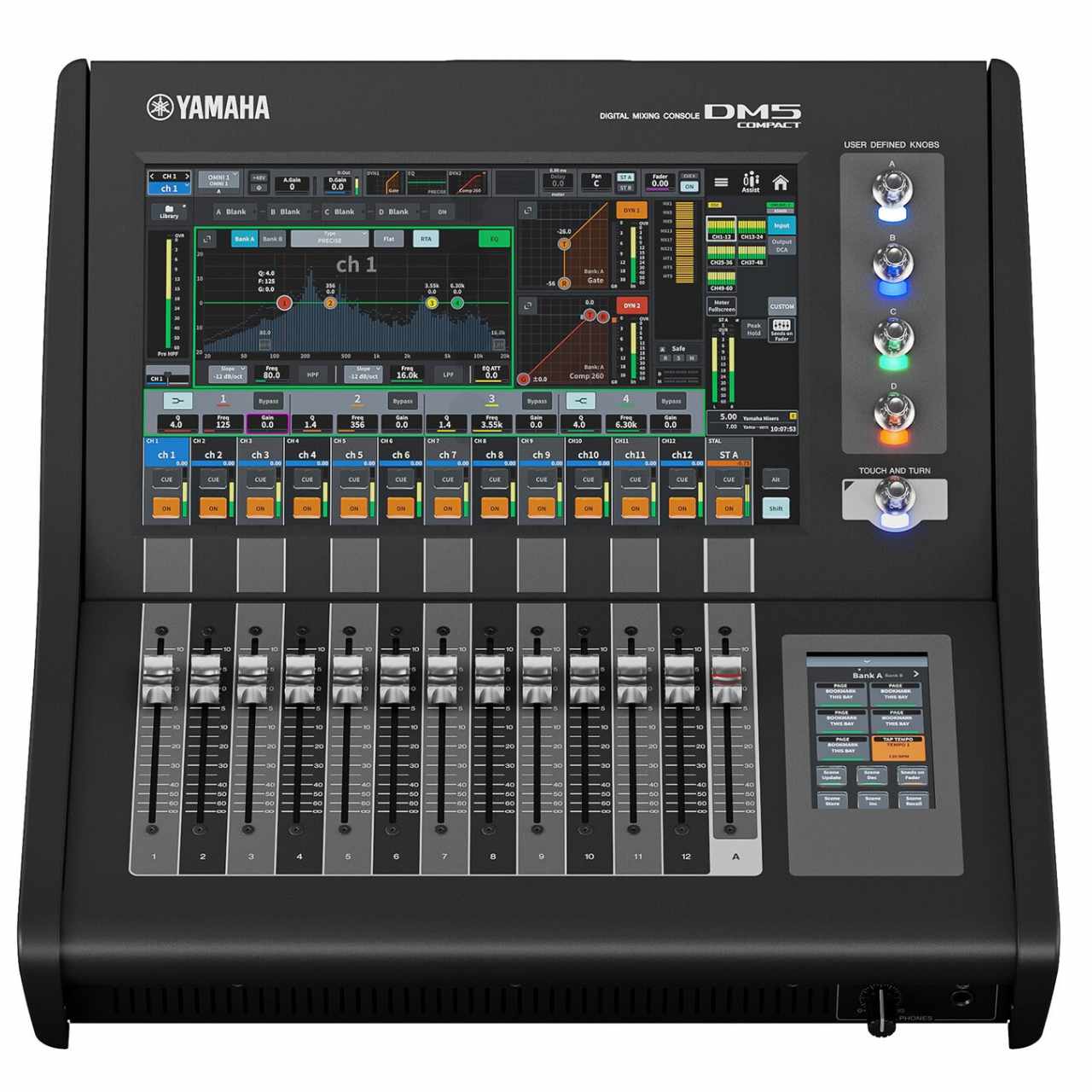 YAMAHA ヤマハ&nbsp;DM5 Compact&nbsp;&nbsp;◆ デジタルミキサー&nbsp; ◆ YAMAHA&nbsp;DM5 Compact&nbsp;&nbsp;Dante搭載モデル ◇ デジタルミキサー DM5 Compactは、Dante対応の柔軟性と、DM5シリーズの音質・操作性・信頼性をコンパクトな筐体に凝縮したモデルです。 13本のフェーダー、13.3インチ・ディスプレイ、4.3インチ・ディスプレイ、ガラスキーを備え、限られたスペースでも快適なミキシング環境を構築できます。 ・入力ミキシングチャンネル：48 mono ・バス：24 Mix + 12 Matrix + 2 Stereo ・ディスプレイ：13.3インチマルチタッチスクリーン &times; 1、4.3インチマルチタッチスクリーン &times; 1 ・フェーダー：13（12 + 1） ・アナログI/O：16入力 / 16出力 ・Dante：64入力 / 64出力 ・拡張スロット：PY スロット &times; 1 ・USBオーディオインターフェース：18入力 / 18出力 ・消費電力：130 W ・寸法（W&times;H&times;D）：446 mm &times; 235 mm &times; 441 mm（17.6インチ &times; 9.3インチ &times; 17.4インチ） ・質量：13.3 kg &nbsp; コンパクトデジタルミキサーのレベルアップ Forward Thinking ステージ上のサウンドをありのままに捉え、必要な音を重ねながら理想のミックスを構築する。DM5シリーズは、そのプロセスをより速く、より確実に、そしてより自由にするために開発されました。洗練されたユーザーインターフェースと柔軟なカスタマイズ性、そしてコンパクトな筐体に凝縮された豊富な機能が、さまざまな現場でのオペレーションを強力にサポートします。 30年以上にわたりデジタルミキサー開発を続けてきたヤマハの技術とノウハウに支えられた高い信頼性と優れた音質。DM5シリーズは既存システムとの高い親和性を備え、さらなる効率化と表現力向上を目指すプロフェッショナルに新たな選択肢を提供します。 SOUND 理想のサウンドを構築するために DM5シリーズは、ヤマハが長年培ってきた透明感のあるサウンドを継承しています。ステージ上の音を忠実に捉えながら、多彩なチャンネルプロセッシング、エフェクト、そしてPY-DSPによるプラグインの活用で創造性を自由に発揮し、自分の理想とするサウンドを構築できます。 ■ サウンドメイクの中核となるチャンネルストリップ 入力ソースや目的に応じて選択できる豊富なダイナミクスプロセッサーを搭載。精密なコントロールと優れた操作性により、効率的なサウンドメイクを実現します。 ■ 豊富なエフェクトとプラグイン 内蔵マルチエフェクトプロセッサーは43種類の高品位エフェクトを搭載。幅広いサウンドメイクを可能にする強力なツールキットを提供します。 ■ 幅広いニーズに応えるI/Oラック ■ WORKFLOW オペレーターに合わせて進化するワークフロー 理想のサウンドへのアプローチは、一人ひとり異なります。自分に合ったワークフローを構築することは、常に求めるサウンドを実現するうえで重要です。DM5シリーズは、オペレーターごとの運用スタイルや作業フローに合わせて柔軟にカスタマイズでき、快適な操作環境を実現します。 &nbsp; &nbsp; DM5 DM5 Compact 概要 ミキシングキャパシティ インプットチャンネル 60 mono 48 mono Mixバス 24 24 Matrix 12 12 Stereoバス 2 2 Monoバス 1 (Stereo B can be changed) 1 (Stereo B can be changed) Cueバス 1 1 主な仕様 入出力コネクター アナログ入力 32 16 アナログ出力 16 16 Dante I/O Primary / Secondary Primary / Secondary 拡張スロット（PY Slot） 1 1 MIDI No (MIDI protocol supported) No (MIDI protocol supported) USB TO DEVICE 2 (USB Type-C for File Save/Load, and 2 Track Rec/Play) 2 (USB Type-C for File Save/Load, and 2 Track Rec/Play) USB TO HOST 1 (USB Type-C, USB2.0) 1 (USB Type-C, USB2.0) Ethernet Yes Yes メーターブリッジ On screen On screen Phones 1 1 AC 1 (V-Lock Type) 1 (V-Lock Type) インプットチャンネル機能 Input A/B Yes Yes ゲインコンペンセーション Yes Yes デジタルゲイン Yes (-96 dB to +24 dB) Yes (-96 dB to +24 dB) アッテネーター Yes (-96 dB to +24 dB) Yes (-96 dB to +24 dB) HPF 20 Hz to 2,000 Hz, -6/-12/-18/-24 dB/oct Selectable 20 Hz to 2,000 Hz, -6/-12/-18/-24 dB/oct Selectable PEQ 4 Band Full PEQ (4 algorithms, RTA overlay supported) 4 Band Full PEQ (4 algorithms, RTA overlay supported) Dynamics 1 Legacy Comp / Comp260 / Gate / De-Esser / Expander / Ducking / FET Limiter / Diode Bridge Comp Legacy Comp / Comp260 / Gate / De-Esser / Expander / Ducking / FET Limiter / Diode Bridge Comp Dynamics 2 Legacy Comp / Comp260 / Gate / De-Esser / Expander / Ducking / FET Limiter / Diode Bridge Comp Legacy Comp / Comp260 / Gate / De-Esser / Expander / Ducking / FET Limiter / Diode Bridge Comp インプットディレイ Yes (0 ms to 1,000 ms) Yes (0 ms to 1,000 ms) パン Center Nominal / LR Nominal Center Nominal / LR Nominal DCAグループ 12 (Output DCA supported) 12 (Output DCA supported) DCAロールアウト Yes Yes MUTEグループ 12 12 インサート数 4 slots on 1 insert point 4 slots on 1 insert point Dan Duganオートマチックミキサー Yes (12ch, expandable up to 64 channels with Dugan Automixer License) Yes (12ch, expandable up to 64 channels with Dugan Automixer License) ダイレクトアウト Yes Yes 寸法 幅 826 mm (32.5&rdquo; ) 446 mm (17.6&rdquo; ) ? 高さ 235 mm (9.3&rdquo; ) *including the rubber feet 235 mm (9.3&rdquo;) *including the rubber feet ? 奥行き 441 mm (17.4&rdquo; ) 441 mm (17.4&rdquo;)? 質量 21.5 kg (47.4 lb) 13.3 kg (29.3 lb) 同梱品 Read This First, AC power cord, Dust cover, Cable hook, Nuendo Live and VST Rack Elements Download Information Read This First, AC power cord, Dust cover, Cable hook, Nuendo Live and VST Rack Elements Download Information &nbsp; &nbsp;　