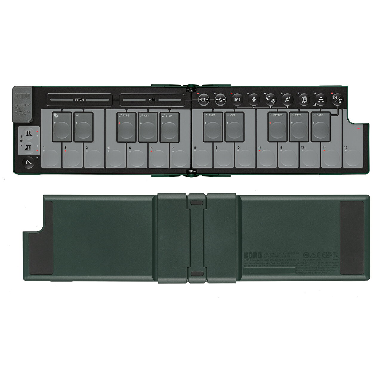 究極のポータブル・ミュージック・パートナーnanoKEYFold！ NANOKEY-FD AG Alpine Green アルパイン グリーン MIDI キーボード OUTLET:アウトレット特価品 アウトレット内容：箱潰れ・傷等あり。 未開封品 未開封のため、通常メーカー保証付き。 こちらの商品は他のサイトでも販売をしているため、ご注文時に販売が完了している場合がございます。 予めご了承の上、ご注文を頂きますようお願い申し上げます。 いつでもどこでもクリエイティビティを発揮 機能満載のMIDIキーボードがポケットに入ることを想像してみてください！ nanoKEY Foldはユニークな折りたたみ式のデザインを採用し、スマートフォンのように持ち運びができます。 他のどのMIDIキーボードよりも薄く、小さく、軽量です！ あなたのクリエイティビティを高め、演奏をサポートする豊富な機能を搭載しています。 完全にコントロール 超小型にもかかわらず、nanoKEY Foldは、パワフルでクリエイティブな機能が満載。 没入感のある多彩な演奏体験を提供します。 ■ 静音キーベッド メンブレン・キーボードのボタンは、快適なアクションと適度な打鍵感を実現しながらも、完全な静音性を保つよう設計しているため、周りを気にすることはありません。 ベロシティは13段階から選択可能。 ■ スケール・ガイド 内蔵された15種類のスケールから選択し、本体LEDにより演奏をガイドします。 イージー・スケール・モードでは、キーを押すたびに正しい音を演奏できます。 さらに、タッチ・スライダーにスケールを割り当てることもでき、複雑な演奏も瞬時に行うことができます。 ■ コード・モード 選択したスケールとキーに基づいて、各キーにコードを自動的に割り当てることができます。 単独で、または他のモードと組み合わせて、あなたの創造力を解き放ちましょう！ ■ フレキシブルなアルペジエーター nanoKEY Foldには強力なアルペジエーターが内蔵されており、膨大な種類のアルペジオとリズム・パターンを専用コントロールでシームレスに変更できます。 ■ 演奏とコントロールのための2つのタッチ・スライダー ピッチとモジュレーションをコントロールするタッチ・スライダーは、特定のCC値をコントロールしたり、選択したスケールのノートを直接演奏したりするために割り当てることができます！ 指を滑らせるだけで、新たな表現を可能にし、常に正しいキーとスケールで演奏できます。 ■ スプリット機能 nanoKEY Foldの左右のパートに異なるモードを割り当てて演奏することができ、コード、スケール、メロディーの組み合わせや、コントロール／プログラム・チェンジを自由に組み合わせて演奏することができます。 シームレスな互換性 USB-CとTRS-MIDIに対応するnanoKEY Foldは、スマートフォン、タブレット、PCに簡単に接続でき、まさにプラグ・アンド・プレイを実現します。 さらに、TRS-MIDI出力により、アナログ・シンセやドラム・マシンのようなレガシーMIDI搭載デバイスとの接続が可能になり、クリエイティビティの可能性がさらに広がります。 インスタント・シーン・リコール コントローラに割り当てた設定を、15個のシーンとしてnanoKEY Foldに保存できます。 このユーザー・シーンを使えば、使用するソフト音源やDAWに合わせて、あらかじめ用意した設定を瞬時に切り替えることができます。 Win/Mac対応の無料アプリ「KORG KONTROL EDITOR」を使って、シーンをカスタマイズできます。 パーソナル・スタイル カラー・バリエーションを5種類用意。 王道のBlackやWhiteから、落ち着いたトーンのSand Beige、Alpine Green、鮮やかなLava Orangeまで、どんなスタイルにも合うカラーを用意しました。 nanoKEY Foldで、モバイル・ミュージックのセットアップを格上げし、存在感をアピールしましょう。 豪華でパワフルな音楽ソフトウェアを無料バンドル nanoKEY Foldには、人気のiPad / iPhoneアプリKORG Moduleの特別版、コルグ名機をプラグイン化したKORG Collection M1 Leなど、モバイルからデスクトップまで、豪華でパワフルな音楽ソフトウェアが最初から付いてきます。 本体を手に入れさえすれば、新たにソフトウェアをお買い求めいただく必要はありません。 買った瞬間から音楽を始められます。 主な仕様 鍵盤 鍵盤数25鍵 ベロシティ 1〜127 オクターブ・シフト-4〜0〜＋4 シーン数 15 アルペジエーター・リズム・パターン 15 スケール・タイプ 15 接続端子 USB端子（Type-C） MIDI OUT端子（3.5mm TRSミニ・フォーンジャック） 電源 USBバス電源方式 消費電流 500 mA以下 外形寸法 (W&times;D&times;H) 折りたたみ時 147 x 73 x 17 mm 使用時 282 x 73 x 14 mm 質量 126 g 付属品 USBケーブル MIDI TRS - DIN アダプター・ケーブル クイック・スタート・ガイド ※上記製品仕様は2024年11月時点のものです。 随時更新するよう努めてはおりますが、最新状況は常に変動するため合わせてメーカーでもご確認下さい。