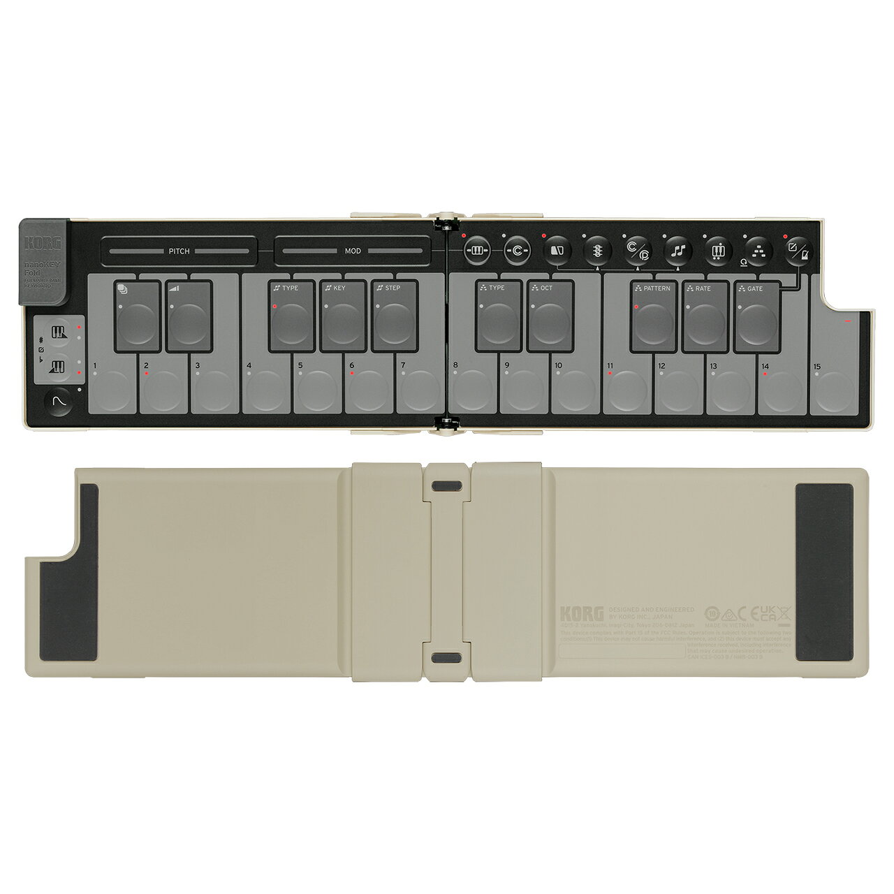 究極のポータブル・ミュージック・パートナーnanoKEYFold！ NANOKEY-FD SB Sand Beige サンドベージュ MIDI キーボード OUTLET:アウトレット特価品 アウトレット内容：箱潰れ・傷等あり。 未開封品 未開封のため、通常メーカー保証付き。 こちらの商品は他のサイトでも販売をしているため、ご注文時に販売が完了している場合がございます。 予めご了承の上、ご注文を頂きますようお願い申し上げます。 いつでもどこでもクリエイティビティを発揮 機能満載のMIDIキーボードがポケットに入ることを想像してみてください！ nanoKEY Foldはユニークな折りたたみ式のデザインを採用し、スマートフォンのように持ち運びができます。 他のどのMIDIキーボードよりも薄く、小さく、軽量です！ あなたのクリエイティビティを高め、演奏をサポートする豊富な機能を搭載しています。 完全にコントロール 超小型にもかかわらず、nanoKEY Foldは、パワフルでクリエイティブな機能が満載。 没入感のある多彩な演奏体験を提供します。 ■ 静音キーベッド メンブレン・キーボードのボタンは、快適なアクションと適度な打鍵感を実現しながらも、完全な静音性を保つよう設計しているため、周りを気にすることはありません。 ベロシティは13段階から選択可能。 ■ スケール・ガイド 内蔵された15種類のスケールから選択し、本体LEDにより演奏をガイドします。 イージー・スケール・モードでは、キーを押すたびに正しい音を演奏できます。 さらに、タッチ・スライダーにスケールを割り当てることもでき、複雑な演奏も瞬時に行うことができます。 ■ コード・モード 選択したスケールとキーに基づいて、各キーにコードを自動的に割り当てることができます。 単独で、または他のモードと組み合わせて、あなたの創造力を解き放ちましょう！ ■ フレキシブルなアルペジエーター nanoKEY Foldには強力なアルペジエーターが内蔵されており、膨大な種類のアルペジオとリズム・パターンを専用コントロールでシームレスに変更できます。 ■ 演奏とコントロールのための2つのタッチ・スライダー ピッチとモジュレーションをコントロールするタッチ・スライダーは、特定のCC値をコントロールしたり、選択したスケールのノートを直接演奏したりするために割り当てることができます！ 指を滑らせるだけで、新たな表現を可能にし、常に正しいキーとスケールで演奏できます。 ■ スプリット機能 nanoKEY Foldの左右のパートに異なるモードを割り当てて演奏することができ、コード、スケール、メロディーの組み合わせや、コントロール／プログラム・チェンジを自由に組み合わせて演奏することができます。 シームレスな互換性 USB-CとTRS-MIDIに対応するnanoKEY Foldは、スマートフォン、タブレット、PCに簡単に接続でき、まさにプラグ・アンド・プレイを実現します。 さらに、TRS-MIDI出力により、アナログ・シンセやドラム・マシンのようなレガシーMIDI搭載デバイスとの接続が可能になり、クリエイティビティの可能性がさらに広がります。 インスタント・シーン・リコール コントローラに割り当てた設定を、15個のシーンとしてnanoKEY Foldに保存できます。 このユーザー・シーンを使えば、使用するソフト音源やDAWに合わせて、あらかじめ用意した設定を瞬時に切り替えることができます。 Win/Mac対応の無料アプリ「KORG KONTROL EDITOR」を使って、シーンをカスタマイズできます。 パーソナル・スタイル カラー・バリエーションを5種類用意。 王道のBlackやWhiteから、落ち着いたトーンのSand Beige、Alpine Green、鮮やかなLava Orangeまで、どんなスタイルにも合うカラーを用意しました。 nanoKEY Foldで、モバイル・ミュージックのセットアップを格上げし、存在感をアピールしましょう。 豪華でパワフルな音楽ソフトウェアを無料バンドル nanoKEY Foldには、人気のiPad / iPhoneアプリKORG Moduleの特別版、コルグ名機をプラグイン化したKORG Collection M1 Leなど、モバイルからデスクトップまで、豪華でパワフルな音楽ソフトウェアが最初から付いてきます。 本体を手に入れさえすれば、新たにソフトウェアをお買い求めいただく必要はありません。 買った瞬間から音楽を始められます。 主な仕様 鍵盤 鍵盤数25鍵 ベロシティ 1〜127 オクターブ・シフト-4〜0〜＋4 シーン数 15 アルペジエーター・リズム・パターン 15 スケール・タイプ 15 接続端子 USB端子（Type-C） MIDI OUT端子（3.5mm TRSミニ・フォーンジャック） 電源 USBバス電源方式 消費電流 500 mA以下 外形寸法 (W&times;D&times;H) 折りたたみ時 147 x 73 x 17 mm 使用時 282 x 73 x 14 mm 質量 126 g 付属品 USBケーブル MIDI TRS - DIN アダプター・ケーブル クイック・スタート・ガイド ※上記製品仕様は2024年11月時点のものです。 随時更新するよう努めてはおりますが、最新状況は常に変動するため合わせてメーカーでもご確認下さい。