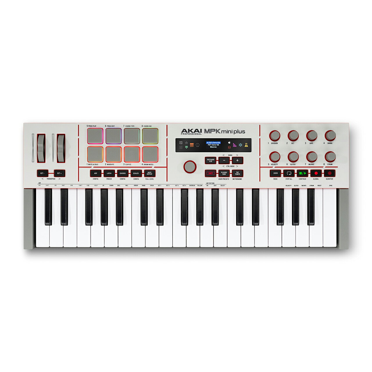 MPK Mini Plus II MIDIコントローラー 豊富な接続性とコントロールを備えた37鍵ミニキーボード 製品概要 MPK Mini Plus IIは、クリエイターに支持されてきたMPKワークフローの魅力をさらに発展させ、創造性を一段と高めます。 アップグレードされた37鍵ミニキーベッド、直感的に操作できるコントロール、強力なクリエイティブ・パフォーマンスツールを搭載し、ミュージシャンに演奏・制作のためのさらなる可能性を提供します。 MPK Mini Plus IIは、表現力豊かな演奏性と高度なクリエイティブコントロールを、コンパクトな37鍵フォーマットに凝縮しています。 様々な目的に有用なMPCパッド、アサイナブルコントロール、高度なアルペジエーター機能、統合されたジェネレーティブツールが連携し、アイデアからトラックの完成までの制作をよりスピーディーにサポートします。 MPC、主要DAW、付属ソフトウェア音源と完全に統合されるMPK Mini Plus IIは、現代の音楽制作環境の中心として機能しながら、外出先への持ち運びにも対応できる携帯性を備えています。 主な特長 ・37鍵パフォーマンス・キーベッド：アップグレードされたミニキーボードにより、3オクターブの幅広い音域で快適な演奏性と表現力豊かなコントロールを実現します。 &nbsp; ・高度なクリエイティブツール：拡張されたアルペジエーター / コード / ノートリピートモードに加え、Glitch、Mutate、Strumなどのクリエイティブ機能を統合し、ユーザーに新鮮な驚きと発想を提供します。 ・DAWおよびソフトウェアとの高度な連携：主要DAWを即座にコントロールでき、リアルタイムのディスプレイ・フィードバックや付属ソフトウェア音源・サウンドへのシームレスなアクセスにより、尽きることのないインスピレーションを生み出します。 ・RGB MPCパフォーマンスパッド：アフタータッチ対応の8つのベロシティセンシティブRGBバックライト付きMPCパッドにより、フィンガードラム、クリップローンチ、コードのトリガー、カスタム・プログレッションなど、伝統的なMPCスタイルの操作が可能です。 ・MPCスタンドアローンおよびデスクトップ連携：MPK Mini Plus IIはMPC StandaloneおよびMPC Desktopと簡単に統合でき、トランスポートコントロール、パッド、ノブ、ピッチ／モジュレーションホイール、プラグイン・プリセット、トラックナビゲーションを手元で操作できます。 ・ハードウェアおよびソフトウェア接続：ソフトウェア音源、外部MIDI機器、シンセサイザー、モジュラー機器を、コンパクトなクリエイティブ・コマンドセンターから接続できます。 ・創作意欲を刺激するサウンド：MPK Mini Plus IIには、AIR Music Tech、Moog Music、Akai Professionalによる1,000種類以上の即戦力サウンドを収録したStudio Instrument Collectionに加え、Native Instruments Komplete Select（Akai Edition）とMPC Beatsが付属します。 技術仕様・ディスプレイ ・ 160&times;80解像度フルカラーLCD・パッド ・ ベロシティ／プレッシャー対応RGBバックライト付きパッド x 8・ノブ ・ アサイナブル360&deg;ノブ x 8 ・ プッシュ機能付き360&deg;エンコーダー x 1・ホイール ・ ピッチベンド・ホイール ・ モジュレーション・ホイール・ボタン ・ 2色LEDボタン x 2 ・ 単色LEDボタン x 16・入出力 ・ USB Type-C ポート x 1 &nbsp;&nbsp;&nbsp;&nbsp;■ 電源 &nbsp;&nbsp;&nbsp;&nbsp;■ MIDI入力／出力 ・ 6.35 mm TSサステインペダル入力 x 1 ・ 3.5 mm TS CV/Gate出力ポート x 3 ・ MIDI DIN出力ポート x 1・電源 ・ USB Type-C経由 ・ バスパワー、またはACアダプター／モバイルバッテリー接続（別売）・寸法（高さ&times;幅&times;奥行） ・ 5.4 &times; 49.3 &times; 19.2 cm・重量 ・ 1.46 kg ※上記製品仕様は2026年10月時点のものです。 随時更新するよう努めてはおりますが、最新状況は常に変動するため合わせてメーカーでもご確認下さい。
