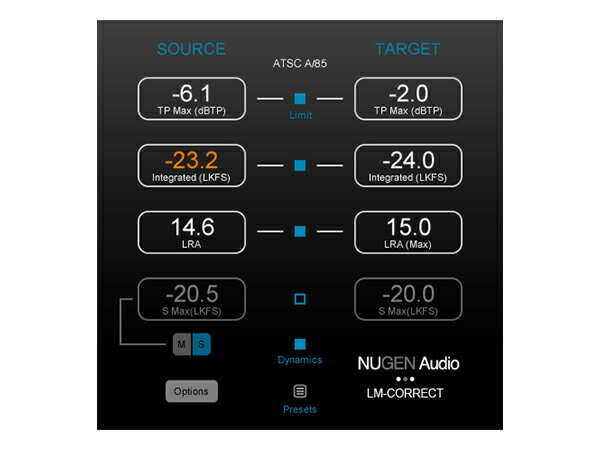 LM-Correct 2はAvid ProTools、Media Composerで動作するAudioSuiteと、スタンドアーローンでのファイル・ベース処理に対応したプラグインです。 ◆ LM-Correct 2 ◆ モノ〜7.1chサラウンドのオーディオ・リージョンのラウドネス値を瞬時に解析し、ARIB TR-B32、EBU R128、ITU-R B.S 1770-2などの国際規格に合わせたラウドネスレベルのファイルを自動的に生成します。VisLM-H 2などのラウドネス・メータープラグインと合わせて使用することで、ラウドネス管理の精度が向上し、作業時間の短縮にもつながります。 &nbsp;■ 主な特徴 ● ファイルベースで正確にラウドネス値を分析／補正 ● ラウドネス値分析にかかる時間を大幅に短縮 ● トゥルー・ピーク値の計測とリミッティング ● NEW　モノ／ステレオ／5.1／7.1チャンネルサラウンドに対応 ● ARIB TR-B32、EBU R128、ITU-R B.S 1770-2、ATSC A/85国際基準に対応 ● ターゲットのインテグレーテッド・ラウドネス値、トゥルー・ピーク値は任意に数値を入力して指定可能 ● AudioSuiteおよびスタンドアローン・アプリケーションとして使用可能 ● NEW　LM-Correct DynApt Extensionを追加することで、送出メディアにあわせて自然なダイナミクスの変化で求めるラウドネス値に合わせることが可能に◆ LM-Correct 2 動作環境 ● Mac OS X 10.6-10.9 ● Windows 7/8 ● AU、VST(2.4/3)、AAX Native &amp; AudioSuite（各32/64bit）、RTAS（Pro Tools 8以降）スタンドアロン対応* ● Intel Core Duo 1.66GHz以上のCPU ● *VisLM-H、LM-Collect、LMBのみスタンドアローン対応 ● LMBのみ要iLok2 USB Smart Key（別売）、および接続用のUSBポート&times;1基。 ● LMBはスタンドアロン版のみ。 ● その他のソフトウェアはハードディスクオーサライズ/iLok2の選択が可能 その他、基本的な動作環境は、各ホスト・アプリケーションの動作環境に準じます。本製品をご使用いただくにはインターネット接続環境が必要です（インストーラのダウンロード、およびオーサライズ時）。 製品の仕様・動作環境、および価格は、予告無く変更となる場合があります。 ※上記製品仕様は2015年05月時点のものです。 随時更新するよう努めてはおりますが、最新状況は常に変動するため合わせてメーカーでもご確認下さい。 &nbsp;