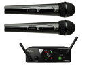 《 ワイヤレスシステム 》2チャンネル モデル ◆ AKG ( エーケージー ) WMS40 PRO MINI2 VOCAL SET DUAL［ 商品説明 ］ ◆ 優れたコストパフォーマンスと簡単操作で気軽に導入できる、B帯ワイヤレスシステム。 ◆ 2チャンネル受信機とハンドヘルド型送信機&times;2のセット ◆ 送信機は、単3形アルカリ乾電池1本で約30時間駆動でき、ランニングコストを大幅に節約。単3形ニッケル水素充電池や単3形リチウム乾電池にも対応。 ◆ 電波を送信する周波数には免許の必要がないB帯を利用し、同一会場で最大2チャンネルまで同時に運用可能 ※ セット品のみの販売になります。送信機、受信機、単品では販売しておりません。 ※ 最大同時運用可能チャンネル数は、電波の混信が一切ない状況で使用した場合に同時に運用できる最大のチャンネル数です。同一会場で同時に運用できるのは、2チャンネル・モデルは1セットのみです。 ［ セット内容 ］ ・2チャンネル受信機(SR40 MINI PRO2) ・ハンドヘルド型送信機(HT40 MINI PRO)&times;2 ・単3形アルカリ乾電池&times;2 ・電源アダプター ・和文取扱説明書 &nbsp;［ システム性能 ］ ◆ 電波形式 ・F3E ◆ 搬送波周波数 ・JP1：808.625MHz、JP2：809.125MHz ◆ 到達距離 ・約20m　※見通しのよい屋外で使用した場合。※使用環境により異なる。［ 2チャンネル受信機(SR40 MINI PRO2) ］ ◆ 出力数 ・2 ◆ 端子 ・標準フォーンジャック(3P) ◆ 電源 ・DC12V(0.5A)、ACアダプター(AC100V、50/60Hz) ◆ 寸法(W&times;H&times;D)? 質量 ・134&times;43&times;132mm(除突起部) 524g［ ハンドヘルド型送信機(HT40 MINI PRO) ］ ◆ アンテナ形式 ・内蔵式アンテナ ◆ 電源 ・単3形アルカリ乾電池&times;1 または 単3形ニッケル水素充電池&times;1 または 単3形リチウム乾電池&times;1 ◆ 電池寿命 ・アルカリ乾電池：約30時間、ニッケル水素充電池：約30時間、リチウム乾電池：約30時間　※使用環境により異なる。 ◆ 寸法(&phi;&times;H) 質量 ・53&times;228mm 192g &nbsp;　