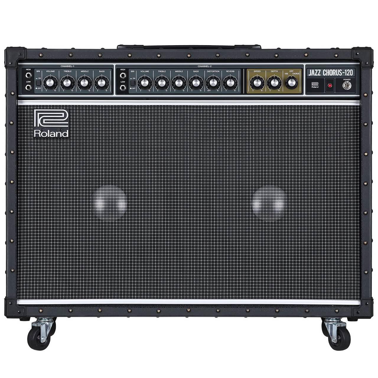 Roland JC-120 Jazz Chorus Guitar Amplifier スタジオやライブハウスに必ずといっていいほど設置されているド定番のアンプ、ジャズコーラス 世界中のプロやレコーディングスタジオで愛用される 超ロングセラーモデル。 ソリッドステートの最高峰アンプでナチュラルな透明感のあるそのサウンドはギター本来のトーンをストレートに再現します。 またコーラスエフェクターを開発したRolandならではのその搭載されたコーラスサウンドは美しすぎます!!□世界中のギタリストに愛されて、世界中のステージでスタジオで活躍するギター・アンプJC ビッグネームのステージ上でも、ライブハウスやレコーディング・スタジオ、ビデオ・クリップでも。1975年に登場して以来、ひたすら世界中のメイン・ストリームで活躍するギターアンプがJC。歴史を重ねるほどにその存在は真に巨大です。 &nbsp; ◎ JCトーンと呼ばれる独特のナチュラル・トーン ◎ ツイン・アンプ＆ツイン・スピーカーの独創コーラス ◎ ヘビーデューティな基本設計 &nbsp;□JCトーンと呼ばれる独特のナチュラル・トーン JCのサウンドは、ギターの持ち味をストレートに表現する透明なナチュラル・トーン。旧来の真空管を使用するのではなく、ソリッドステート仕様にすることによって、ワイドレンジで忠実にアンプリファイする独特の個性を備えました。 　低域から高域まで澄明な高忠実サウンドを基本に、クリーンでスピード感あふれるカッティング、さらにエフェクトによる音づくりも自由。真に現代ミュージック・シーンのニーズが生んだコンテンポラリー・アンプの銘機です。 &nbsp;□ツイン・アンプ＆ツイン・スピーカーの独創コーラス JCが世界中のギタリストと世界中のオーディエンスを魅了したフィーチュアが、ジャズ・コーラスのネーミングの由来ともなった空間に広がるコーラスの自然さと美しさです。 　 完全に独立した2系統のアンプとスピーカーのうち、片方のアンプとスピーカーはギターから送られたままのダイレクトな音を、もう片方のアンプとスピーカー は微妙にピッチをゆらせた音を出力。柔らかく立体的に広がり、しかも温かみと厚みがある、ナチュラルな効果が得られます。 &nbsp;□ヘビーデューティな基本設計 エンクロージャーのエッジに打たれた鋲、コーナーのプロテクター、プロ仕様の外観に加え、内面もスピーカー・ユニットひとつから実戦仕様ヘビーデューティな基本設計です。 &nbsp;［ 仕様 ］ 定格出力 120W（60W＋60W） スピーカー 30cm&times;2 コントロール ［チャンネル1］ブライト、ボリューム、トレブル、ミドル、ベース［チャンネル2］ブライト、ボリューム、トレブル、ミドル、ベース、ディストーション、 リバーブ、ビブラート・スピード、ビブラート・デプス、コーラス／ビブラート切り換えスイッチ、電源スイッチ、チャンネル2エフェクト・ループ・スイッ チ、チャンネル2エフェクト・ループ・レベル・スイッチ 接続端子 ライン・アウト（ステレオ）、 ［チャンネル1］ハイ・インプット、ロー・インプット ［チャンネル2］ハイ・インプット、ロー・インプット、チャンネル2エ フェクト・ループ・センド、チャンネル2エフェクト・ループ・リターン、コーラス／ビブラート・フットスイッチ、リバーブ・フットスイッチ、ディストー ション・フットスイッチ 外形寸法 / 質量 幅 (W)760 mm、奥行き (D)280 mm、高さ (H)622 mm、 28.7 kg &nbsp;　