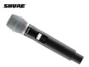 SHURE ( シュア ) QLXD2/B87A-JB ◆ ハンドヘルド型送信機 BETA87Aマイクヘッド B帯モデル ◆ QLXD4J-JB用、ハンドヘルド型送信機［ 商品説明 ］ デジタルならではの高音質とShureが誇る伝統のマイクヘッドを融合。 ・コンデンサー型：マイクヘッド BETA 87Aの周波数レンジを極めてフラットな特性で伝達するデジタル・ワイヤレス技術。 ・120dBを超える広大なダイナミックレンジ。 ・RF出力パワーは1mW、10mWで設定可能。 ・バックライト付きの液晶画面はグループ/チャンネル設定や周波数、電池残量などの情報を視認性高く表示。 ・高い剛性を持つメタル製ボディー。 ・電源スイッチのONロック機能と周波数ロック機能を搭載し、誤操作を防止。 ・専用リチウムイオン充電池SB900のほか、単3形アルカリ乾電池×2で駆動。SB900の場合は最大10時間、アルカリ乾電池の場合は最大9時間の長時間駆動を実現。 【BETA 87A仕様】 ●指向特性：スーパーカーディオイド ●周波数特性：50Hz〜20kHz ●開回路感度：ー52.5dB re 1V/Pa ●等価雑音レベル：23.5dB SPL（Aウェイト） ●最大音圧レベル：140.5dB SPL（ 1kHz、THD0.25%） ?［ QLXD2/B87A-JB 仕様 ］ ◆送信周波数 QLXD2-AB ・B型(806〜810MHz)30チャンネルのうち任意の1チャンネル ◆電波形式 ・G1D、G1E ◆送信出力 B型 ・1mW、10mW ◆アンテナ形式 ・内蔵型ヘリカル ◆最大入力レベル(1kHz、THD1%) ・145dB SPL(SM58：代表値)　※マイクヘッドにより変動 ◆ゲイン調整範囲 ・0〜+21dB(3dBステップ) ◆電源 ・単3形アルカリ乾電池×2、もしくは専用リチウムイオン充電池SB900 ◆電池寿命 ・約9時間(アルカリ乾電池)、約10時間(SB900) ※使用環境によって異なる ◆寸法・質量 ・最大径50×全長246mm、約301g(除電池) ◆付属品 ・単3形アルカリ乾電池×2、マイクホルダー、3/8インチ→5/8インチ変換 ねじ、充電部接点カバー、マイクポーチ ?　