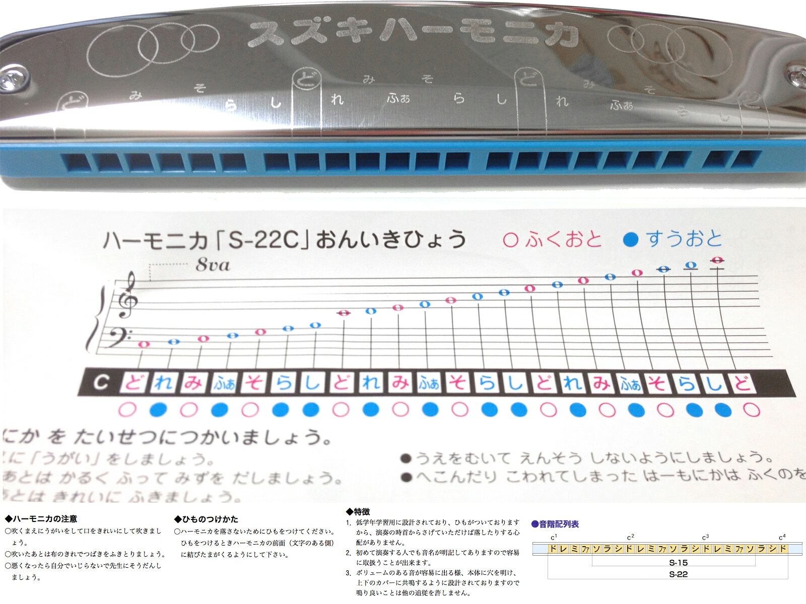 SUZUKI ( スズキ ) S-22C 22穴 教育用ハーモニカ 単音 3オクターブ 22音 C調 こども用 シングルハーモニカ 正常配列 single harmonica　北海道 沖縄 離島不可