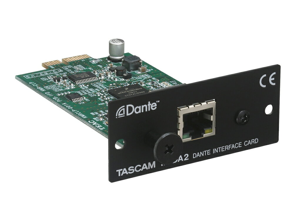 TASCAM ( タスカム ) IF-DA2 ◆ TASCAM SS-CDR250N/SS-R250N用 Danteインターフェースカード［ 商品説明 ］ 『IF-DA2』は、ソリッドステートレコーダー SS-CDR250N/SS-R250N用のDanteインターフェースカードです。『IF-DA2』を装着することで、2イン/2アウトの入出力に対応し、Dante インターフェースで構築されるシステムにSS-CDR250N/SS-R250Nを導入可能です。 【主な特徴】 ・ソリッドステートレコーダー SS-CDR250N/SS-R250N用 Danteインターフェースカード ・入出力数：2イン/2アウト ・対応サンプリング周波数：44.1k / 48k / 96k Hz ・Dante Controllerを使用して、他の機器との接続、設定、監視が可能 ・RJ-45端子■Danteについて Danteとは、Audinate社が開発した伝送プロトコルです。ギガビットイーサネット規格に基づいたネットワークにおいて、多チャンネル伝送(512ch IN/512ch OUT)や高精度でのクロック同期などを可能としています。 Danteの詳細については、Audinate社ウェブサイトをご覧ください。 &nbsp;［ IF-DA2 仕様 ］ ◆フォーマット ・対応サンプリング周波数： 44.1k / 48k / 96k Hz、 ・ビット長：16 / 24 bit ◆入出力 ・入力チャンネル： 2 ・出力チャンネル：2 ・伝送プロトコル：Dante ・Fast Ethernet規格：100BASE-TX ・コネクター：RJ45 ◆消費電力 ・0.8W ◆外形寸法 ・73(W)&times;31(H)&times;112.6(D)mm ◆質量 ・50.5g ◆付属品 ・保証書、取扱説明書 ※RoHSに対応しています。 ※仕様および外観は改善のため予告なく変更することがあります。　