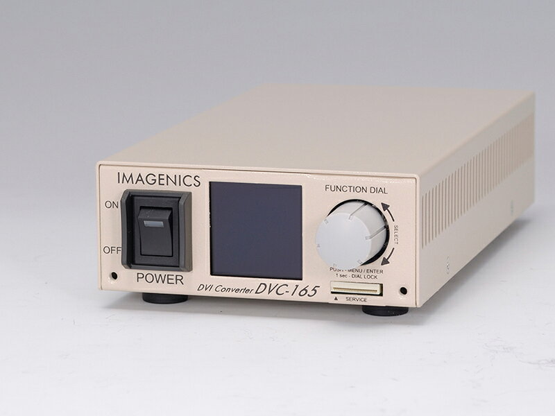 《 DVI変換器&nbsp; 》 ◆ IMAGENICS ( イメージニクス )&nbsp;&nbsp; DVC-165［ 商品説明 ］ DVC-165は、アナログ映像信号とステレオ音声をデジタル映像信号(DVI,HDMI)に、または 非HDCPのデジタル映像信号(DVI,HDMI)をアナログ映像信号(RGB)とステレオ音声に変換するための機器です。 &nbsp; ◆アナログ映像入力は、コンポジットビデオ・Sビデオ・色差コンポーネント・RGBに対応しています。 ◆デジタル映像入出力は、DVI および HDMIに対応しています。 ◆映像入力がHDMIのとき、エンベデッド音声をアナログ出力できます。 ◆映像出力がHDMIのとき、アナログ音声を重畳できます。 ◆音声入力はレベル調整ができます。 ◆別売のラックマウント金具MK-104を使用しますと、1台から4台までEIA19型ラックマウント1Uサイズに実装可能 &nbsp;［ 仕様 ］ ◆ 入力端子 映像：TMDS/アナログ DVI-I 1 系統 音声：ステレオ不平衡 100 k&Omega; RCAピンジャック 1 系統 ◆ 出力端子 映像：TMDS/アナログ DVI-I 1 系統 音声：ステレオ不平衡 150 &Omega; RCAピンジャック 1 系統 ◆ 映像信号入力 TMDS：DVI 25〜165 MHz 24 bit HDMI：25〜225 MHz 24〜36 bit RGB：R,G,B 0.7V(p-p) 75&Omega;、HD,VD TTL YPbPr：Y 1.0V(p-p) 75&Omega;、Pb,Pr 0.7V(p-p) 75&Omega; S-VIDEO：Y 1.0V(p-p) 75&Omega;、C 0.286V(p-p) 75&Omega; VIDEO：CVBS 1.0V(p-p) 75&Omega; ◆ 映像信号出力 TMDS：DVI 25〜165 MHz 24 bit RGB4:4:4 HDMI：25〜225 MHz 24〜36 bit RGB4:4:4 RGB：R,G,B 0.7 V(p-p) 75 &Omega;、HD,VD TTL ◆ 映像量子化 ピクセルクロック：25〜165MHz、分解能：12bit ◆ 映像機能 3次元Y/C分離、TBC、ラインダブラー、EDIDエミュレート ◆ 音声最大入力レベル 2.449 V(rms) (+10 dBu) ◆ 音声最大出力レベル 2.449 V(rms) (+10 dBu) ◆ 音声周波数特性/歪率 20 Hz 〜 20 kHz にて &plusmn;0.1 dB / 0.013%以下 ◆ 音声ダイナミックレンジ 97 dB以上 ◆ 音声量子化 24 bit 48 k sample/s ◆ 音声遅延量設定 0 〜 20 秒 まで　0.1 sec, 1 msec、1 frame 単位で設定可能 ◆ 音声レベルコントロール -&infin;、-95.5 〜 +31.5 dB 256段階 ◆ 操作部 前面に小型ディスプレイと操作用ダイアルを装備、ダイアルロック機能、バックアップメモリ、ユーザーメモリによる設定切り替え ◆ 電源 AC 100 V（50 Hz・60 Hz） ◆ 消費電力 10 W以下（最大） ◆ 外形寸法 幅100 mm&times;高さ40 mm&times;奥行180 mm（突起物含まず） ◆ 質量 約710g ◆ 付属品 国内専用電源ケーブル 1 本(2P-2P) 電源スイッチカバー DVI（オス）対D-Sub（メス）変換コネクタ1個 ご注意) DVI/HDMI関連の機器・ケーブルは、すべてIMAGENICS社製品での構成を推奨します。 一部の他社製品（海外製を含む）との混在組み合わせでは、既定の性能を維持できず思わぬ不具合が発生する場合があります。この場合、IMAGENICS社製品の動作を保証できない場合があります。 備考：ラックマウントには、別売のラックマウント金具（MK-104）が必要です。 ※仕様及び外観は、改良のため予告なく変更することがありますので、予めご了承ください。 &nbsp;　