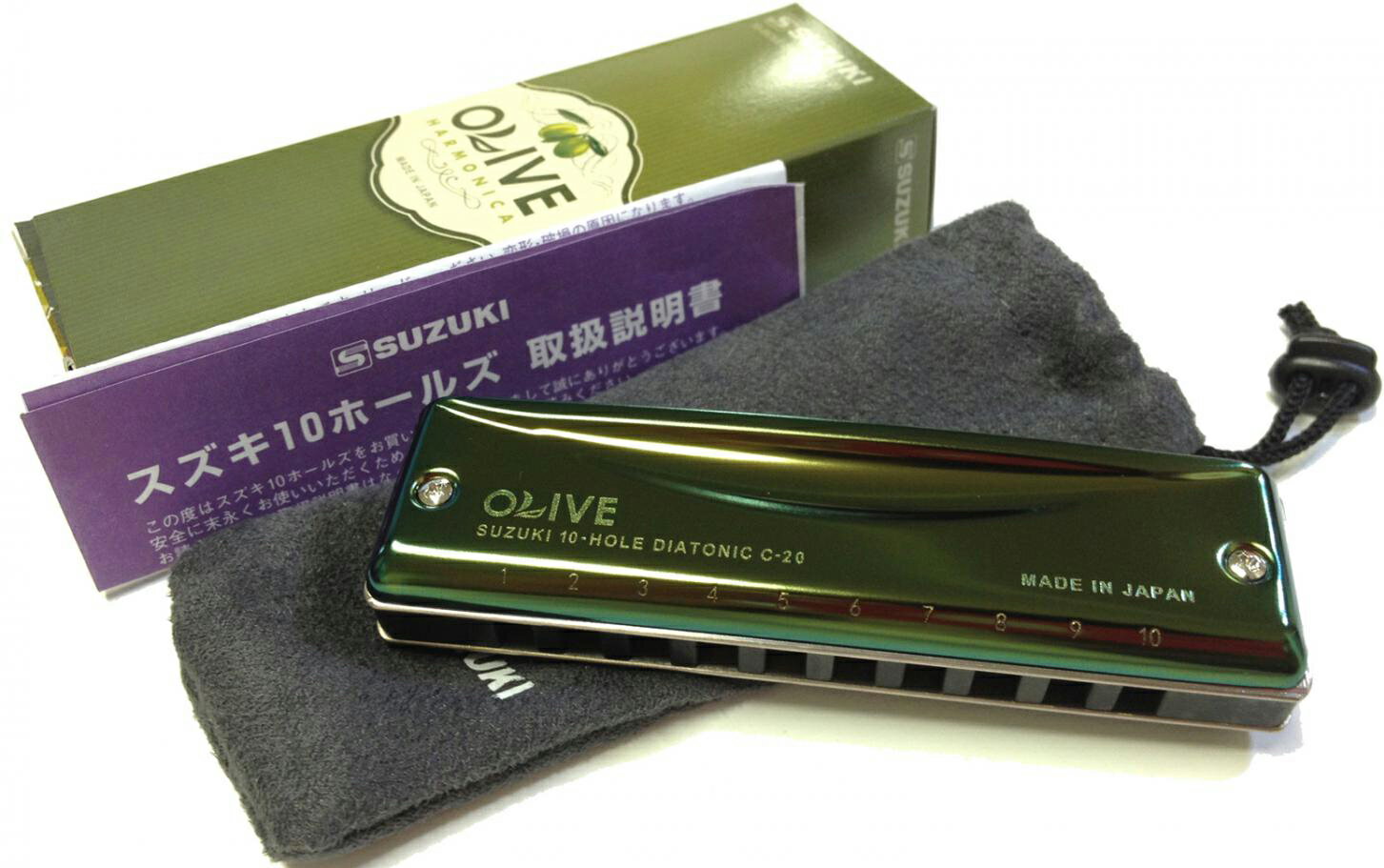 【メール便出荷品】　SUZUKI ( スズキ ) オリーブ G調 OLIVE C-20 グリーン 10穴 ブルースハーモニカ テンホールズ ハーモニカ ステンレスカバー G メジャー　北海道/沖縄/離島/同梱不可