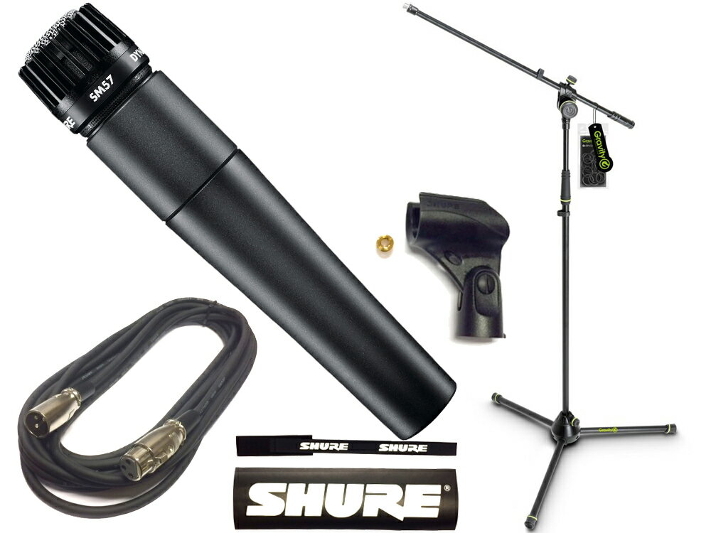 ■ SHURE ( シュア ) SM57SE Gravity三脚マイクスタンドセット （XLR-XLR 5メートルケーブル同梱）■ 格好よくて、個性的！見た目も気になるミュージシャンにオススメなマイクスタンドが定番マイクと セットでお買い得です！ &nbsp; 【 商品詳細 】 ◆ 世界標準マイク SHUREの SM58と 丈夫な作りとデザインに個性をもたせたグラビティのマイクスタンドをお買い得なセットにしました。 5メートルのマイクケーブル（キャノン端子）も同梱します。 自宅に置くのもステージに持って行くのもお気に入りのマイクスタンドで音楽ライフを盛り上げていきましょう！ &nbsp; &nbsp;◆ SHURE ( シュア ) SM57-LCE Gravity三脚マイクスタンドセット （XLR-XLR 5メートルケーブル同梱） ［ セット内容 ］ 名称 品番 数量 ダイナミックマイク ◆ SHURE SM57-LCE 1 &nbsp; マイクホルダ・マイクポーチ・3/8&quot;&rarr;5/8&quot;変換ねじ ( SM57-LCEの付属品 ) &nbsp; マイクスタンド ◆ Gravity&nbsp; GMS4321B 1 マイクケーブル ◆ 5メートル ( XLR-XLR ) 1 &nbsp; &nbsp;■ SHURE ( シュア )&nbsp; SM57-LCE ◆ ダイナミックマイク カーディオイド 数々の伝説を生み出したShure SM57マイクロホンは、楽器とボーカル両方の収音において卓越した性能を発揮します。また、極めて効果的なカーディオイド・ピックアップ・パターンは主音源を分離し、周囲の不要な雑音を最小限にカットします。 ◆ 最適に調整された周波数特性により、楽器の音色を美しく、ボーカルを豊かに再現 ◆ ドラム、打楽器、楽器アンプのマイキングを可能にする、プロ品質の再現力 ◆ 均一なカーディオイド・ピックアップ・パターンが主音源を分離し、周囲の雑音を低減 ◆ エアー式ショック・マウント・システムがハンドリング・ノイズをシャットアウト ◆ ハードな使用条件にも対応可能な、極めて高い耐久性 ◆ 周波数特性:40 Hz〜15 KHz ◆ ON/OFF スイッチ なし&nbsp; ※SM57はスイッチなしモデルのみ ◆ SM57はどのような用途に適していますか？ ◇ この有名なマイクロホンはプロのミュージシャンがギターアンプやベースアンプ、サクソフォン、トランペットやドラムなど、アンプ・アコースティック楽器両方で使うマイクロホンとして最適です。世界中のアーティストによってステージ上やスタジオで使用されています。 &nbsp; &nbsp; SHURE&nbsp; SM57LCE 【 商品詳細 】 ◆ オールマイティーに活躍!楽器録音にもグッド!! &nbsp;&nbsp;&nbsp; 指向性 : カーディオイド ◆ ギターアンプ、ベースアンプはもちろん、アコースティック楽器やボーカルに至るまで、適度なプレゼンス・ピークを持つ周波数レスポンスにより、自然なサウンドを再現。 ◆ レコーディングスタジオやステージはもちろん、放送局、会議室など、さまざまな場面で活躍。 ◆ バックグラウンドノイズを最小限に抑えるタイトな指向特性により、狙った音源を的確に収音。 ◆ ハードな使用環境でも安心の頑丈設計。 ◆ スペック エレメント ◆ ダイナミック 周波数特性 ◆ 40Hz〜15kHz ポーラパターン ◆ カーディオイド インピーダンス ◆ 150&Omega; 開回路感度 ◆ -54.5dB re 1V/Pa コネクタ ◆ XLR3ピン、オス 極性 ◆ 2hot 長さ ◆ 157mm 最大径 ◆ &phi;32 本体重量 ◆ 284g 付属品 ◆ マイクホルダ、マイクポーチ、3/8&quot;&rarr;5/8&quot;変換ねじ &nbsp; &nbsp;