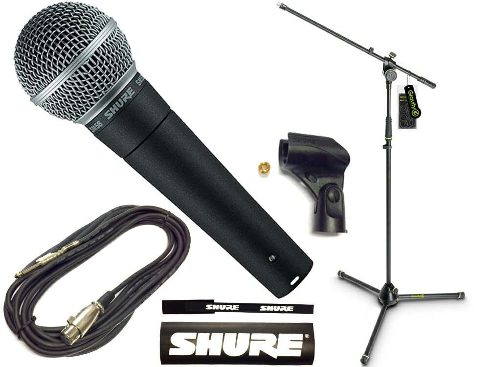 ■ SHURE ( シュア ) SM58-LCE Gravity三脚マイクスタンドセット （XLR-フォーン 5メートルケーブル同梱）■ 格好よくて、個性的！見た目も気になるミュージシャンにオススメなマイクスタンドが定番マイクと セットでお買い得です！ 【 商品詳細 】 ◆ 世界標準マイク SHUREの SM58と 丈夫な作りとデザインに個性をもたせたグラビティのマイクスタンドをお買い得なセットにしました。 5メートルのマイクケーブル（キャノン端子）も同梱します。 自宅に置くのもステージに持って行くのもお気に入りのマイクスタンドで音楽ライフを盛り上げていきましょう！ &nbsp;■ SHURE ( シュア ) &nbsp; SM58-LCE ◆ ダイナミックマイク カーディオイド ◆ ボーカルの温かさと繊細さを引き出し、磨き抜かれた音質と高い信頼性を誇る、ダイナミック・マイクロホン。 ◆ バックグラウンドノイズを低減し、ボーカルを際立たせるカーディオイドの指向特性。 ◆ ハンドリングノイズやポップノイズへの対策も万全。 ◆ ON/OFF スイッチ なし&nbsp; Shure SM58は、ライブ・パフォーマンス、音空間の創造、スタジオ・レコーディングでのボーカル収音のために生まれた、プロ仕様の単一指向性 (カーディオイド) ダイナミック型ボーカル・マイクロホンです &nbsp;◆特徴 ・際立つ中音域、低音域のロールオフにより、ボーカル用に最適に調整された周波数特性 ・均一なカーディオイド・ピックアップ・パターンが主音源を分離し、周囲の雑音を最小限にカット ・エアー式ショック・マウント・システムがハンドリング・ノイズをシャットアウト ・高性能な、内蔵の球形ウィンド/ポップ・フィルタを搭載 ・180度回転可能で、衝撃にも耐えるスタンド・アダプタが付属 ・Shureの誇る、高品質、高耐久性、信頼性 ・カーディオイド (単一指向性)、ダイナミック型モデル ・周波数特性:50 Hz〜15 KHz &nbsp; &nbsp;■&nbsp; Gravity ( グラビティー ) GMS4321B ◆ 三脚タイプ ブームマイクスタンド &nbsp;丈夫なパイプで作られたプレミアムクォリティなマイクスタンド 厚く丈夫なパイプで作られたプレミアムクォリティなマイクスタンドです。 ブラックパウダーコーティング、最大169cm。 ラバーボトムにより床からの振動を抑え、同時に設置面を保護します。 ブラケットにある2個のノブにより、ポジションブームの角度を自在に調整できます。 高さ調整可能。　ハンドルとノブはABS製で、ソフトな触感とスリップ止めのサーモプラステックコーティングを施してあります。 黒色リングのセットを付属しています。 オプションのカラーリングをセットすれば、オリジナルのカラーデコレーションが可能で、ステージ上の目印にも、意匠的にもおしゃれです。 ラバーボトムにより床からの振動を抑え、同時に設置面を保護します。さらに、高さ調整可能、ハンドルとノブはABS製で、ソフトな触感とスリップ止めのサーモプラステックコーティングを施してあります。 &nbsp;◆ SHURE ( シュア ) SM58-LCE Gravity三脚マイクスタンドセット （XLR-フォーン 5メートルケーブル同梱）） ［ セット内容 ］ 名称 品番 数量 ダイナミックマイク ◆ SHURE SM58-LCE 1 &nbsp; マイクホルダ・マイクポーチ・3/8&quot;&rarr;5/8&quot;変換ねじ ( SM58-LCEの付属品 ) &nbsp; マイクスタンド ◆ Gravity&nbsp; GMS4321B 1 マイクケーブル ◆ JEUME MC84-5m ( XLR-フォーン ) 1 ［ 製品説明 ］◆ ボーカルの温かさと繊細さを引き出し、磨き抜かれた音質!&nbsp; SM58-LCE ◆ 商品説明 世界標準マイク ON/OFFスイッチ無しMODEL ・ カーディオイド ボーカルの温かさと繊細さを引き出し、磨き抜かれた音質と高い信頼性を誇る、ダイナミック・マイクロホン。 バックグラウンドノイズを低減し、ボーカルを際立たせるカーディオイドの指向特性。 ハンドリングノイズやポップノイズへの対策も万全。 ◆ 型式ダイナミック ◆ 指向性 カーディオイド ◆ 周波数特性 50Hz〜15kHz ◆ インピーダンス150&Omega; ◆ 開回路感度 -54.5dB re 1V/Pa ◆ サイズ &phi;51&times;全長165mm、310g ◆ 付属品 マイクホルダ・マイクポーチ・3/8&quot;&rarr;5/8&quot;変換ねじ &nbsp;　