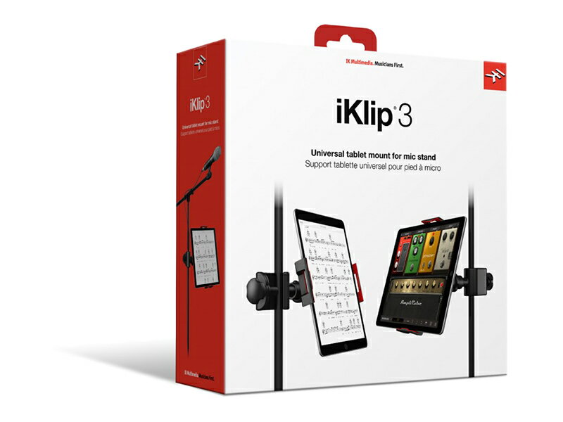 ステージ演奏をよりシンプルに ◆ iKlip 3 IK Multimedia は2011年にライブでタブレットを活用することを考案し、ミュージシャンがステージにモバイル・デバイスを持ち込む方法を変えました。7年の改良を経て、iKlip 3 はまた新たな方法で従来の紙の楽譜、コード譜、歌詞カードからお気に入りのアプリへの置き換えを提案します。iKlip 3 は、ステージ・パフォーマンスをよりシンプルにするための、新たなソリューションです。 もう大量の紙に困ることも、重たい機材を運ぶ必要もありません。iPad やタブレットに置き換えて、悩みを解決することができるのです。iKlip 3 は、歌手、ギタリスト、ドラマーに限らず、すべてのミュージシャンのための製品です。どこへ行くときも、あなたのクリエイティビティをサポートすることができるでしょう。 &nbsp;製品の主な特徴 ● iPad＆タブレット用のユニバーサルなマイク・スタンド・マウント 。 ● 最大5つの取り付け方法をご用意。正面、横向き、ブーム・スタンドへの取り付け（iKlip 3） ● 伸縮するアームにより7インチから12.9インチまでのさまざまなタブレットを、ケースの着脱なしで固定可能。 ● ボタンや接続ポートを阻害することのないスマートなデザイン。 ● ボール＆ソケット式のジョイント部により縦画面から横画面など360度の回転が可能。 ● 直径1.2インチ（30 mm）までのマイク・スタンドやポールに設置可能。 ● 頑丈なサーモ・プラスティックを使用し、信頼性と同時に軽量さを実現。 ● 改良されたラバー・グリップにより、タブレットに傷をつけずに安全かつ確実にグリップ可能。 ● アクセサリーやケーブルをデバイスから吊るすことなく固定可能なVelcro スロット。 ● これまでになくシンプルで素早く着脱可能なデザイン。 ● イタリアでのデザインによる、耐久性、実用性、ポータブル性を重視した開発。 ※上記製品仕様は2019年01月時点のものです。 随時更新するよう努めてはおりますが、最新状況は常に変動するため合わせてメーカーでもご確認下さい。　