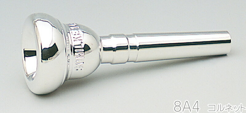 Shilke Cornet Mouthpieces Standard Series SP　シルキー コルネット用 マウスピース スタンダードシリーズ 銀メッキ仕上げ 創設者 Renold O.Shilke は、シカゴ交響楽団やWGN放送管弦楽団でトランペットのプレイヤーとして活躍してきました。彼の演奏家としての才能も素晴らしいものでしたが、プレイヤー時代からマウスピースの製作や楽器のチューンアップを行ってきました。トッププレイヤーとして活躍するかたわら、ノースウェスタン大学、デ・ポール大学、ルーズベルト大学等で教鞭を取り、この教育現場での経験から奏者に合ったマウスピースの必要性を感じ、その製作にあたったことが今日のシルキーの始まりです。 &nbsp; 【モデル】 8A4 【カップ内径】 16.2mm 【スロート】 26 【特徴】スロートの入り口がやや漏斗(じょうご)型になっており、4番のセミフラットリムにより優れた耐久性が得られます。 &nbsp; &nbsp; &nbsp;例：14A4aのモデルのそれぞれの部分を【14】【A】【4】【a】とすると 【14】...最初の数字は、カップの内径を表します。カップの直径は5〜24まであり5番が一番小さく内径15.84mmで24番は18.29mmです。つまり1番違うごとに約0.122mmの差があります。 【A】...大文字のアルファベットはカップの深さを示します。Aはシャロー、Eが最大のディーカップです。 【4】...この数字はリムの形状を表します。1は丸みのあるリム、3が中庸で、5はフラットリムです。 【a】...最後の小文字のアルファベットは、バックボアの形状を表します。aはスロートから5mmくらい狭い形状、cがスタンダード、eは大きなバックボアを示します。 &nbsp; &nbsp;※細かい仕様が画像と異なる場合がございます。また全てのメーカー、全ての型番の楽器の装着ができる訳ではございません。装着について返品/交換はできません。 &nbsp;〜ラインナップ〜モデル/カップ形/スロート 5A4　15.84mm　27　小さなカップ径により高音域が出やすくなります。ピッコロ用として人気で、コルネットシャンクのみです。 6A4a　15.99mm　26　超高音に適した小さく浅いAカップと#4のクッションリム 7B4　16.08mm　27　唇の薄いプレイヤーに最適。4番リムにより耐久性と明るい音が得られます。 8A4　16.2mm　26　スロートの入り口がやや漏斗(じょうご)型になっており、4番のセミフラットリムにより優れた耐久性が得られます。 8E2　16.15mm　26　深い漏斗(じょうご)型カップにより滑らかな音が得られ、全音域で柔軟性があります。コルネット奏者におすすめです。 9　16.33mm　26　標準的な特性で音がよく通るマウスピースです。 9C4　16.36mm　26　9と似ていますが4番のセミフラットリムで優れた耐久性が得られます。 10A4a　16.43mm　27　浅いAカカブ、セミフラットの4リム、タイトなaバックボアの組み合わせにより、高音域の演奏に適しています。 10A4 16.43mm　27　10A4aと似ていますが、バックボアがスタンダードのcになっているので、抵抗が減ります。 10B4　16.43mm　26　ミディアムスモールで漏斗(じょうご)型のBカップが豊かな音色を生み、高音域もサポートします。 11A　16.51mm　26　リムサイズや形状は11と同じですが浅いAカップになっています。 11Ax　16.51mm　27　シルキーピッコロトランペット向け1こ開発されました。Xバックボアにより演奏しやすくなると同時にソレキーピッコロトランペットの音色を引き出すことができます。 11C2　16.51mm　26　11に似ていますがやや丸みのある2番リムが特徴です。 11　16.53mm　26　スタンダードサイズで吹き易い優れたマウスピースです。 11D4　16.58mm　26　11よりやや深く、4番のセミフラットリムを持ち、耐久性に優れています。 11E　16.58mm　26　大きな漏斗(じょうご)型カップにより大きく丸みのある音が可能でコルネットに適しています。 12A4a　16.71mm　27　12B4に似ていますが、浅いAカップとタイトなaバックボアなので耐久性を向上させ、音域もサポートします。 12A4　16.71mm　27　12A4aに同じですが、標準のcバックボアです。 12B4　16.71mm　26　ミディアムスモール/の円錐型Bカップが豊かな音を生み、4番のセミフラットリムが耐久性を高めます。 12　16.69mm　26　中庸で標準的なCカップ、3番リム、cバックボアで豊かな音が出ます。 13A4a　16.76mm　27　浅いAカップ、セミフラットの4リム、タイトなaバックボアで、リードプレイヤーに適したマウスピースです。 13A4　16.76mm　27　13A4aに似ていますが標準のcバックボアで、息がより入りやすくなる感じが得られます。 13B　16.77mm　26　13A4よりやや深くなるBカップと狭く丸みがあるリムです。 13C4　16.89mm　26　漏斗(じょうご)型の カップといくらか鋭い内側のエッジによりクリアな音となり、4セミフラットリムが耐久性を高めます。 14A4a　17.09mm　27　とても人気の高いモデルです。浅いAカップ、セミフラットの4番リム、そしてタイトなaバックボアにより、大きな音を維持しつつ強力な高音域が可能です。 14A4　17.09mm　27　14A4aに同じですが、標準のcバックボアなのでややオープンな吹奏感になリます。 14A4x　17.09mm　27　人気の14A4aを元にしながら、大きな&rdquo;x&quot;バックボアの採用によって非常に才ープンな吹奏感が得られます。シルキー&middot;ピッコロトランペットの吹奏感と音色を高めます。E♭コルネットにも適しています。 14B　17.02mm 　26　14に似ていますがBノミディアムスケールデ浅いカップです。 14C2　17.02mm　26　標準のCカップとやや丸みのある2番リムで、芯のある大きな音が出ます。 14　17.02mm　26　スタンダードのリム、カップ、バックボアでオールラウンドに使用できるマウスピースです。 15A4a　17.14mm　27　ハーイトーン向きの浅いAカップとタイトなaバックボアを持つ、大きめの直径のマウスピースです。 15A4　17.14mm　27　15A4aと似ていますが、やや開いて吹きやすいcバックボアです。 15B　17.12mm　26　15と似ていますが浅いミディアムスモールの カップで明るい音質となります。 15　17.12mm　26　優れたオールラウンドのマウスピースで吹きやすくクリアなサウンドとなります。 15C4　17.14mm　26　15に似ていますが、セミフラットの4番リムで耐久性がアップします。 16C2　17.20mm　26　16に似ていますが2番リムであることにより柔軟性がより高いモデルです。 16C4　17.20mm　26　16と似ていますが4番のセミフラットリムで耐久性がアップします。 16　17.20mm　26　標準サイズから構成されており、十分な息の入るミディアムラージのカップ径のマウスピースです。 17　17.33mm　26　優れたミディラムラージ径のマウスピースです。 17D4　17.33mm　26　17に似ていますがより深いDのカップと耐久性を高める4番のセミフラットリムでできています。 17D4d　17.33mm　26　dバックボアにより17D4より息がより多く入ります。 18　17.52mm　26　リムの頂点が中央寄りなので小さく感じられます。標準サイズの特性を持ち豊かで輝かしい音が得られます。 18C3d　17.52mm　26　18に似ていますが、大きなdバックボアで更に大きなドイツサウンドを生み出します。 19　17.65mm　26　Cカップで3番リム、そして標準のcバックボアで、20より若干小さいカップ径です。 20　17.78mm　26　強靭なアンブシュア向きの大きなカップ径です。 20D2d　17.73mm　26　20と直径は近いですが、大きなDカップと2番のセミラウンドリム、より大きなdバックボアです。 22　18.03mm　26　20より少し大きなカップ径で、更に大きな音が出ます。 24　18.29mm　26　良く訓練された奏者向けの最大のカップ径で、特に大きなボリュームの音を生み出します。