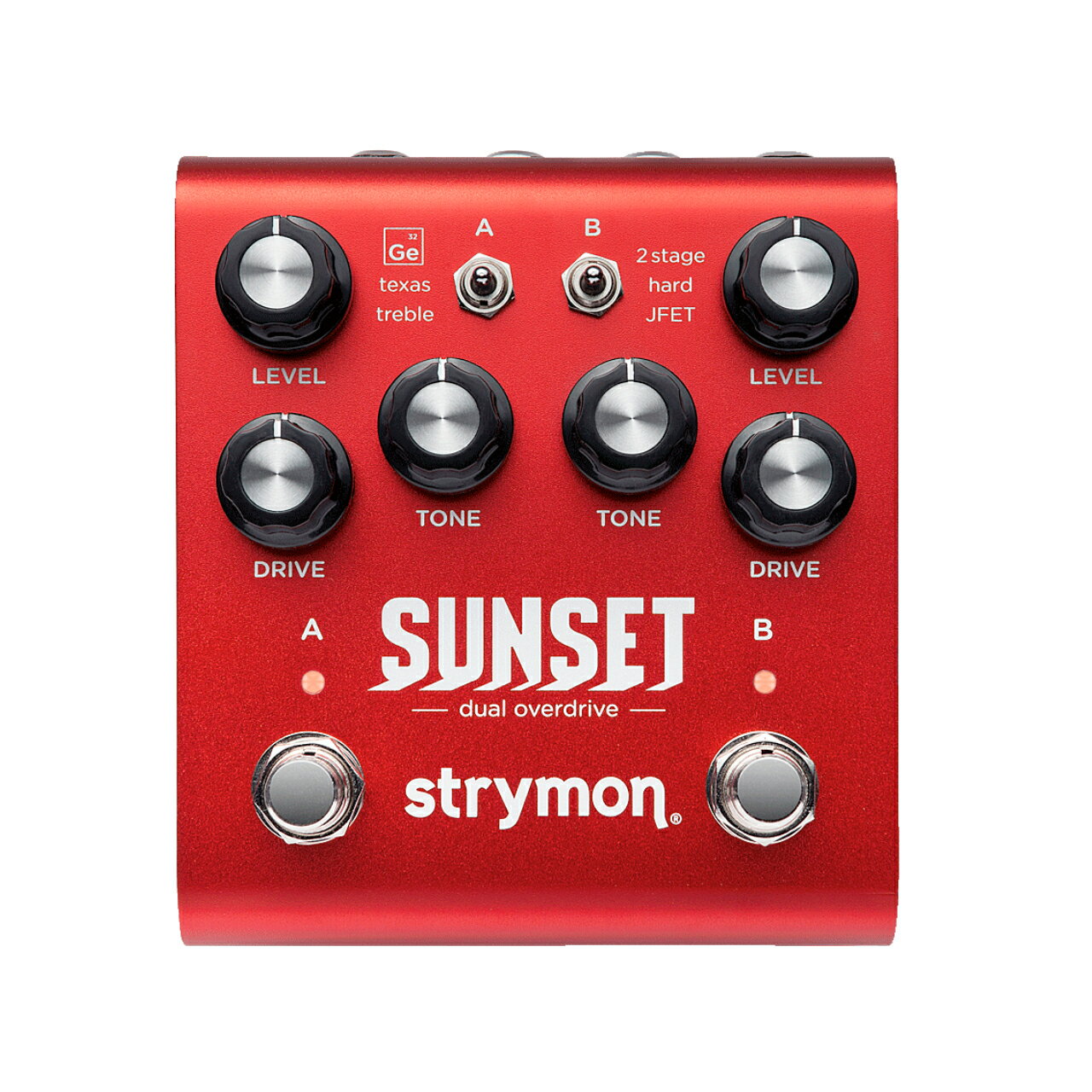 デュアル・オーバードライブ strymon ( ストライモン ) 　SUNSET dual overdrive &nbsp; Sunsetは、最高峰のクラシック・オーバードライブ回路トポロジーを数々再現しており、プレーヤーに愛されてきた膨大なレンジのトーンを即座に呼び出すことに成功しました。我々は、それらの6タイプがカバーする膨大なレンジのオーバードライブを、A＆Bの2チャンネルにまとめました。 &nbsp; ・ドライブ回路トポロジーに、それぞれ異なるカスタム・ボイシングを採用しました。 ・ドライブ回路は直列スタッキングによる、複雑に絡み合うレスポンシブな歪みトーンをクリエイトできます。 ・アナログ class A JFETの入力段ステージが最大ヘッドルームを保ち、最大20dBのシグナル・ゲインを実現しました。 ・Drive &amp; Toneコントロールは、各回路トポロジーに沿ってサウンドをコントロールします。 ・シリーズ、リバース・シリーズ、パラレルのチャンネル接続方法が選択できます。 ・接続するアンプによってトーンを調整できるBright switch（ブライト・スイッチ）を備えています。 ・スレショルド設定が可能なノイズ・リダクション機能 &nbsp; バイパス：トゥルー・バイパス（アナログ・バッファード・バイパスに設定可能） 入力電圧：9VDC センターマイナス、250mA サイズ・重量：102mm（幅）&times;117mm（縦）&times;67mm（高）※突起部含む / 450g 軽量、堅牢なアルマイト処理アルミシャーシを採用 Made in USA　