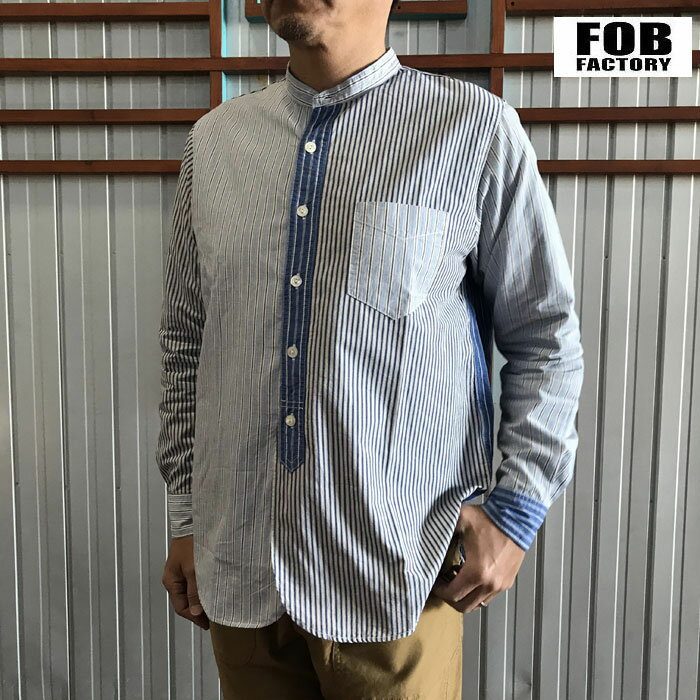 Rakuten - FOB FACTORY 　エフオービーファクトリー【SALE】F3476 CRAZY STRIPE BANDCOLLAR SHIRTS クレイジーストライプバンドカラーシャツ　Blue Multi