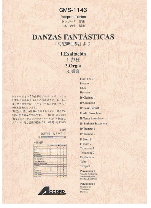 楽譜　トゥリーナ／「幻想舞曲集」より 1.熱狂、3.饗宴 GMS-1143／吹奏楽 小編成 T:10'20''／G3