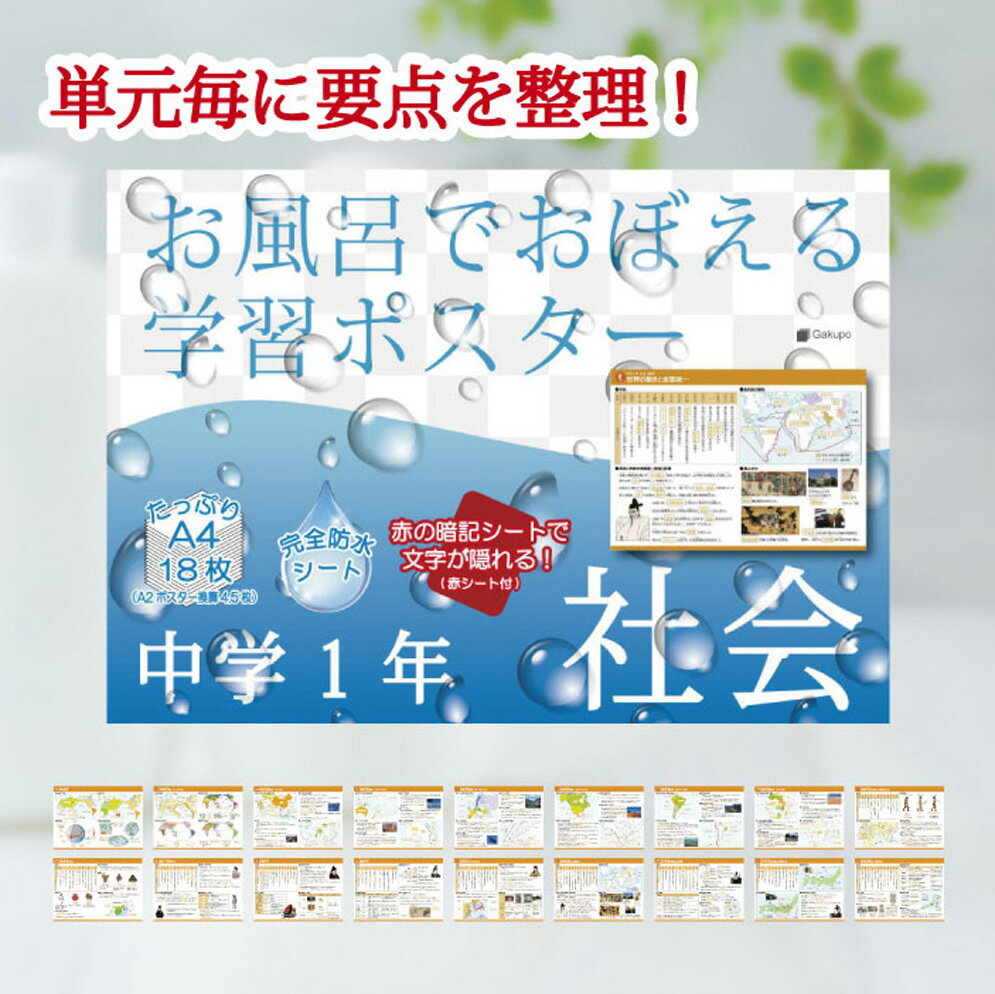 Gakupo お風呂でおぼえる学習ポスター 中学1年社会（暗記シート付） 地理 歴史 教材 防水