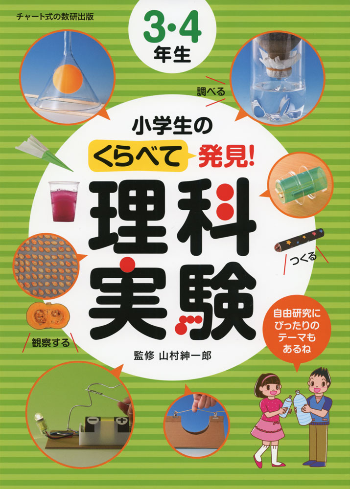 小学生の くらべて発見! 理科実験 3・4年生ISBN10：4-410-13835-9ISBN13：978-4-410-13835-5著作：山村紳一郎 監出版社：数研出版発行日：2015年7月9日仕様：B5判対象：小学向家庭でできて、年中つかえる理科の実験集。それぞれの実験は、実験で調べるテーマ、むずかしさの目安、かかる時間、用意するもの、実験の手順やポイント、くらべる実験の例、実験の結果がなぜそうなるのかの解説、同じテーマの実験などを掲載。