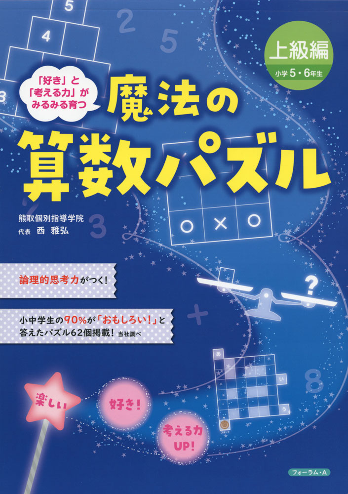 魔法の算数パズル 上級編 小学5・6年生「好き」と「考える力」がみるみる育つISBN10：4-86708-044-6ISBN13：978-4-86708-044-3著作：西雅弘 著出版社：フォーラム・A発行日：2021年8月23日仕様：B5判対象：小学向「楽しく」「数字を使って」「考える」パズルを62個掲載。
