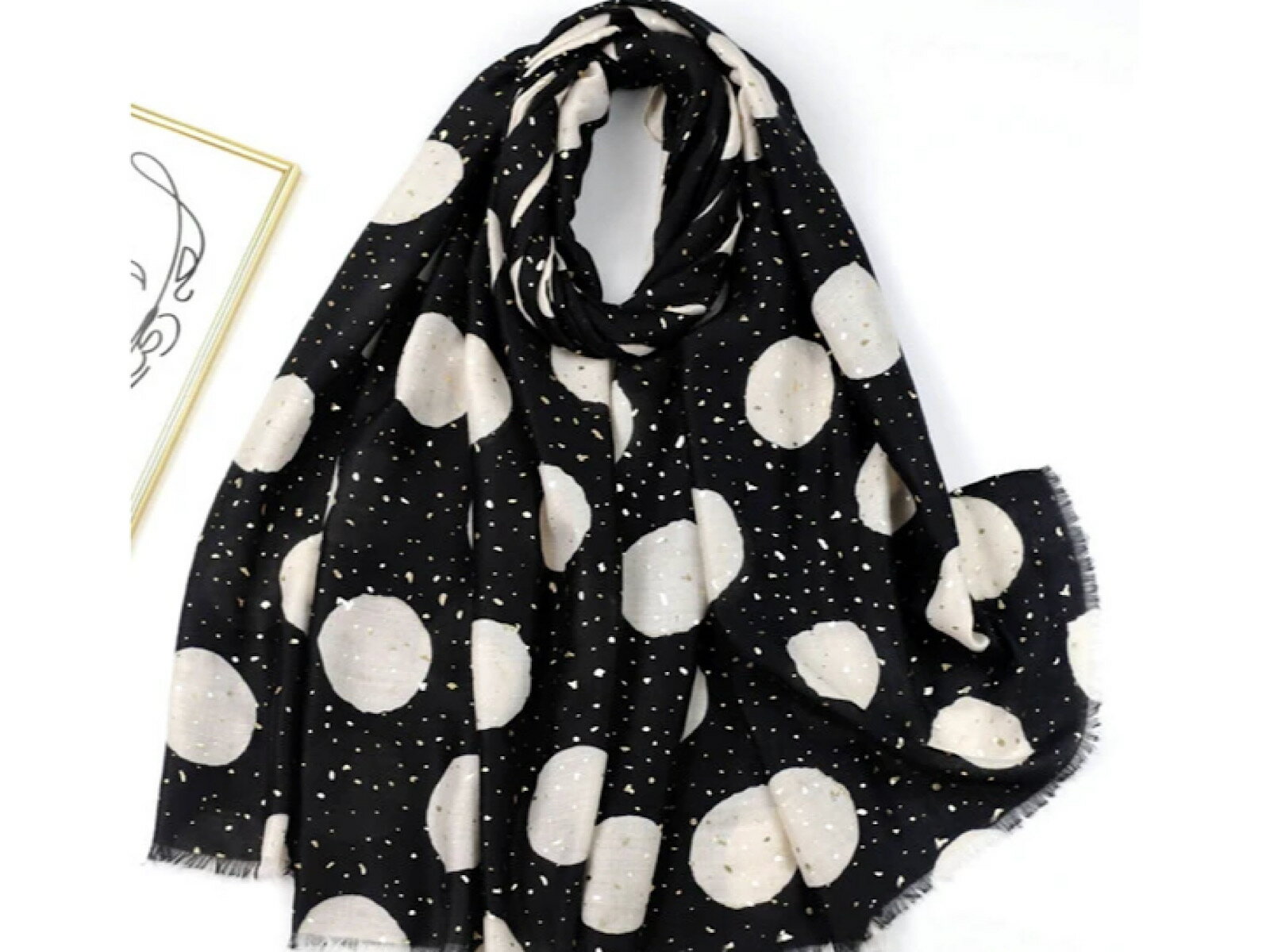 【送料無料】大判薄型 金箔加工 水玉 ドット柄 ストール スカーフ
