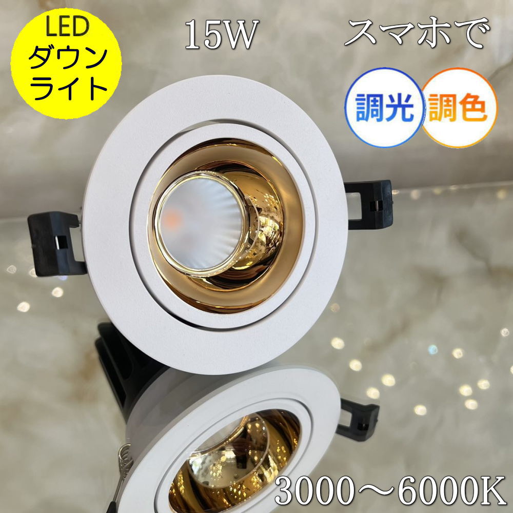 Rakuten - 【期間限定pt3倍】 ダウンライト 15ワット led 調光 調色 スマホ操作 LED シルバー ゴールド 暖色 白色 角度調整可 シンプル おしゃれ 安い 北欧 アンティーク 3000K 6000K グラデーション ジャンピング 常夜灯 リラックス
